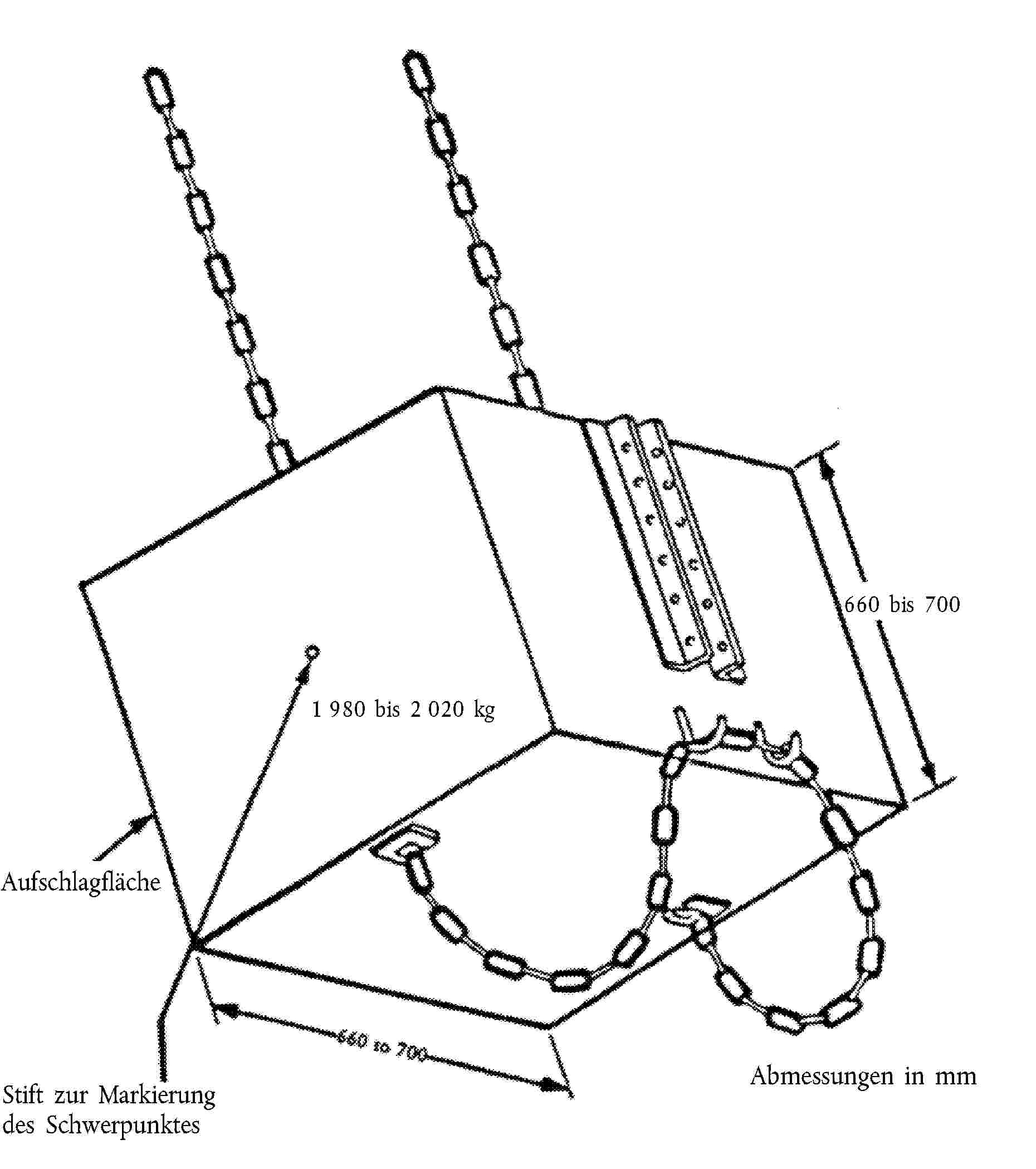 AufschlagflächeStift zur Markierung des SchwerpunktesAbmessungen in mm1 980 bis 2 020 kg660 bis 700660 bis 700