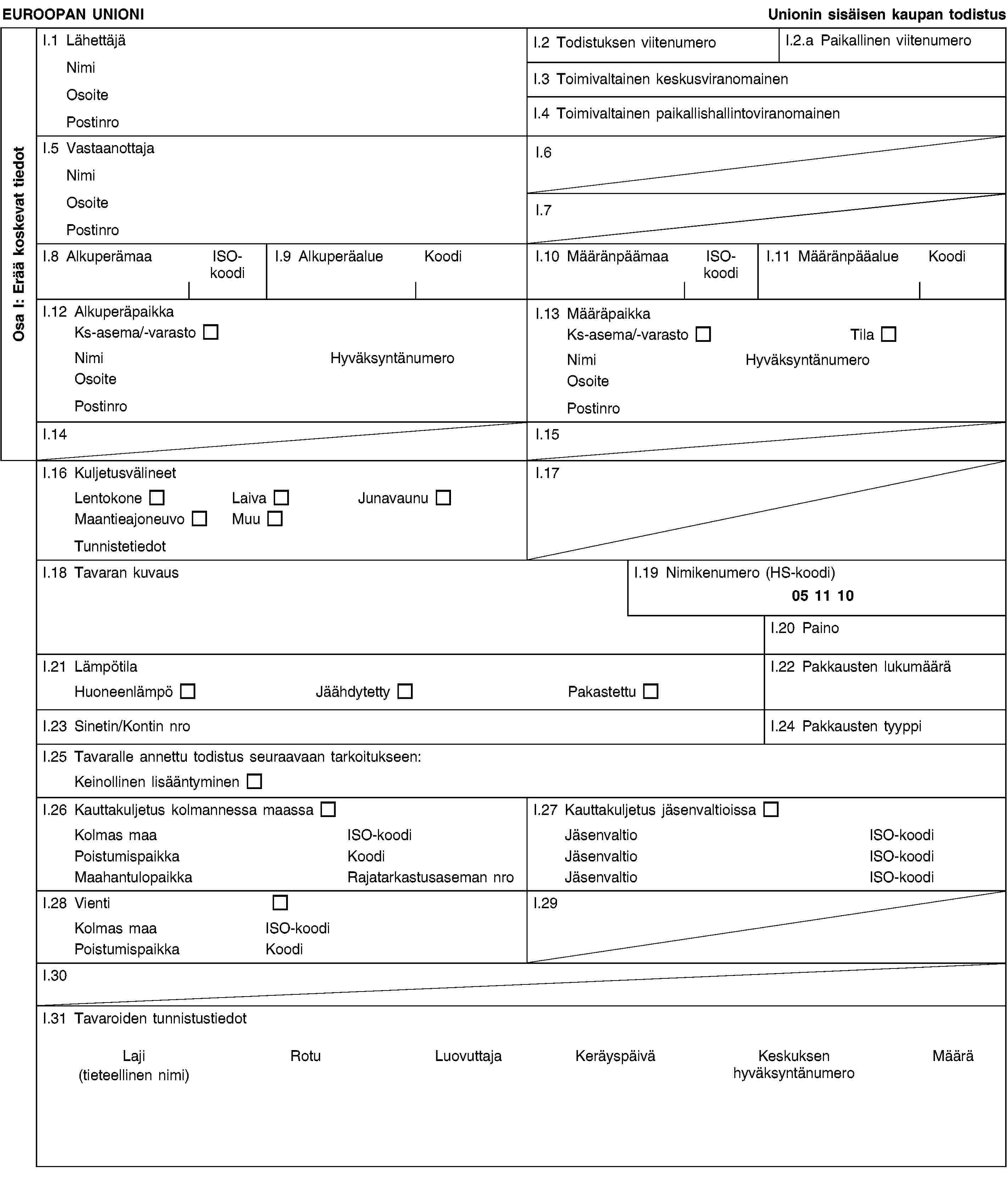 Osa I: Erää koskevat tiedotEUROOPAN UNIONIUnionin sisäisen kaupan todistusI.1 LähettäjäNimiOsoitePostinroI.2 Todistuksen viitenumeroI.2.a Paikallinen viitenumeroI.3 Toimivaltainen keskusviranomainenI.4 Toimivaltainen paikallishallintoviranomainenI.5 VastaanottajaNimiOsoitePostinroI.6I.7I.8 AlkuperämaaISO-koodiI.9 AlkuperäalueKoodiI.10 MääränpäämaaISO-koodiI.11 MääränpääalueKoodiI.12 AlkuperäpaikkaKs-asema/-varastoNimiHyväksyntänumeroOsoitePostinroI.13 MääräpaikkaKs-asema/-varastoTilaNimiHyväksyntänumeroOsoitePostinroI.14I.15I.16 KuljetusvälineetLentokoneLaivaJunavaunuMaantieajoneuvoMuuTunnistetiedotI.17I.18 Tavaran kuvausI.19 Nimikenumero (HS-koodi)05 11 10I.20 PainoI.21 LämpötilaHuoneenlämpöJäähdytettyPakastettuI.22 Pakkausten lukumääräI.23 Sinetin/Kontin nroI.24 Pakkausten tyyppiI.25 Tavaralle annettu todistus seuraavaan tarkoitukseen:Keinollinen lisääntyminenI.26 Kauttakuljetus kolmannessa maassaKolmas maaISO-koodiPoistumispaikkaKoodiMaahantulopaikkaRajatarkastusaseman nroI.27 Kauttakuljetus jäsenvaltioissaJäsenvaltioISO-koodiJäsenvaltioISO-koodiJäsenvaltioISO-koodiI.28 VientiKolmas maaISO-koodiPoistumispaikkaKoodiI.29I.30I.31 Tavaroiden tunnistustiedotLaji(tieteellinen nimi)RotuLuovuttajaKeräyspäiväKeskuksen hyväksyntänumeroMäärä