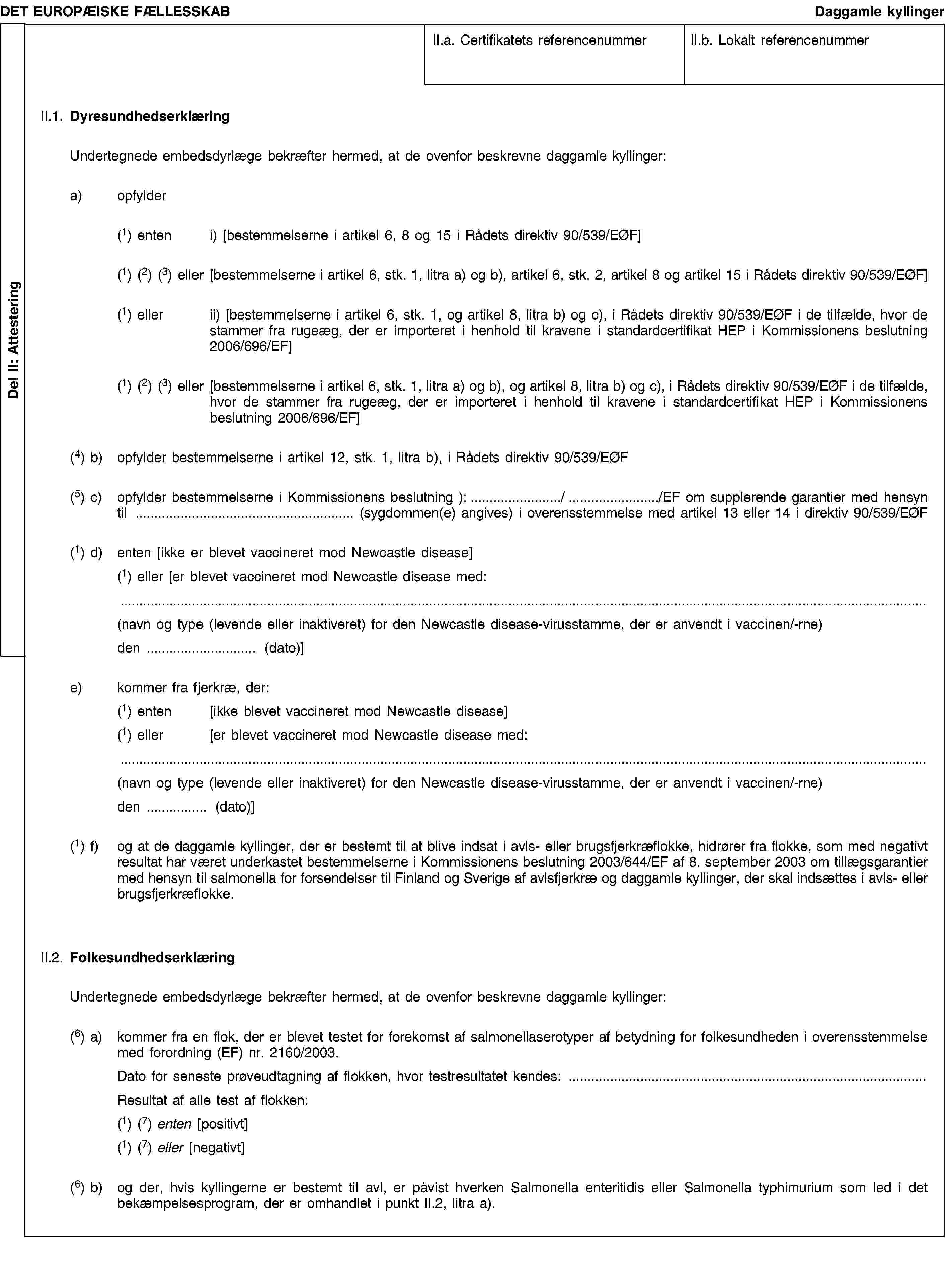 Del II: AttesteringDET EUROPÆISKE FÆLLESSKABDaggamle kyllingerII.a. Certifikatets referencenummerII.b. Lokalt referencenummerII.1. DyresundhedserklæringUndertegnede embedsdyrlæge bekræfter hermed, at de ovenfor beskrevne daggamle kyllinger:a) opfylder(1) enten i) [bestemmelserne i artikel 6, 8 og 15 i Rådets direktiv 90/539/EØF](1) (2) (3) eller [bestemmelserne i artikel 6, stk. 1, litra a) og b), artikel 6, stk. 2, artikel 8 og artikel 15 i Rådets direktiv 90/539/EØF](1) eller ii) [bestemmelserne i artikel 6, stk. 1, og artikel 8, litra b) og c), i Rådets direktiv 90/539/EØF i de tilfælde, hvor de stammer fra rugeæg, der er importeret i henhold til kravene i standardcertifikat HEP i Kommissionens beslutning 2006/696/EF](1) (2) (3) eller [bestemmelserne i artikel 6, stk. 1, litra a) og b), og artikel 8, litra b) og c), i Rådets direktiv 90/539/EØF i de tilfælde, hvor de stammer fra rugeæg, der er importeret i henhold til kravene i standardcertifikat HEP i Kommissionens beslutning 2006/696/EF](4) b) opfylder bestemmelserne i artikel 12, stk. 1, litra b), i Rådets direktiv 90/539/EØF(5) c) opfylder bestemmelserne i Kommissionens beslutning )://EF om supplerende garantier med hensyn til (sygdommen(e) angives) i overensstemmelse med artikel 13 eller 14 i direktiv 90/539/EØF(1) d) enten [ikke er blevet vaccineret mod Newcastle disease](1) eller [er blevet vaccineret mod Newcastle disease med:(navn og type (levende eller inaktiveret) for den Newcastle disease-virusstamme, der er anvendt i vaccinen/-rne)den (dato)]e) kommer fra fjerkræ, der:(1) enten [ikke blevet vaccineret mod Newcastle disease](1) eller [er blevet vaccineret mod Newcastle disease med:(navn og type (levende eller inaktiveret) for den Newcastle disease-virusstamme, der er anvendt i vaccinen/-rne)den (dato)](1) f) og at de daggamle kyllinger, der er bestemt til at blive indsat i avls- eller brugsfjerkræflokke, hidrører fra flokke, som med negativt resultat har været underkastet bestemmelserne i Kommissionens beslutning 2003/644/EF af 8. september 2003 om tillægsgarantier med hensyn til salmonella for forsendelser til Finland og Sverige af avlsfjerkræ og daggamle kyllinger, der skal indsættes i avls- eller brugsfjerkræflokke.II.2. FolkesundhedserklæringUndertegnede embedsdyrlæge bekræfter hermed, at de ovenfor beskrevne daggamle kyllinger:(6) a) kommer fra en flok, der er blevet testet for forekomst af salmonellaserotyper af betydning for folkesundheden i overensstemmelse med forordning (EF) nr. 2160/2003.Dato for seneste prøveudtagning af flokken, hvor testresultatet kendes:Resultat af alle test af flokken:(1) (7) enten [positivt](1) (7) eller [negativt](6) b) og der, hvis kyllingerne er bestemt til avl, er påvist hverken Salmonella enteritidis eller Salmonella typhimurium som led i det bekæmpelsesprogram, der er omhandlet i punkt II.2, litra a).