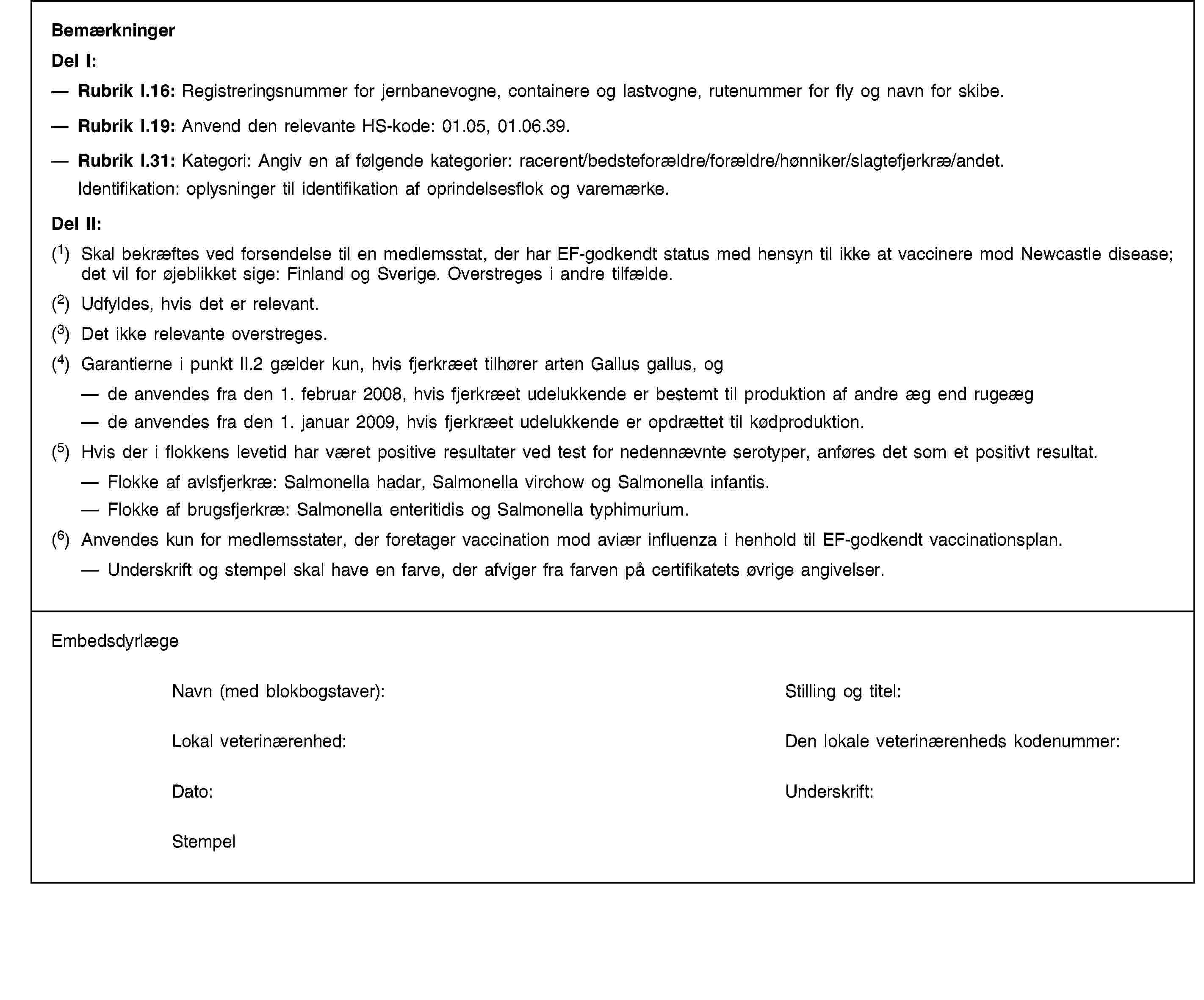 BemærkningerDel I:Rubrik I.16: Registreringsnummer for jernbanevogne, containere og lastvogne, rutenummer for fly og navn for skibe.Rubrik I.19: Anvend den relevante HS-kode: 01.05, 01.06.39.Rubrik I.31: Kategori: Angiv en af følgende kategorier: racerent/bedsteforældre/forældre/hønniker/slagtefjerkræ/andet.Identifikation: oplysninger til identifikation af oprindelsesflok og varemærke.Del II:(1) Skal bekræftes ved forsendelse til en medlemsstat, der har EF-godkendt status med hensyn til ikke at vaccinere mod Newcastle disease; det vil for øjeblikket sige: Finland og Sverige. Overstreges i andre tilfælde.(2) Udfyldes, hvis det er relevant.(3) Det ikke relevante overstreges.(4) Garantierne i punkt II.2 gælder kun, hvis fjerkræet tilhører arten Gallus gallus, ogde anvendes fra den 1. februar 2008, hvis fjerkræet udelukkende er bestemt til produktion af andre æg end rugeægde anvendes fra den 1. januar 2009, hvis fjerkræet udelukkende er opdrættet til kødproduktion.(5) Hvis der i flokkens levetid har været positive resultater ved test for nedennævnte serotyper, anføres det som et positivt resultat.Flokke af avlsfjerkræ: Salmonella hadar, Salmonella virchow og Salmonella infantis.Flokke af brugsfjerkræ: Salmonella enteritidis og Salmonella typhimurium.(6) Anvendes kun for medlemsstater, der foretager vaccination mod aviær influenza i henhold til EF-godkendt vaccinationsplan.Underskrift og stempel skal have en farve, der afviger fra farven på certifikatets øvrige angivelser.EmbedsdyrlægeNavn (med blokbogstaver):Stilling og titel:Lokal veterinærenhed:Den lokale veterinærenheds kodenummer:Dato:Underskrift:Stempel