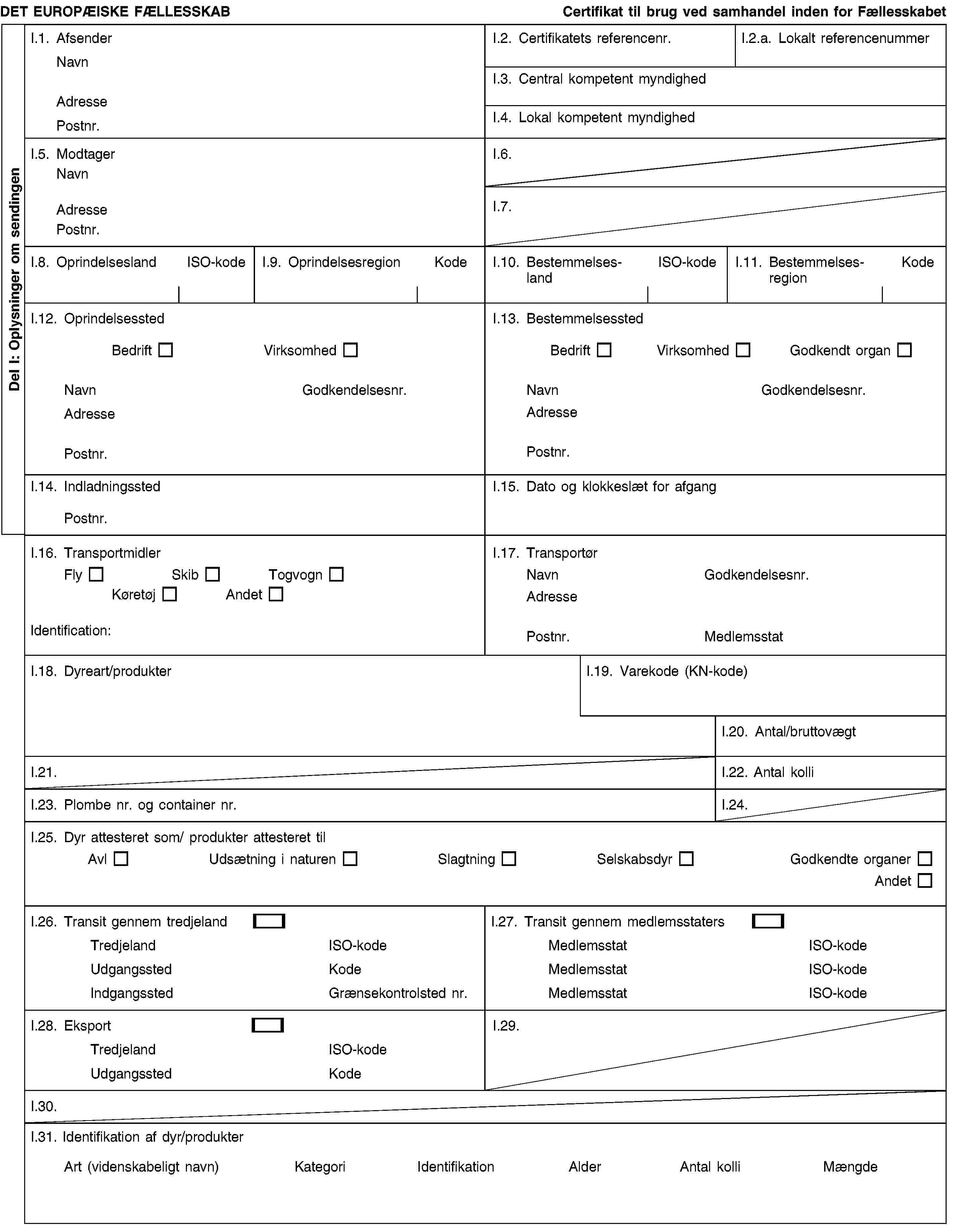 Del I: Oplysninger om sendingenDET EUROPÆISKE FÆLLESSKABCertifikat til brug ved samhandel inden for FællesskabetI.1. AfsenderNavnAdressePostnr.I.2. Certifikatets referencenr.I.2.a. Lokalt referencenummerI.3. Central kompetent myndighedI.4. Lokal kompetent myndighedI.5. ModtagerNavnAdressePostnr.I.6.I.7.I.8. OprindelseslandISO-kodeI.9. OprindelsesregionKodeI.10. BestemmelseslandISO-kodeI.11. BestemmelsesregionKodeI.12. OprindelsesstedBedriftVirksomhedNavnGodkendelsesnr.AdressePostnr.I.13. BestemmelsesstedBedriftVirksomhedGodkendt organNavnGodkendelsesnr.AdressePostnr.I.14. IndladningsstedPostnr.I.15. Dato og klokkeslæt for afgangI.16. TransportmidlerFlySkibTogvognKøretøjAndetIdentification:I.17. TransportørNavnGodkendelsesnr.AdressePostnr.MedlemsstatI.18. Dyreart/produkterI.19. Varekode (KN-kode)I.20. Antal/bruttovægtI.21.I.22. Antal kolliI.23. Plombe nr. og container nr.I.24.I.25. Dyr attesteret som/ produkter attesteret tilAvlUdsætning i naturenSlagtningSelskabsdyrGodkendte organerAndetI.26. Transit gennem tredjelandTredjelandISO-kodeUdgangsstedKodeIndgangsstedGrænsekontrolsted nr.I.27. Transit gennem medlemsstatersMedlemsstatISO-kodeMedlemsstatISO-kodeMedlemsstatISO-kodeI.28. EksportTredjelandISO-kodeUdgangsstedKodeI.29.I.30.I.31. Identifikation af dyr/produkterArt (videnskabeligt navn)KategoriIdentifikationAlderAntal kolliMængde