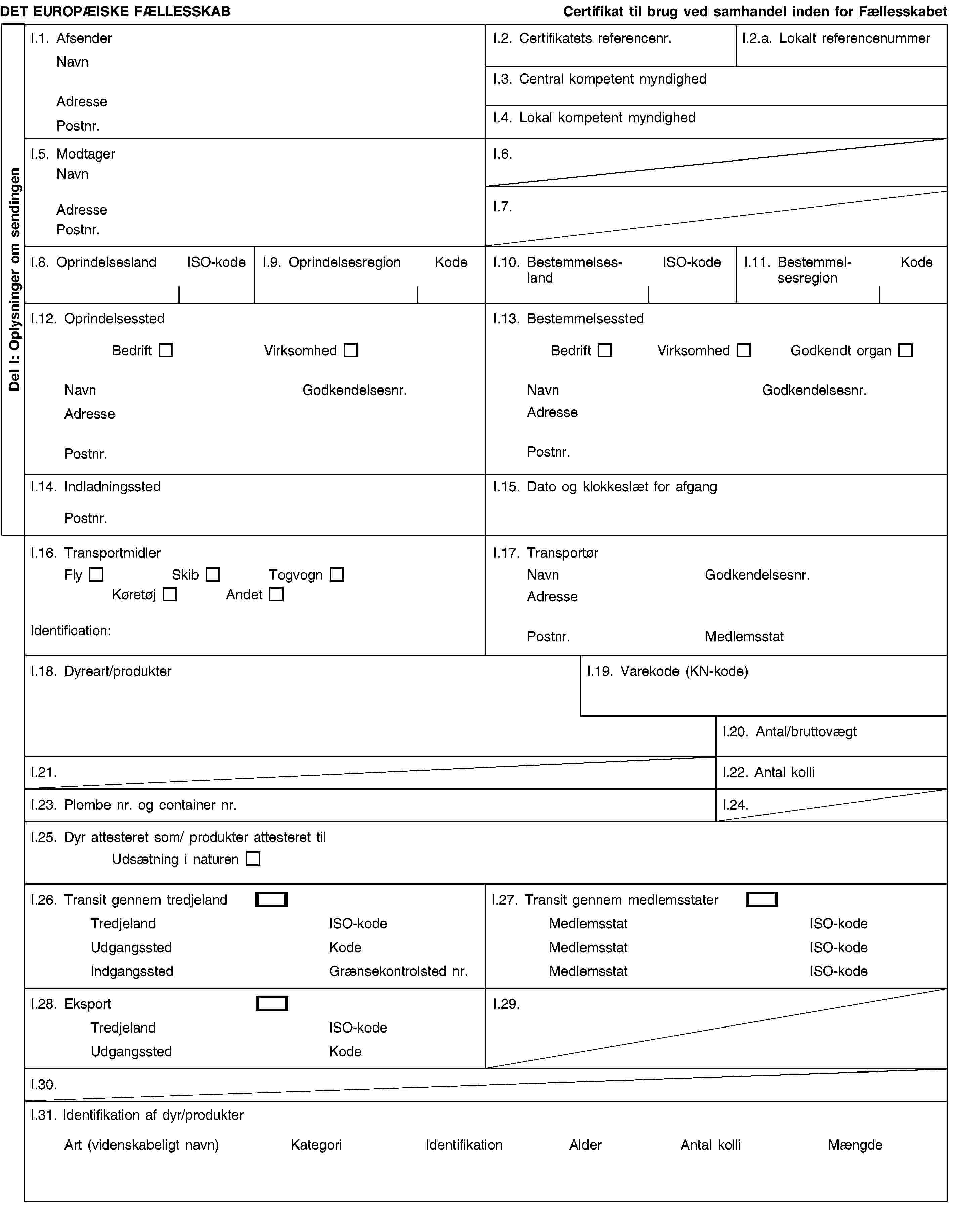 Del I: Oplysninger om sendingenDET EUROPÆISKE FÆLLESSKABCertifikat til brug ved samhandel inden for FællesskabetI.1. AfsenderNavnAdressePostnr.I.2. Certifikatets referencenr.I.2.a. Lokalt referencenummerI.3. Central kompetent myndighedI.4. Lokal kompetent myndighedI.5. ModtagerNavnAdressePostnr.I.6.I.7.I.8. OprindelseslandISO-kodeI.9. OprindelsesregionKodeI.10. BestemmelseslandISO-kodeI.11. BestemmelsesregionKodeI.12. OprindelsesstedBedriftVirksomhedNavnGodkendelsesnr.AdressePostnr.I.13. BestemmelsesstedBedriftVirksomhedGodkendt organNavnGodkendelsesnr.AdressePostnr.I.14. IndladningsstedPostnr.I.15. Dato og klokkeslæt for afgangI.16. TransportmidlerFlySkibTogvognKøretøjAndetIdentification:I.17. TransportørNavnGodkendelsesnr.AdressePostnr.MedlemsstatI.18. Dyreart/produkterI.19. Varekode (KN-kode)I.20. Antal/bruttovægtI.21.I.22. Antal kolliI.23. Plombe nr. og container nr.I.24.I.25. Dyr attesteret som/ produkter attesteret tilUdsætning i naturenI.26. Transit gennem tredjelandTredjelandISO-kodeUdgangsstedKodeIndgangsstedGrænsekontrolsted nr.I.27. Transit gennem medlemsstaterMedlemsstatISO-kodeMedlemsstatISO-kodeMedlemsstatISO-kodeI.28. EksportTredjelandISO-kodeUdgangsstedKodeI.29.I.30.I.31. Identifikation af dyr/produkterArt (videnskabeligt navn)KategoriIdentifikationAlderAntal kolliMængde