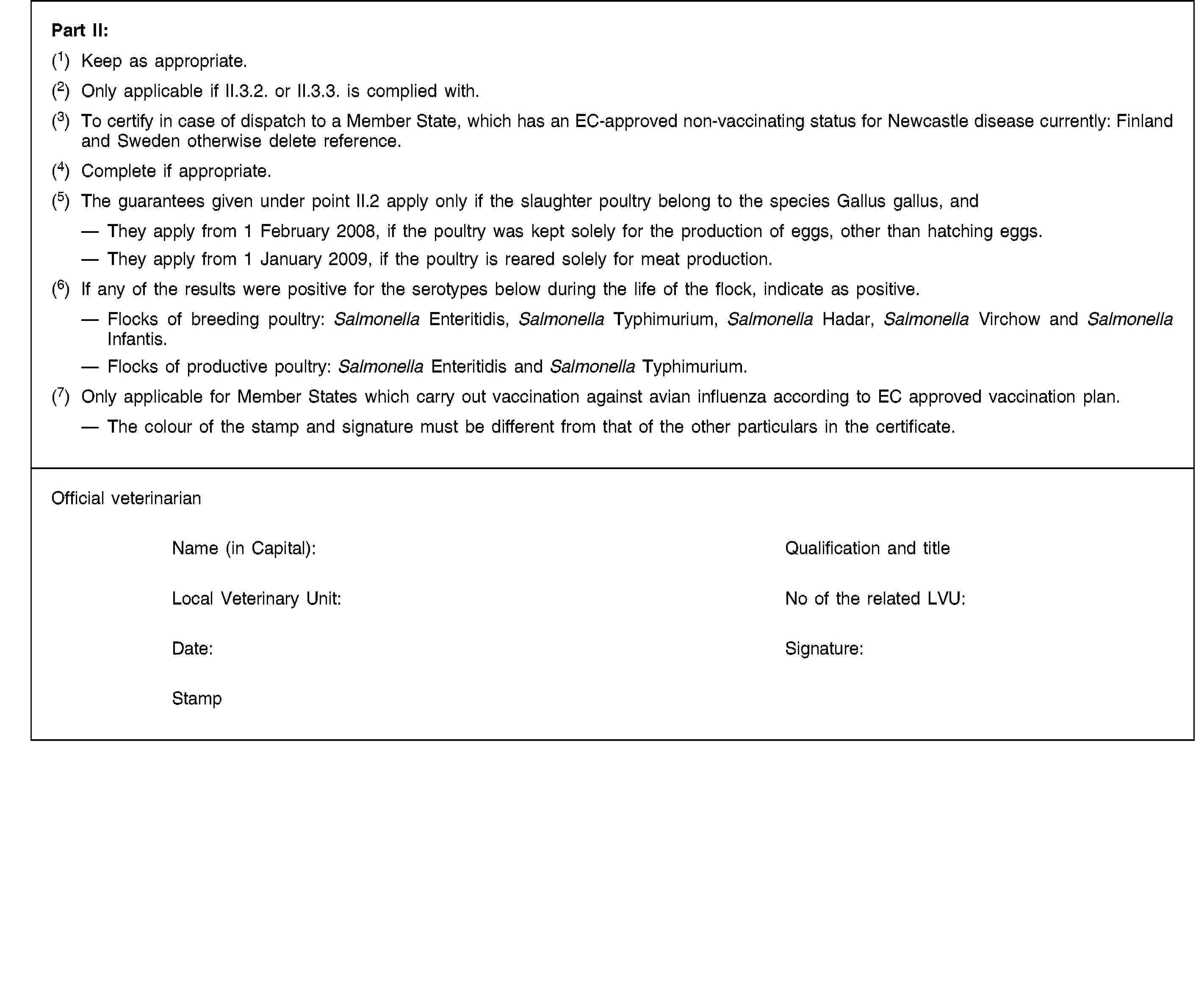 Part II:(1) Keep as appropriate.(2) Only applicable if II.3.2. or II.3.3. is complied with.(3) To certify in case of dispatch to a Member State, which has an EC-approved non-vaccinating status for Newcastle disease currently: Finland and Sweden otherwise delete reference.(4) Complete if appropriate.(5) The guarantees given under point II.2 apply only if the slaughter poultry belong to the species Gallus gallus, andThey apply from 1 February 2008, if the poultry was kept solely for the production of eggs, other than hatching eggs.They apply from 1 January 2009, if the poultry is reared solely for meat production.(6) If any of the results were positive for the serotypes below during the life of the flock, indicate as positive.Flocks of breeding poultry: Salmonella Enteritidis, Salmonella Typhimurium, Salmonella Hadar, Salmonella Virchow and Salmonella Infantis.Flocks of productive poultry: Salmonella Enteritidis and Salmonella Typhimurium.(7) Only applicable for Member States which carry out vaccination against avian influenza according to EC approved vaccination plan.The colour of the stamp and signature must be different from that of the other particulars in the certificate.Official veterinarianName (in Capital):Qualification and titleLocal Veterinary Unit:No of the related LVU:Date:Signature:Stamp