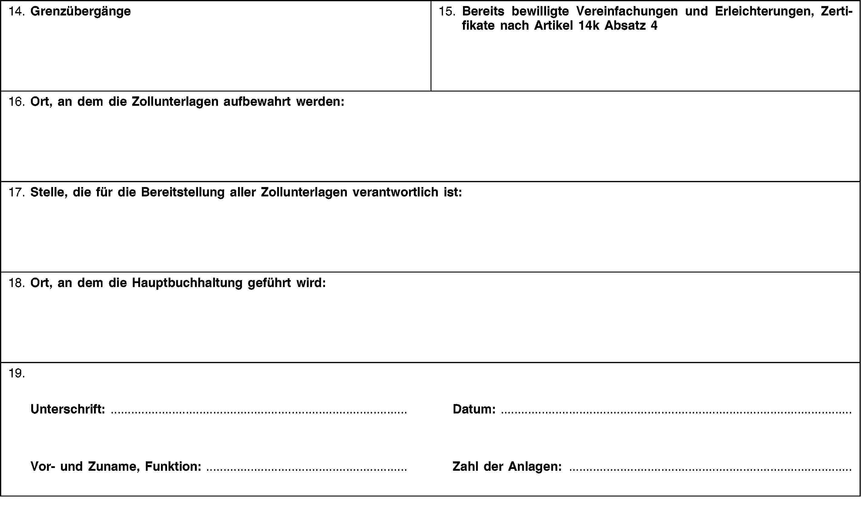 14. Grenzübergänge15. Bereits bewilligte Vereinfachungen und Erleichterungen, Zertifikate nach Artikel 14k Absatz 416. Ort, an dem die Zollunterlagen aufbewahrt werden:17. Stelle, die für die Bereitstellung aller Zollunterlagen verantwortlich ist:18. Ort, an dem die Hauptbuchhaltung geführt wird:19.Unterschrift:Vor- und Zuname, Funktion:Datum:Zahl der Anlagen: