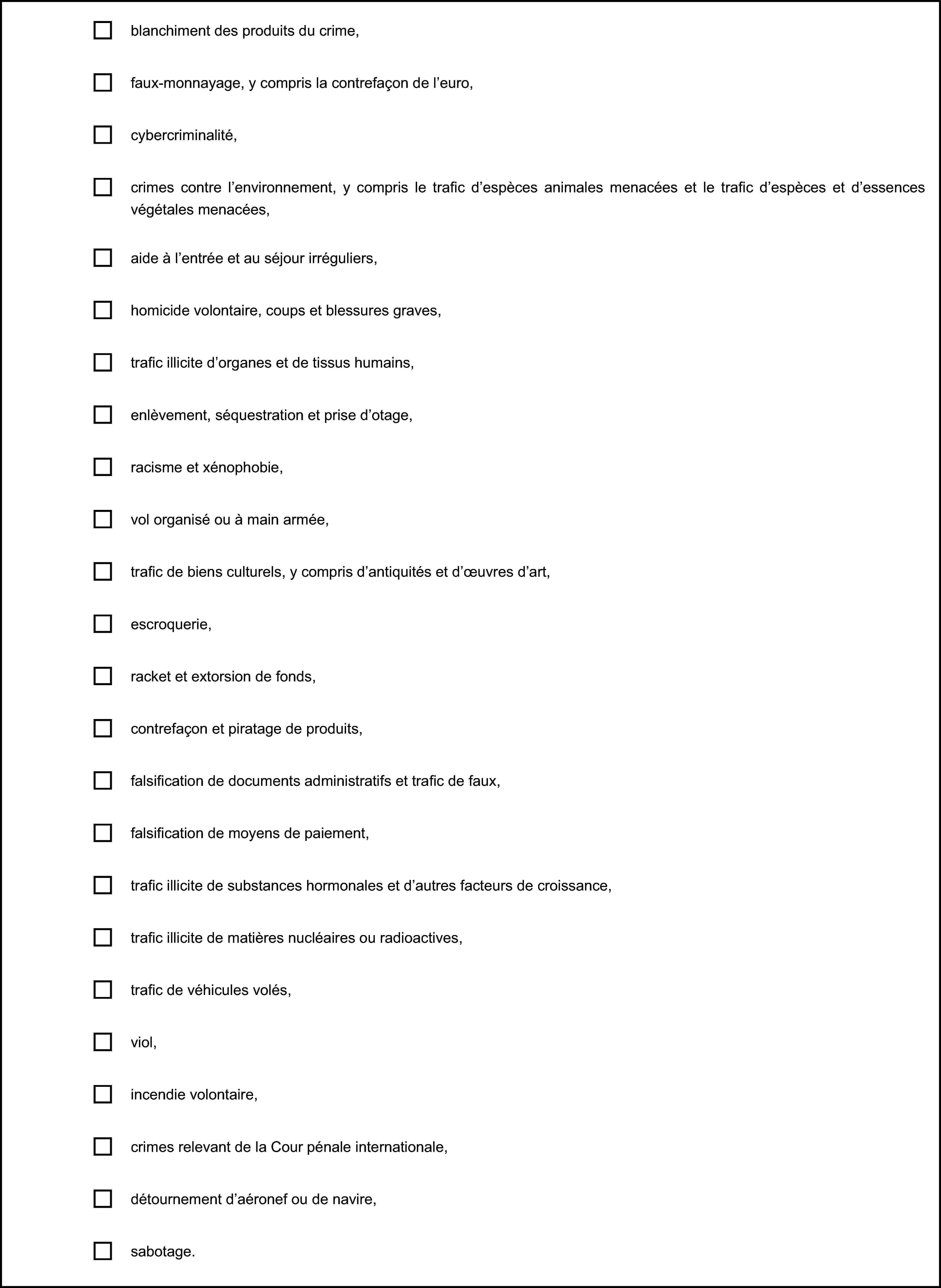 blanchiment des produits du crime,faux-monnayage, y compris la contrefaçon de l’euro,cybercriminalité,crimes contre l’environnement, y compris le trafic d’espèces animales menacées et le trafic d’espèces et d’essences végétales menacées,aide à l’entrée et au séjour irréguliers,homicide volontaire, coups et blessures graves,trafic illicite d’organes et de tissus humains,enlèvement, séquestration et prise d’otage,racisme et xénophobie,vol organisé ou à main armée,trafic de biens culturels, y compris d’antiquités et d’œuvres d’art,escroquerie,racket et extorsion de fonds,contrefaçon et piratage de produits,falsification de documents administratifs et trafic de faux,falsification de moyens de paiement,trafic illicite de substances hormonales et d’autres facteurs de croissance,trafic illicite de matières nucléaires ou radioactives,trafic de véhicules volés,viol,incendie volontaire,crimes relevant de la Cour pénale internationale,détournement d’aéronef ou de navire,sabotage.