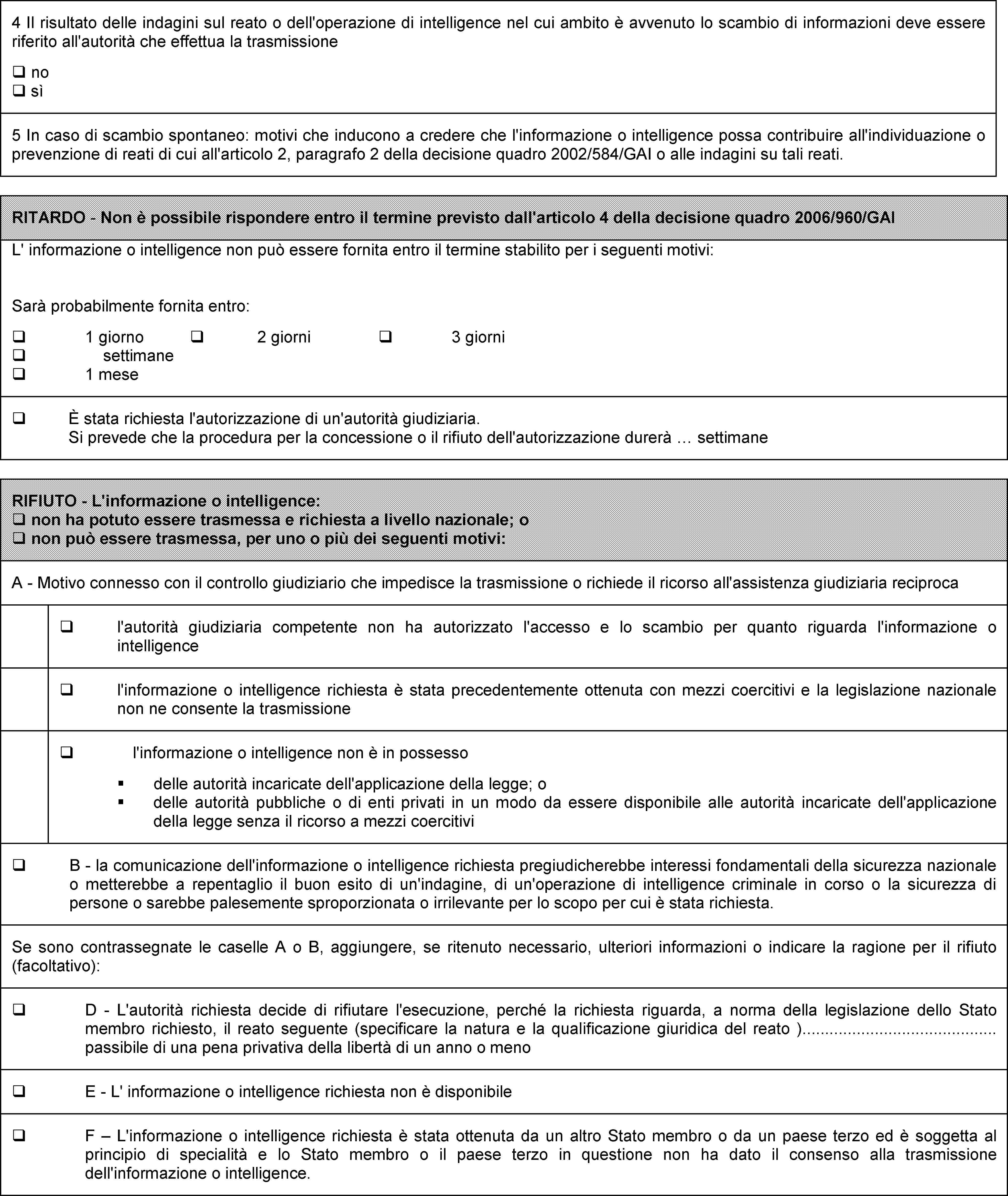 4 Il risultato delle indagini sul reato o dell'operazione di intelligence nel cui ambito è avvenuto lo scambio di informazioni deve essere riferito all'autorità che effettua la trasmissione  no  sì5 In caso di scambio spontaneo: motivi che inducono a credere che l'informazione o intelligence possa contribuire all'individuazione o prevenzione di reati di cui all'articolo 2, paragrafo 2 della decisione quadro 2002/584/GAI o alle indagini su tali reati.RITARDO - Non è possibile rispondere entro il termine previsto dall'articolo 4 della decisione quadro 2006/960/GAIL' informazione o intelligence non può essere fornita entro il termine stabilito per i seguenti motivi: Sarà probabilmente fornita entro:  1 giorno  2 giorni  3 giorni  settimane  1 mese È stata richiesta l'autorizzazione di un'autorità giudiziaria. Si prevede che la procedura per la concessione o il rifiuto dell'autorizzazione durerà … settimaneRIFIUTO - L'informazione o intelligence:  non ha potuto essere trasmessa e richiesta a livello nazionale; o  non può essere trasmessa, per uno o più dei seguenti motivi:A - Motivo connesso con il controllo giudiziario che impedisce la trasmissione o richiede il ricorso all'assistenza giudiziaria reciproca l'autorità giudiziaria competente non ha autorizzato l'accesso e lo scambio per quanto riguarda l'informazione o intelligence l'informazione o intelligence richiesta è stata precedentemente ottenuta con mezzi coercitivi e la legislazione nazionale non ne consente la trasmissione l'informazione o intelligence non è in possesso delle autorità incaricate dell'applicazione della legge; o delle autorità pubbliche o di enti privati in un modo da essere disponibile alle autorità incaricate dell'applicazione della legge senza il ricorso a mezzi coercitivi B - la comunicazione dell'informazione o intelligence richiesta pregiudicherebbe interessi fondamentali della sicurezza nazionale o metterebbe a repentaglio il buon esito di un'indagine, di un'operazione di intelligence criminale in corso o la sicurezza di persone o sarebbe palesemente sproporzionata o irrilevante per lo scopo per cui è stata richiesta.Se sono contrassegnate le caselle A o B, aggiungere, se ritenuto necessario, ulteriori informazioni o indicare la ragione per il rifiuto (facoltativo): D - L'autorità richiesta decide di rifiutare l'esecuzione, perché la richiesta riguarda, a norma della legislazione dello Stato membro richiesto, il reato seguente (specificare la natura e la qualificazione giuridica del reato )… passibile di una pena privativa della libertà di un anno o meno E - L' informazione o intelligence richiesta non è disponibile F – L'informazione o intelligence richiesta è stata ottenuta da un altro Stato membro o da un paese terzo ed è soggetta al principio di specialità e lo Stato membro o il paese terzo in questione non ha dato il consenso alla trasmissione dell'informazione o intelligence.