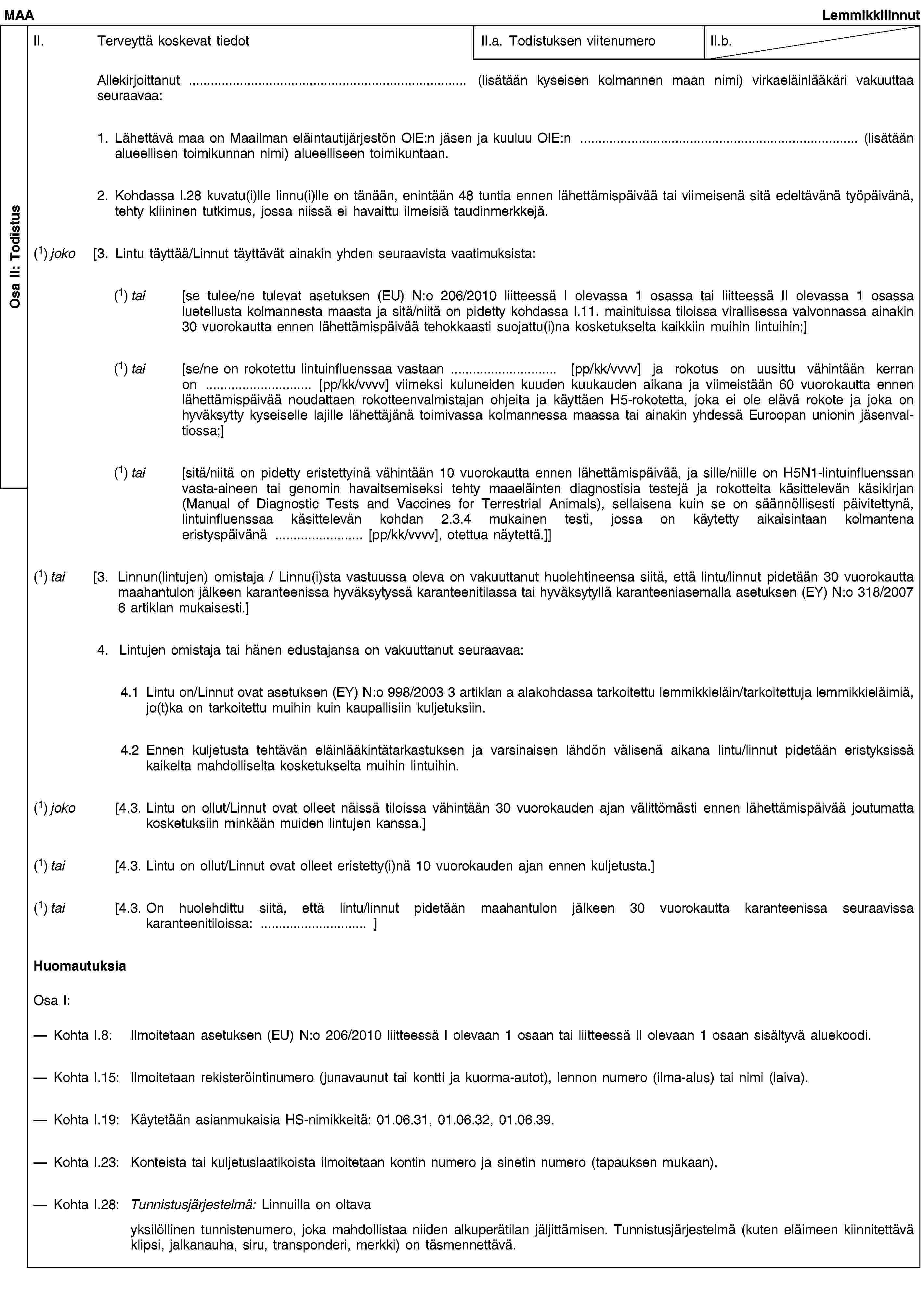 Osa II: TodistusMAALemmikkilinnutII. Terveyttä koskevat tiedotII.a. Todistuksen viitenumeroII.b.Allekirjoittanut … (lisätään kyseisen kolmannen maan nimi) virkaeläinlääkäri vakuuttaa seuraavaa:1. Lähettävä maa on Maailman eläintautijärjestön OIE:n jäsen ja kuuluu OIE:n … (lisätään alueellisen toimikunnan nimi) alueelliseen toimikuntaan.2. Kohdassa I.28 kuvatu(i)lle linnu(i)lle on tänään, enintään 48 tuntia ennen lähettämispäivää tai viimeisenä sitä edeltävänä työpäivänä, tehty kliininen tutkimus, jossa niissä ei havaittu ilmeisiä taudinmerkkejä.(1) joko [3. Lintu täyttää/Linnut täyttävät ainakin yhden seuraavista vaatimuksista:(1) tai [se tulee/ne tulevat asetuksen (EU) N:o 206/2010 liitteessä I olevassa 1 osassa tai liitteessä II olevassa 1 osassa luetellusta kolmannesta maasta ja sitä/niitä on pidetty kohdassa I.11. mainituissa tiloissa virallisessa valvonnassa ainakin 30 vuorokautta ennen lähettämispäivää tehokkaasti suojattu(i)na kosketukselta kaikkiin muihin lintuihin;](1) tai [se/ne on rokotettu lintuinfluenssaa vastaan … [pp/kk/vvvv] ja rokotus on uusittu vähintään kerran on … [pp/kk/vvvv] viimeksi kuluneiden kuuden kuukauden aikana ja viimeistään 60 vuorokautta ennen lähettämispäivää noudattaen rokotteenvalmistajan ohjeita ja käyttäen H5-rokotetta, joka ei ole elävä rokote ja joka on hyväksytty kyseiselle lajille lähettäjänä toimivassa kolmannessa maassa tai ainakin yhdessä Euroopan unionin jäsenvaltiossa;](1) tai [sitä/niitä on pidetty eristettyinä vähintään 10 vuorokautta ennen lähettämispäivää, ja sille/niille on H5N1-lintuinfluenssan vasta-aineen tai genomin havaitsemiseksi tehty maaeläinten diagnostisia testejä ja rokotteita käsittelevän käsikirjan (Manual of Diagnostic Tests and Vaccines for Terrestrial Animals), sellaisena kuin se on säännöllisesti päivitettynä, lintuinfluenssaa käsittelevän kohdan 2.3.4 mukainen testi, jossa on käytetty aikaisintaan kolmantena eristyspäivänä … [pp/kk/vvvv], otettua näytettä.]](1) tai [3. Linnun(lintujen) omistaja / Linnu(i)sta vastuussa oleva on vakuuttanut huolehtineensa siitä, että lintu/linnut pidetään 30 vuorokautta maahantulon jälkeen karanteenissa hyväksytyssä karanteenitilassa tai hyväksytyllä karanteeniasemalla asetuksen (EY) N:o 318/2007 6 artiklan mukaisesti.]4. Lintujen omistaja tai hänen edustajansa on vakuuttanut seuraavaa:4.1 Lintu on/Linnut ovat asetuksen (EY) N:o 998/2003 3 artiklan a alakohdassa tarkoitettu lemmikkieläin/tarkoitettuja lemmikkieläimiä, jo(t)ka on tarkoitettu muihin kuin kaupallisiin kuljetuksiin.4.2 Ennen kuljetusta tehtävän eläinlääkintätarkastuksen ja varsinaisen lähdön välisenä aikana lintu/linnut pidetään eristyksissä kaikelta mahdolliselta kosketukselta muihin lintuihin.(1) joko [4.3. Lintu on ollut/Linnut ovat olleet näissä tiloissa vähintään 30 vuorokauden ajan välittömästi ennen lähettämispäivää joutumatta kosketuksiin minkään muiden lintujen kanssa.](1) tai [4.3. Lintu on ollut/Linnut ovat olleet eristetty(i)nä 10 vuorokauden ajan ennen kuljetusta.](1) tai [4.3. On huolehdittu siitä, että lintu/linnut pidetään maahantulon jälkeen 30 vuorokautta karanteenissa seuraavissa karanteenitiloissa: … ]HuomautuksiaOsa I:Kohta I.8: Ilmoitetaan asetuksen (EU) N:o 206/2010 liitteessä I olevaan 1 osaan tai liitteessä II olevaan 1 osaan sisältyvä aluekoodi.Kohta I.15: Ilmoitetaan rekisteröintinumero (junavaunut tai kontti ja kuorma-autot), lennon numero (ilma-alus) tai nimi (laiva).Kohta I.19: Käytetään asianmukaisia HS-nimikkeitä: 01.06.31, 01.06.32, 01.06.39.Kohta I.23: Konteista tai kuljetuslaatikoista ilmoitetaan kontin numero ja sinetin numero (tapauksen mukaan).Kohta I.28: Tunnistusjärjestelmä: Linnuilla on oltavayksilöllinen tunnistenumero, joka mahdollistaa niiden alkuperätilan jäljittämisen. Tunnistusjärjestelmä (kuten eläimeen kiinnitettävä klipsi, jalkanauha, siru, transponderi, merkki) on täsmennettävä.
