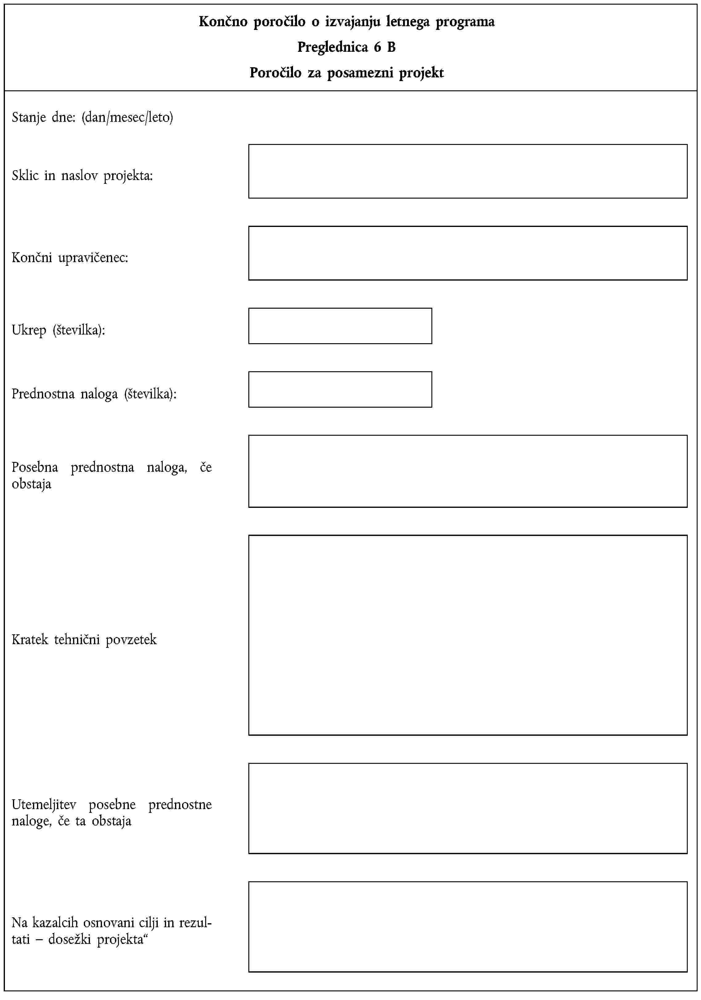 Končno poročilo o izvajanju letnega programaPreglednica 6 BPoročilo za posamezni projektStanje dne: (dan/mesec/leto)Sklic in naslov projekta:Končni upravičenec:Ukrep (številka):Prednostna naloga (številka):Posebna prednostna naloga, če obstajaKratek tehnični povzetekUtemeljitev posebne prednostne naloge, če ta obstajaNa kazalcih osnovani cilji in rezultati – dosežki projekta