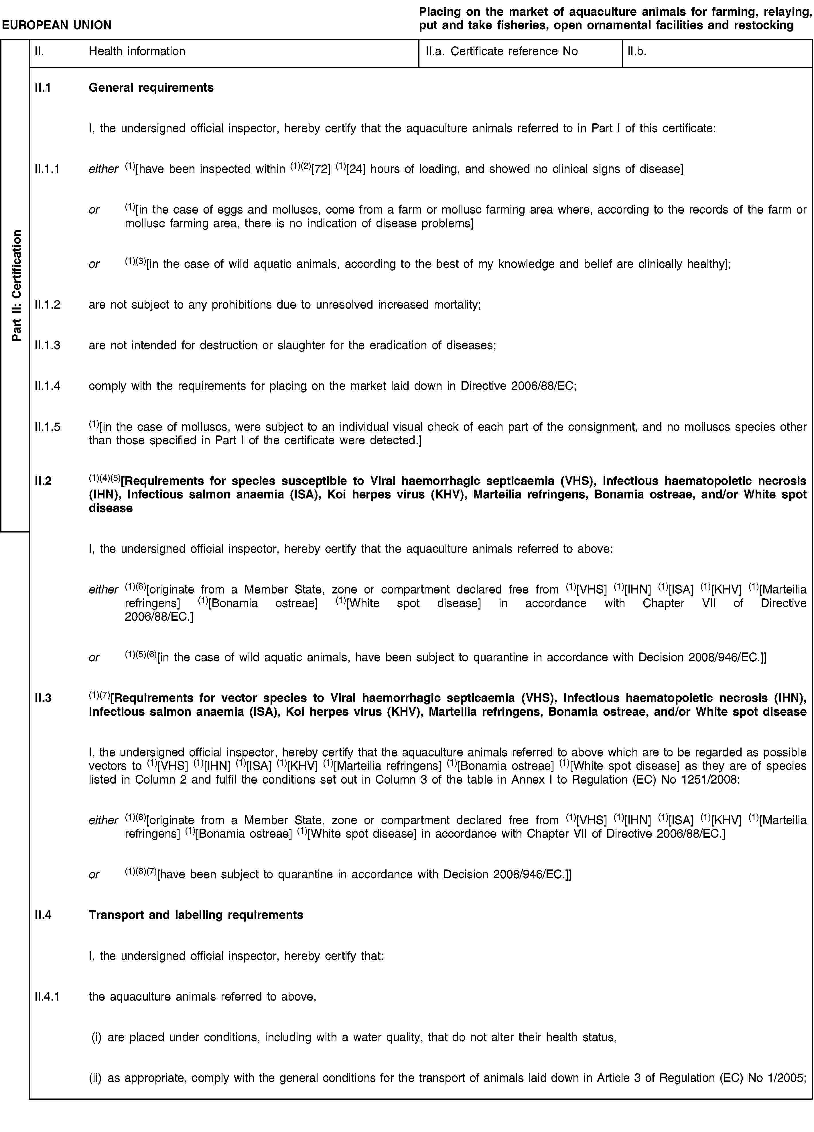 Part II: СertificationEUROPEAN UNIONPlacing on the market of aquaculture animals for farming, relaying, put and take fisheries, open ornamental facilities and restockingII. Health informationII.a. Certificate reference NoII.b.II.1 General requirementsI, the undersigned official inspector, hereby certify that the aquaculture animals referred to in Part I of this certificate:II.1.1 either (1)[have been inspected within (1)(2)[72] (1)[24] hours of loading, and showed no clinical signs of disease]or (1)[in the case of eggs and molluscs, come from a farm or mollusc farming area where, according to the records of the farm or mollusc farming area, there is no indication of disease problems]or (1)(3)[in the case of wild aquatic animals, according to the best of my knowledge and belief are clinically healthy];II.1.2 are not subject to any prohibitions due to unresolved increased mortality;II.1.3 are not intended for destruction or slaughter for the eradication of diseases;II.1.4 comply with the requirements for placing on the market laid down in Directive 2006/88/EC;II.1.5 (1)[in the case of molluscs, were subject to an individual visual check of each part of the consignment, and no molluscs species other than those specified in Part I of the certificate were detected.]II.2 (1)(4)(5)[Requirements for species susceptible to Viral haemorrhagic septicaemia (VHS), Infectious haematopoietic necrosis (IHN), Infectious salmon anaemia (ISA), Koi herpes virus (KHV), Marteilia refringens, Bonamia ostreae, and/or White spot diseaseI, the undersigned official inspector, hereby certify that the aquaculture animals referred to above:either (1)(6)[originate from a Member State, zone or compartment declared free from (1)[VHS] (1)[IHN] (1)[ISA] (1)[KHV] (1)[Marteilia refringens] (1)[Bonamia ostreae] (1)[White spot disease] in accordance with Chapter VII of Directive 2006/88/EC.]or (1)(5)(6)[in the case of wild aquatic animals, have been subject to quarantine in accordance with Decision 2008/946/EC.]]II.3 (1)(7)[Requirements for vector species to Viral haemorrhagic septicaemia (VHS), Infectious haematopoietic necrosis (IHN), Infectious salmon anaemia (ISA), Koi herpes virus (KHV), Marteilia refringens, Bonamia ostreae, and/or White spot diseaseI, the undersigned official inspector, hereby certify that the aquaculture animals referred to above which are to be regarded as possible vectors to (1)[VHS] (1)[IHN] (1)[ISA] (1)[KHV] (1)[Marteilia refringens] (1)[Bonamia ostreae] (1)[White spot disease] as they are of species listed in Column 2 and fulfil the conditions set out in Column 3 of the table in Annex I to Regulation (EC) No 1251/2008:either (1)(6)[originate from a Member State, zone or compartment declared free from (1)[VHS] (1)[IHN] (1)[ISA] (1)[KHV] (1)[Marteilia refringens] (1)[Bonamia ostreae] (1)[White spot disease] in accordance with Chapter VII of Directive 2006/88/EC.]or (1)(6)(7)[have been subject to quarantine in accordance with Decision 2008/946/EC.]]II.4 Transport and labelling requirementsI, the undersigned official inspector, hereby certify that:II.4.1 the aquaculture animals referred to above,(i) are placed under conditions, including with a water quality, that do not alter their health status,(ii) as appropriate, comply with the general conditions for the transport of animals laid down in Article 3 of Regulation (EC) No 1/2005;