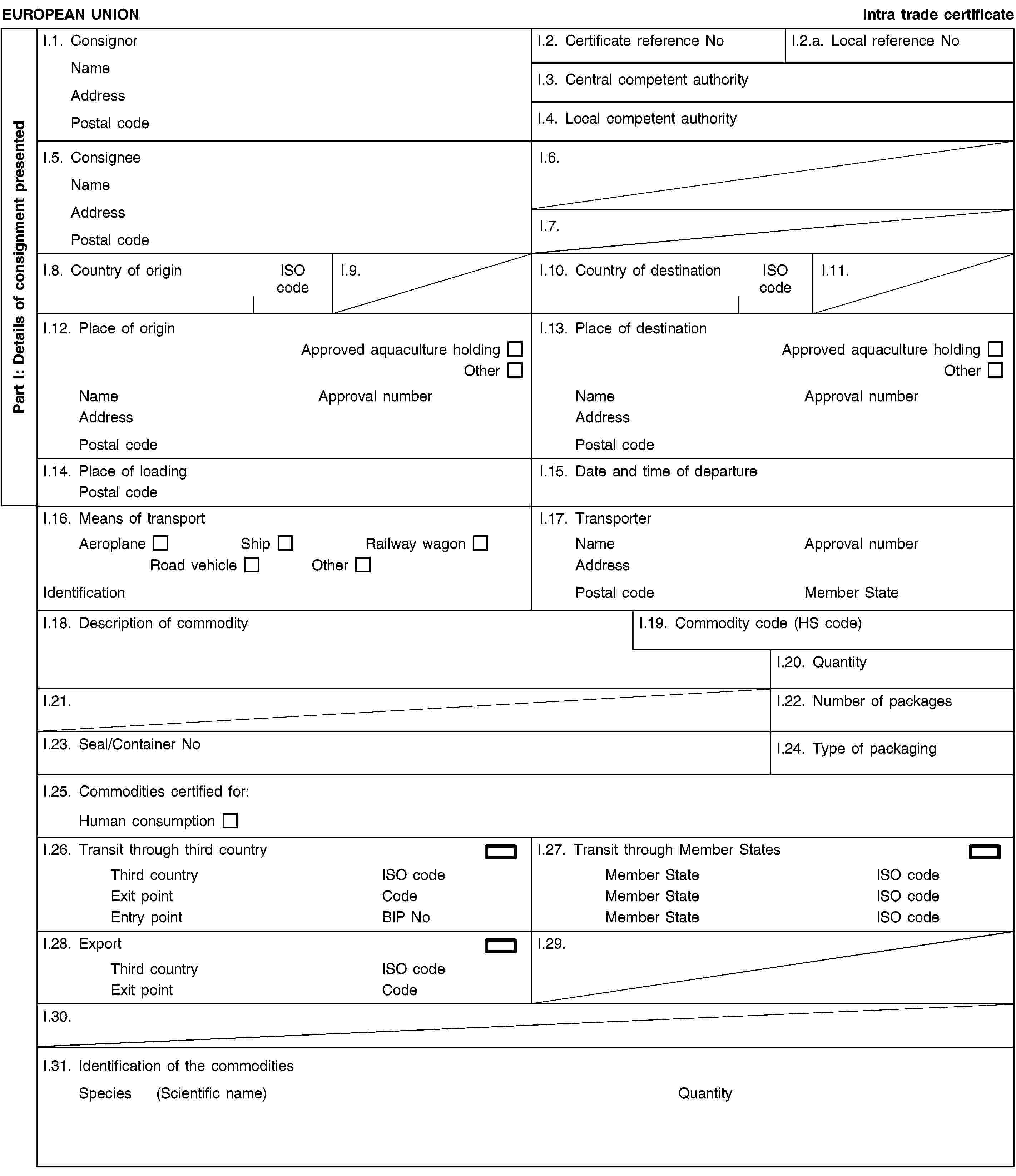 Part I: Details of consignment presentedEUROPEAN UNIONIntra trade certificateI.1. ConsignorNameAddressPostal codeI.2. Certificate reference NoI.2.a. Local reference NoI.3. Central competent authorityI.4. Local competent authorityI.5. ConsigneeNameAddressPostal codeI.6.I.7.I.8. Country of originISO codeI.9.I.10. Country of destinationISO codeI.11.I.12. Place of originApproved aquaculture holdingOtherNameApproval numberAddressPostal codeI.13. Place of destinationApproved aquaculture holdingOtherNameApproval numberAddressPostal codeI.14. Place of loadingPostal codeI.15. Date and time of departureI.16. Means of transportAeroplaneShipRailway wagonRoad vehicleOtherIdentificationI.17. TransporterNameApproval numberAddressPostal codeMember StateI.18. Description of commodityI.19. Commodity code (HS code)I.20. QuantityI.21.I.22. Number of packagesI.23. Seal/Container NoI.24. Type of packagingI.25. Commodities certified for:Human consumptionI.26. Transit through third countryThird countryISO codeExit pointCodeEntry pointBIP NoI.27. Transit through Member StatesMember StateISO codeMember StateISO codeMember StateISO codeI.28. ExportThird countryISO codeExit pointCodeI.29.I.30.I.31. Identification of the commoditiesSpecies (Scientific name)Quantity