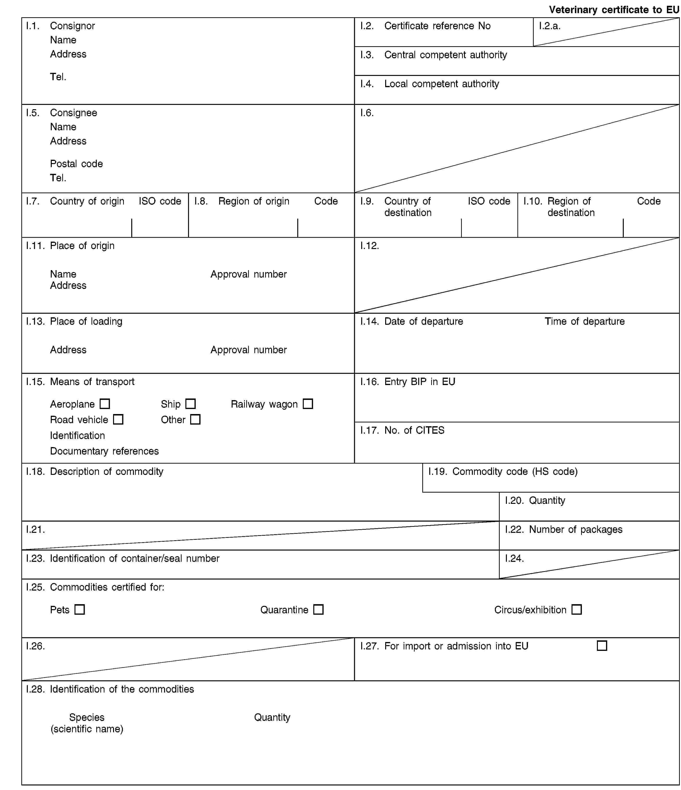 Veterinary certificate to EUI.1. ConsignorNameAddressTel.I.2. Certificate reference NoI.2.a.I.3. Central competent authorityI.4. Local competent authorityI.5. ConsigneeNameAddressPostal codeTel.I.6.I.7. Country of originISO codeI.8. Region of originCodeI.9. Country of destinationISO codeI.10. Region of destinationCodeI.11. Place of originNameApproval numberAddressI.12.I.13. Place of loadingAddressApproval numberI.14. Date of departureTime of departureI.15. Means of transportAeroplaneShipRailway wagonRoad vehicleOtherIdentificationDocumentary referencesI.16. Entry BIP in EUI.17. No. of CITESI.18. Description of commodityI.19. Commodity code (HS code)I.20. QuantityI.21.I.22. Number of packagesI.23. Identification of container/seal numberI.24.I.25. Commodities certified for:PetsQuarantineCircus/exhibitionI.26.I.27. For import or admission into EUI.28. Identification of the commoditiesSpecies(scientific name)Quantity