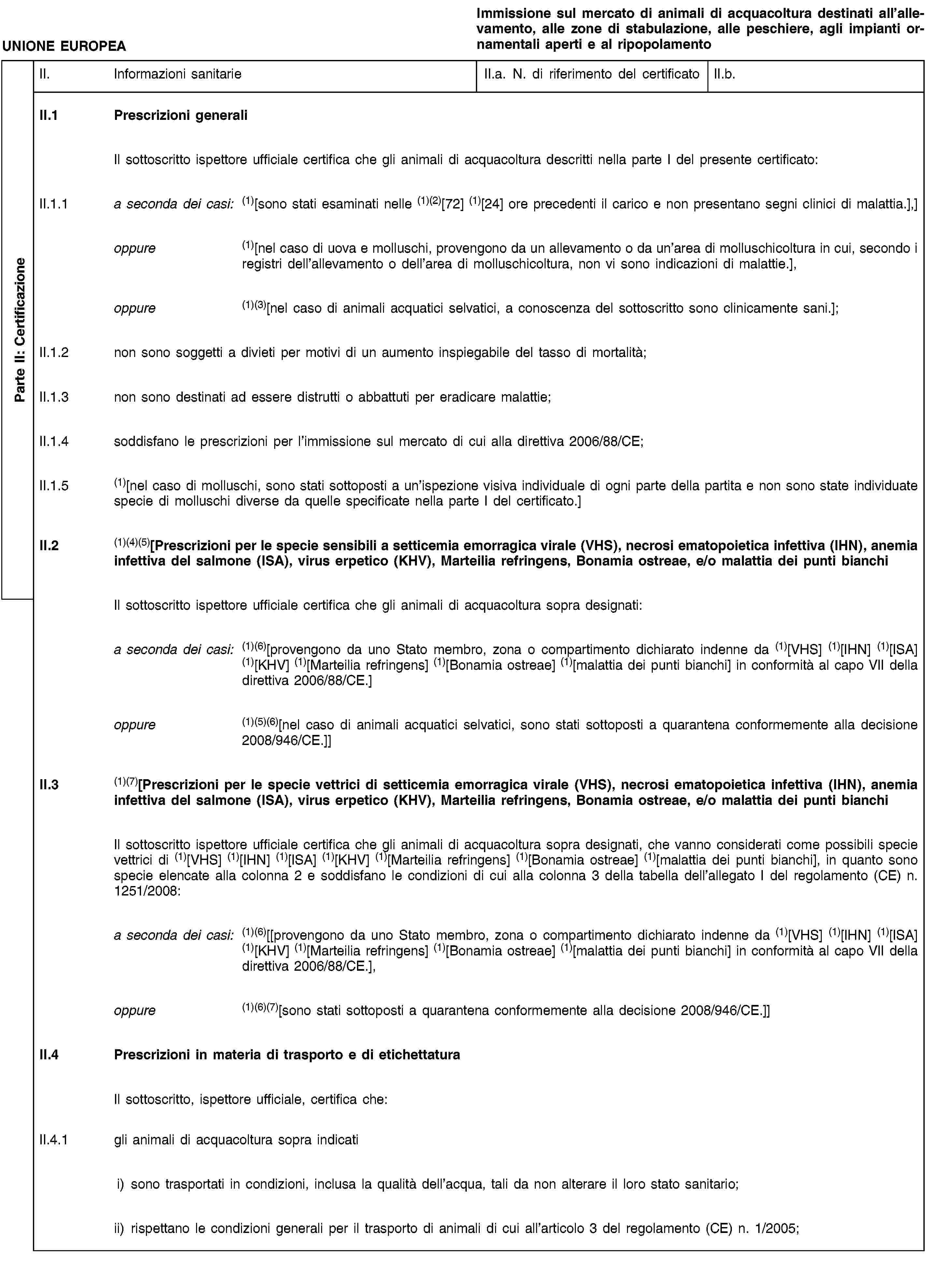 Parte II: CertificazioneUNIONE EUROPEAImmissione sul mercato di animali di acquacoltura destinati all’allevamento, alle zone di stabulazione, alle peschiere, agli impianti ornamentali aperti e al ripopolamentoII. Informazioni sanitarieII.a. N. di riferimento del certificatoII.b.II.1 Prescrizioni generaliIl sottoscritto ispettore ufficiale certifica che gli animali di acquacoltura descritti nella parte I del presente certificato:II.1.1 a seconda dei casi: (1)[sono stati esaminati nelle (1)(2)[72] (1)[24] ore precedenti il carico e non presentano segni clinici di malattia.],]oppure (1)[nel caso di uova e molluschi, provengono da un allevamento o da un’area di molluschicoltura in cui, secondo i registri dell’allevamento o dell’area di molluschicoltura, non vi sono indicazioni di malattie.],oppure (1)(3)[nel caso di animali acquatici selvatici, a conoscenza del sottoscritto sono clinicamente sani.];II.1.2 non sono soggetti a divieti per motivi di un aumento inspiegabile del tasso di mortalità;II.1.3 non sono destinati ad essere distrutti o abbattuti per eradicare malattie;II.1.4 soddisfano le prescrizioni per l’immissione sul mercato di cui alla direttiva 2006/88/CE;II.1.5 (1)[nel caso di molluschi, sono stati sottoposti a un’ispezione visiva individuale di ogni parte della partita e non sono state individuate specie di molluschi diverse da quelle specificate nella parte I del certificato.]II.2 (1)(4)(5)[Prescrizioni per le specie sensibili a setticemia emorragica virale (VHS), necrosi ematopoietica infettiva (IHN), anemia infettiva del salmone (ISA), virus erpetico (KHV), Marteilia refringens, Bonamia ostreae, e/o malattia dei punti bianchiIl sottoscritto ispettore ufficiale certifica che gli animali di acquacoltura sopra designati:a seconda dei casi: (1)(6)[provengono da uno Stato membro, zona o compartimento dichiarato indenne da (1)[VHS] (1)[IHN] (1)[ISA] (1)[KHV] (1)[Marteilia refringens] (1)[Bonamia ostreae] (1)[malattia dei punti bianchi] in conformità al capo VII della direttiva 2006/88/CE.]oppure (1)(5)(6)[nel caso di animali acquatici selvatici, sono stati sottoposti a quarantena conformemente alla decisione 2008/946/CE.]]II.3 (1)(7)[Prescrizioni per le specie vettrici di setticemia emorragica virale (VHS), necrosi ematopoietica infettiva (IHN), anemia infettiva del salmone (ISA), virus erpetico (KHV), Marteilia refringens, Bonamia ostreae, e/o malattia dei punti bianchiIl sottoscritto ispettore ufficiale certifica che gli animali di acquacoltura sopra designati, che vanno considerati come possibili specie vettrici di (1)[VHS] (1)[IHN] (1)[ISA] (1)[KHV] (1)[Marteilia refringens] (1)[Bonamia ostreae] (1)[malattia dei punti bianchi], in quanto sono specie elencate alla colonna 2 e soddisfano le condizioni di cui alla colonna 3 della tabella dell’allegato I del regolamento (CE) n. 1251/2008:a seconda dei casi: (1)(6)[[provengono da uno Stato membro, zona o compartimento dichiarato indenne da (1)[VHS] (1)[IHN] (1)[ISA] (1)[KHV] (1)[Marteilia refringens] (1)[Bonamia ostreae] (1)[malattia dei punti bianchi] in conformità al capo VII della direttiva 2006/88/CE.],oppure (1)(6)(7)[sono stati sottoposti a quarantena conformemente alla decisione 2008/946/CE.]]II.4 Prescrizioni in materia di trasporto e di etichettaturaIl sottoscritto, ispettore ufficiale, certifica che:II.4.1 gli animali di acquacoltura sopra indicatii) sono trasportati in condizioni, inclusa la qualità dell’acqua, tali da non alterare il loro stato sanitario;ii) rispettano le condizioni generali per il trasporto di animali di cui all’articolo 3 del regolamento (CE) n. 1/2005;