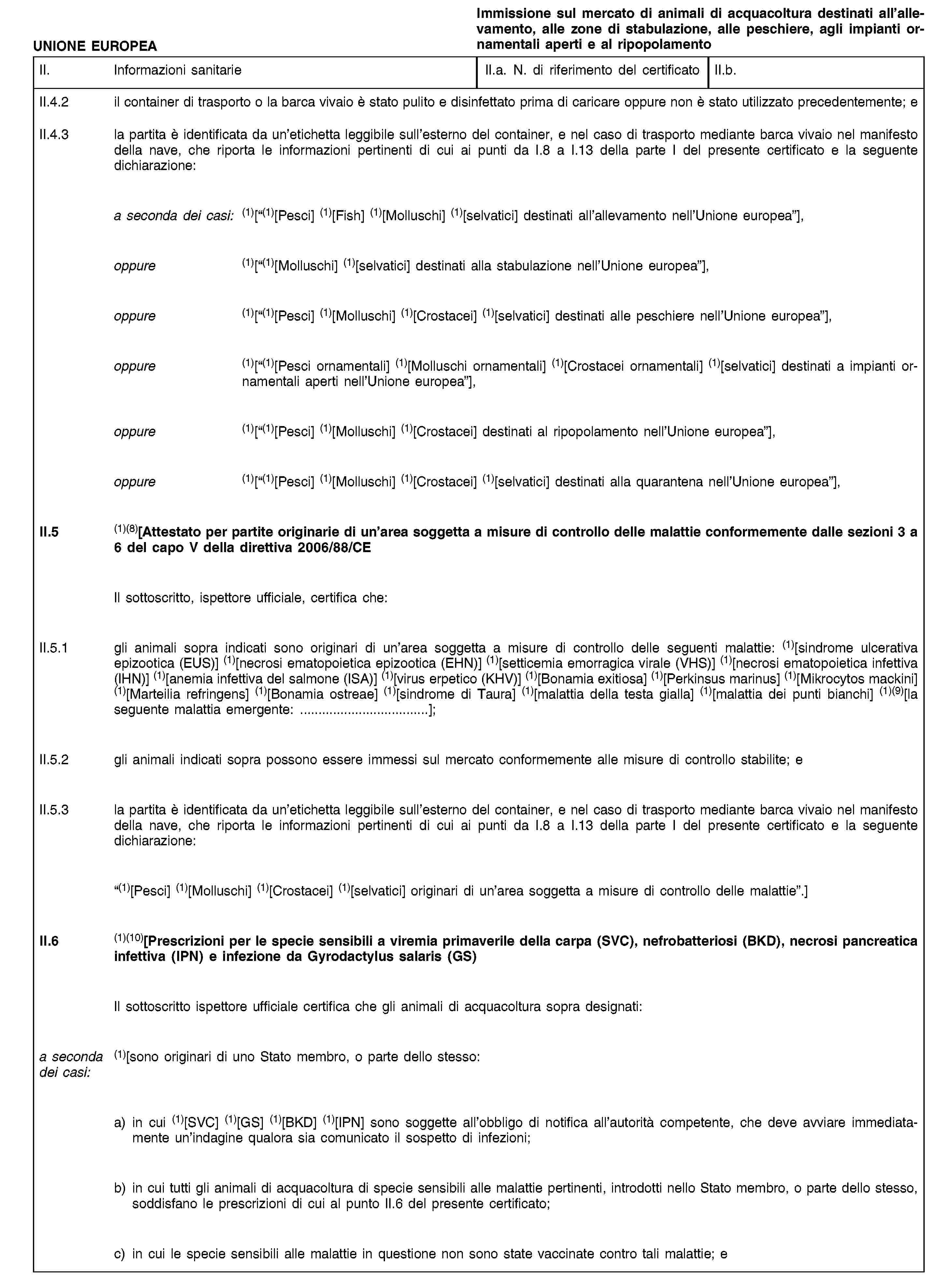 UNIONE EUROPEAImmissione sul mercato di animali di acquacoltura destinati all’allevamento, alle zone di stabulazione, alle peschiere, agli impianti ornamentali aperti e al ripopolamentoII. Informazioni sanitarieII.a. N. di riferimento del certificatoII.b.II.4.2 il container di trasporto o la barca vivaio è stato pulito e disinfettato prima di caricare oppure non è stato utilizzato precedentemente; eII.4.3 la partita è identificata da un’etichetta leggibile sull’esterno del container, e nel caso di trasporto mediante barca vivaio nel manifesto della nave, che riporta le informazioni pertinenti di cui ai punti da I.8 a I.13 della parte I del presente certificato e la seguente dichiarazione:a seconda dei casi: (1)[“(1)[Pesci] (1)[Fish] (1)[Molluschi] (1)[selvatici] destinati all’allevamento nell’Unione europea”],oppure (1)[“(1)[Molluschi] (1)[selvatici] destinati alla stabulazione nell’Unione europea”],oppure (1)[“(1)[Pesci] (1)[Molluschi] (1)[Crostacei] (1)[selvatici] destinati alle peschiere nell’Unione europea”],oppure (1)[“(1)[Pesci ornamentali] (1)[Molluschi ornamentali] (1)[Crostacei ornamentali] (1)[selvatici] destinati a impianti ornamentali aperti nell’Unione europea”],oppure (1)[“(1)[Pesci] (1)[Molluschi] (1)[Crostacei] destinati al ripopolamento nell’Unione europea”],oppure (1)[“(1)[Pesci] (1)[Molluschi] (1)[Crostacei] (1)[selvatici] destinati alla quarantena nell’Unione europea”],II.5 (1)(8)[Attestato per partite originarie di un’area soggetta a misure di controllo delle malattie conformemente dalle sezioni 3 a 6 del capo V della direttiva 2006/88/CEIl sottoscritto, ispettore ufficiale, certifica che:II.5.1 gli animali sopra indicati sono originari di un’area soggetta a misure di controllo delle seguenti malattie: (1)[sindrome ulcerativa epizootica (EUS)] (1)[necrosi ematopoietica epizootica (EHN)] (1)[setticemia emorragica virale (VHS)] (1)[necrosi ematopoietica infettiva (IHN)] (1)[anemia infettiva del salmone (ISA)] (1)[virus erpetico (KHV)] (1)[Bonamia exitiosa] (1)[Perkinsus marinus] (1)[Mikrocytos mackini] (1)[Marteilia refringens] (1)[Bonamia ostreae] (1)[sindrome di Taura] (1)[malattia della testa gialla] (1)[malattia dei punti bianchi] (1)(9)[la seguente malattia emergente: …];II.5.2 gli animali indicati sopra possono essere immessi sul mercato conformemente alle misure di controllo stabilite; eII.5.3 la partita è identificata da un’etichetta leggibile sull’esterno del container, e nel caso di trasporto mediante barca vivaio nel manifesto della nave, che riporta le informazioni pertinenti di cui ai punti da I.8 a I.13 della parte I del presente certificato e la seguente dichiarazione:“(1)[Pesci] (1)[Molluschi] (1)[Crostacei] (1)[selvatici] originari di un’area soggetta a misure di controllo delle malattie”.]II.6 (1)(10)[Prescrizioni per le specie sensibili a viremia primaverile della carpa (SVC), nefrobatteriosi (BKD), necrosi pancreatica infettiva (IPN) e infezione da Gyrodactylus salaris (GS)Il sottoscritto ispettore ufficiale certifica che gli animali di acquacoltura sopra designati:a seconda dei casi: (1)[sono originari di uno Stato membro, o parte dello stesso:a) in cui (1)[SVC] (1)[GS] (1)[BKD] (1)[IPN] sono soggette all’obbligo di notifica all’autorità competente, che deve avviare immediatamente un’indagine qualora sia comunicato il sospetto di infezioni;b) in cui tutti gli animali di acquacoltura di specie sensibili alle malattie pertinenti, introdotti nello Stato membro, o parte dello stesso, soddisfano le prescrizioni di cui al punto II.6 del presente certificato;c) in cui le specie sensibili alle malattie in questione non sono state vaccinate contro tali malattie; e