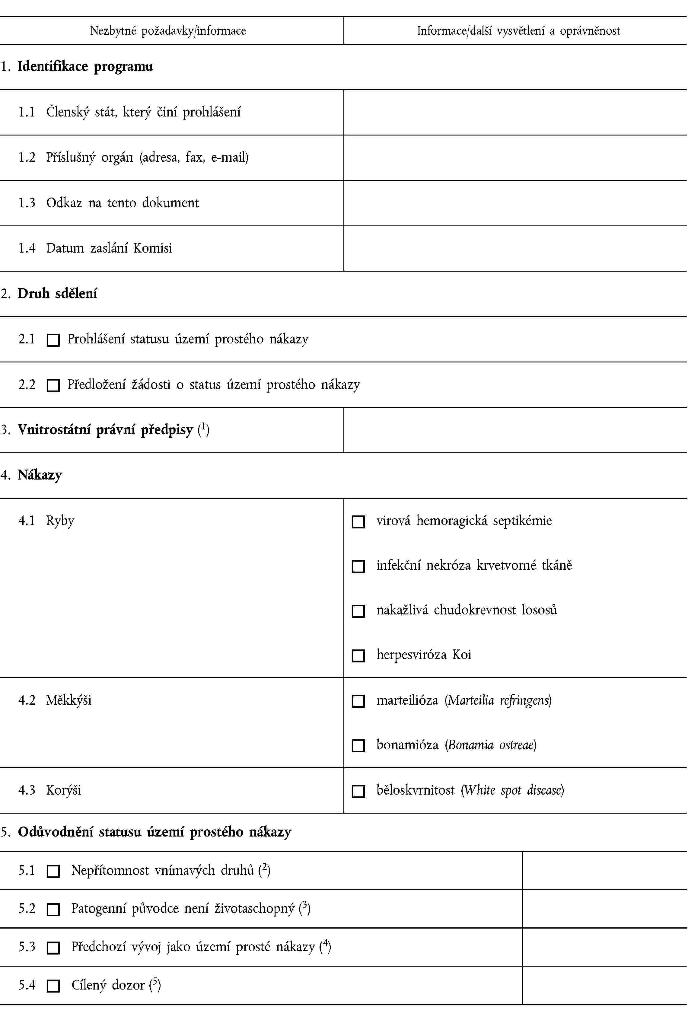 Nezbytné požadavky/informaceInformace/další vysvětlení a oprávněnost1. Identifikace programu1.1 Členský stát, který činí prohlášení1.2 Příslušný orgán (adresa, fax, e-mail)1.3 Odkaz na tento dokument1.4 Datum zaslání Komisi2. Druh sdělení2.1 Prohlášení statusu území prostého nákazy2.2 Předložení žádosti o status území prostého nákazy3. Vnitrostátní právní předpisy (1)4. Nákazy4.1 Rybyvirová hemoragická septikémieinfekční nekróza krvetvorné tkáněnakažlivá chudokrevnost lososůherpesviróza Koi4.2 Měkkýšimarteilióza (Marteilia refringens)bonamióza (Bonamia ostreae)4.3 Korýšiběloskvrnitost (White spot disease)5. Odůvodnění statusu území prostého nákazy5.1 Nepřítomnost vnímavých druhů (2)5.2 Patogenní původce není životaschopný (3)5.3 Předchozí vývoj jako území prosté nákazy (4)5.4 Cílený dozor (5)