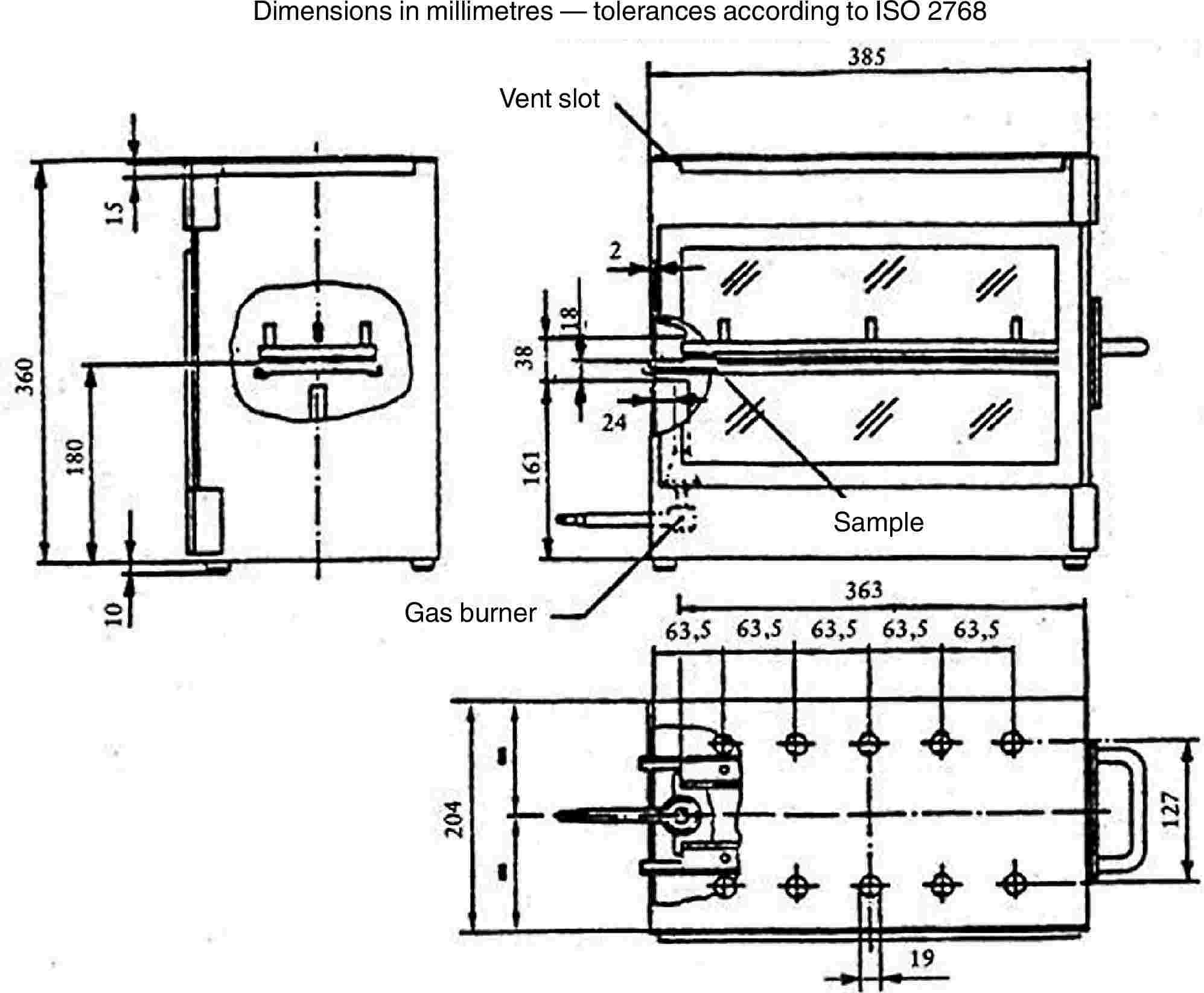 Dimensions in millimetres — tolerances according to ISO 2768Vent slotSampleGas burner