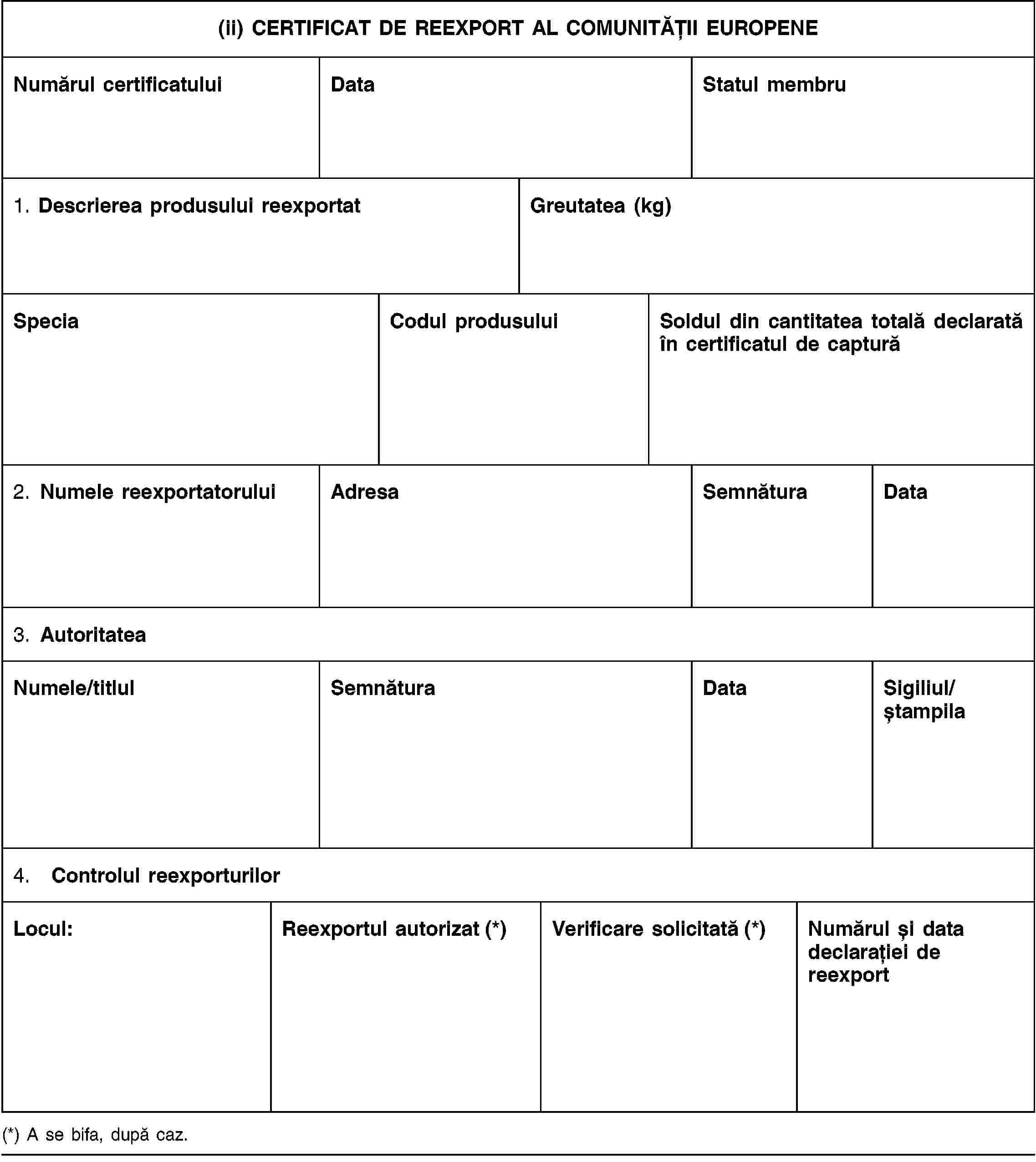 (ii) CERTIFICAT DE REEXPORT AL COMUNITĂȚII EUROPENENumărul certificatuluiDataStatul membru1. Descrierea produsului reexportatGreutatea (kg)SpeciaCodul produsuluiSoldul din cantitatea totală declarată în certificatul de captură2. Numele reexportatoruluiAdresaSemnăturaData3. AutoritateaNumele/titlulSemnăturaDataSigiliul/ștampila4. Controlul reexporturilorLocul:Reexportul autorizat (*)Verificare solicitată (*)Numărul și data declarației de reexport(*) A se bifa, după caz.