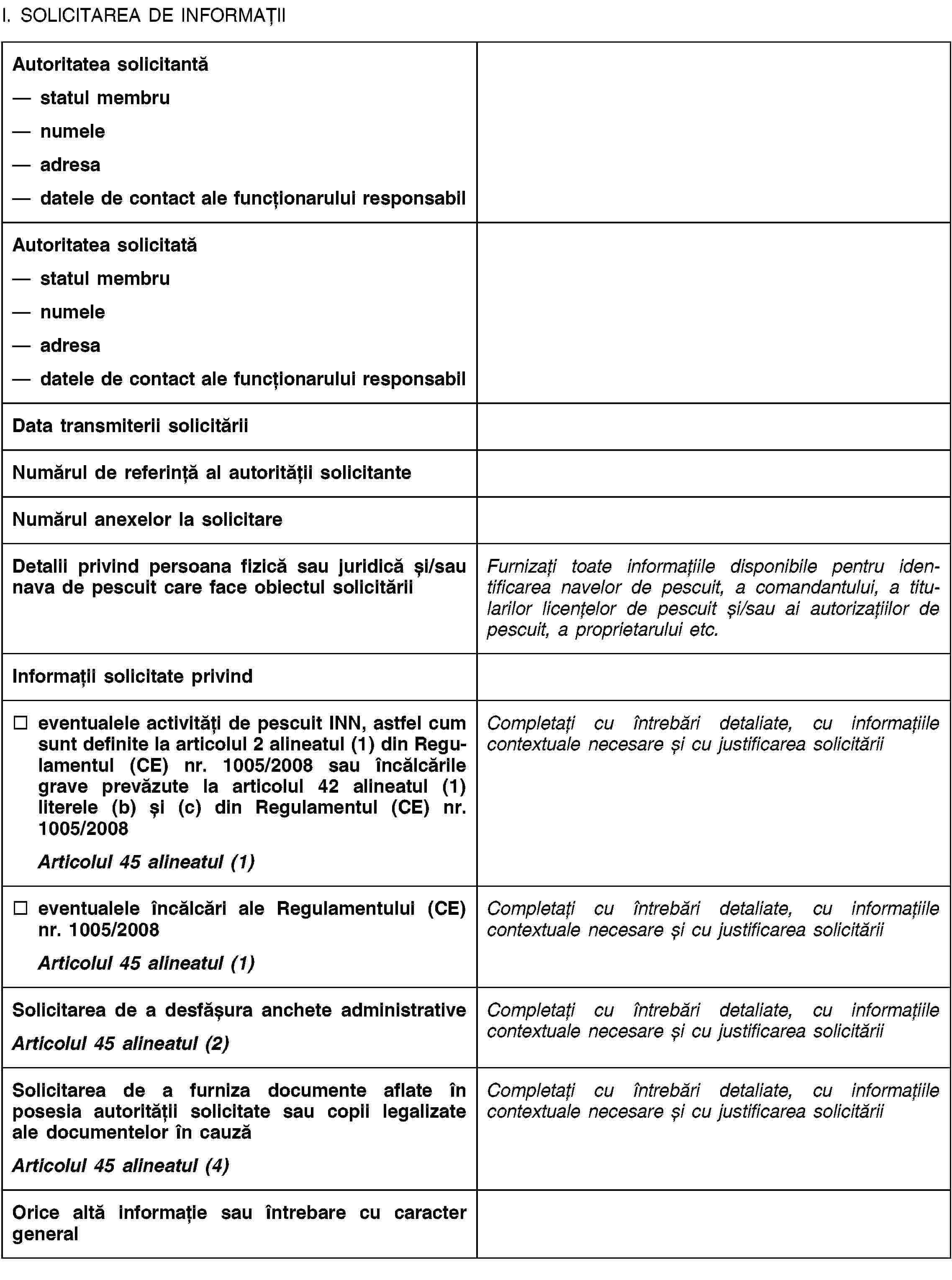 I. SOLICITAREA DE INFORMAȚIIAutoritatea solicitantăstatul membrunumeleadresadatele de contact ale funcționarului responsabilAutoritatea solicitatăstatul membrunumeleadresadatele de contact ale funcționarului responsabilData transmiterii solicităriiNumărul de referință al autorității solicitanteNumărul anexelor la solicitareDetalii privind persoana fizică sau juridică și/sau nava de pescuit care face obiectul solicităriiFurnizați toate informațiile disponibile pentru identificarea navelor de pescuit, a comandantului, a titularilor licențelor de pescuit și/sau ai autorizațiilor de pescuit, a proprietarului etc.Informații solicitate privindeventualele activități de pescuit INN, astfel cum sunt definite la articolul 2 alineatul (1) din Regulamentul (CE) nr. 1005/2008 sau încălcările grave prevăzute la articolul 42 alineatul (1) literele (b) și (c) din Regulamentul (CE) nr. 1005/2008Articolul 45 alineatul (1)Completați cu întrebări detaliate, cu informațiile contextuale necesare și cu justificarea solicităriieventualele încălcări ale Regulamentului (CE) nr. 1005/2008Articolul 45 alineatul (1)Completați cu întrebări detaliate, cu informațiile contextuale necesare și cu justificarea solicităriiSolicitarea de a desfășura anchete administrativeArticolul 45 alineatul (2)Completați cu întrebări detaliate, cu informațiile contextuale necesare și cu justificarea solicităriiSolicitarea de a furniza documente aflate în posesia autorității solicitate sau copii legalizate ale documentelor în cauzăArticolul 45 alineatul (4)Completați cu întrebări detaliate, cu informațiile contextuale necesare și cu justificarea solicităriiOrice altă informație sau întrebare cu caracter general