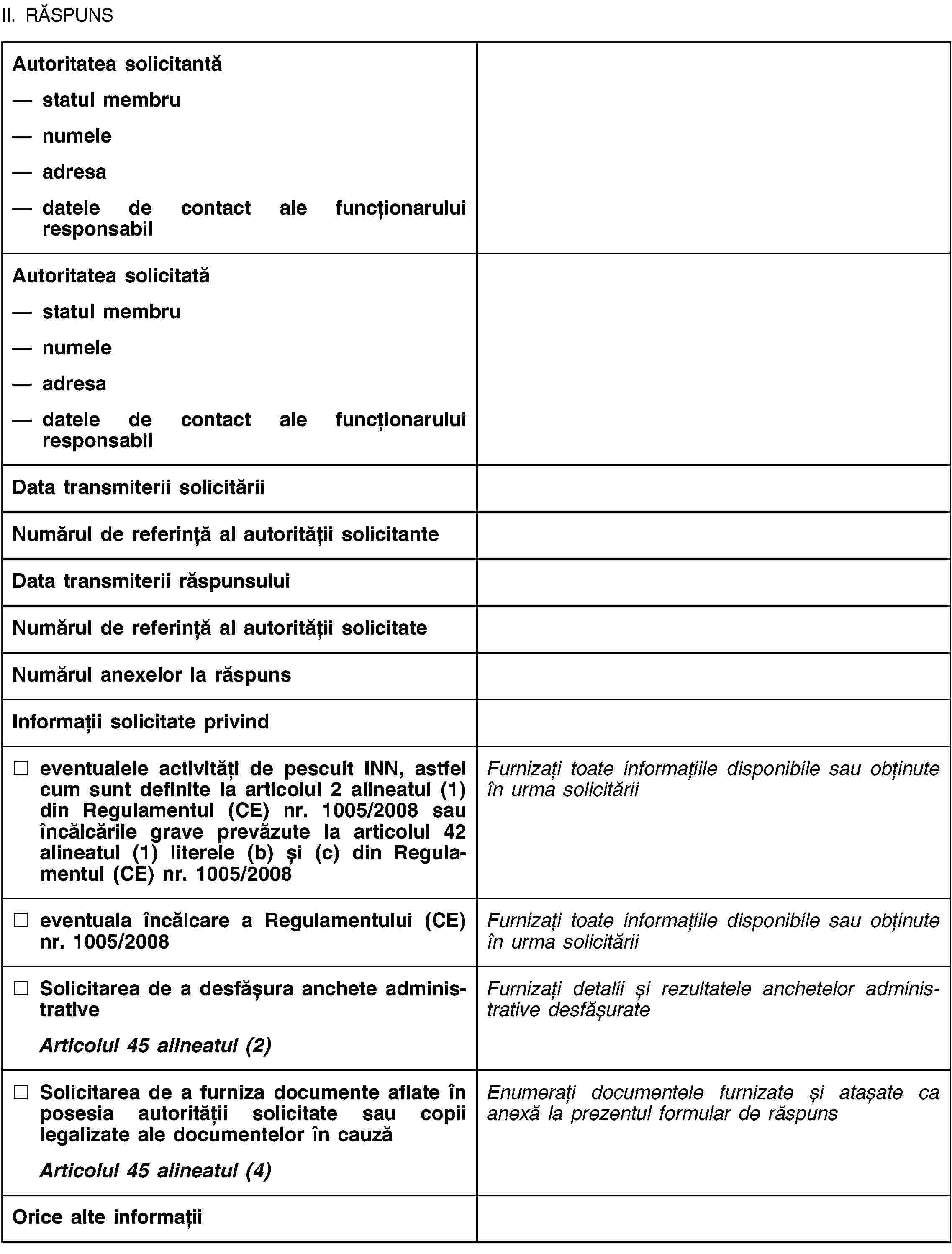 II. RĂSPUNSAutoritatea solicitantăstatul membrunumeleadresadatele de contact ale funcționarului responsabilAutoritatea solicitatăstatul membrunumeleadresadatele de contact ale funcționarului responsabilData transmiterii solicităriiNumărul de referință al autorității solicitanteData transmiterii răspunsuluiNumărul de referință al autorității solicitateNumărul anexelor la răspunsInformații solicitate privindeventualele activități de pescuit INN, astfel cum sunt definite la articolul 2 alineatul (1) din Regulamentul (CE) nr. 1005/2008 sau încălcările grave prevăzute la articolul 42 alineatul (1) literele (b) și (c) din Regulamentul (CE) nr. 1005/2008Furnizați toate informațiile disponibile sau obținute în urma solicităriieventuala încălcare a Regulamentului (CE) nr. 1005/2008Furnizați toate informațiile disponibile sau obținute în urma solicităriiSolicitarea de a desfășura anchete administrativeArticolul 45 alineatul (2)Furnizați detalii și rezultatele anchetelor administrative desfășurateSolicitarea de a furniza documente aflate în posesia autorității solicitate sau copii legalizate ale documentelor în cauzăArticolul 45 alineatul (4)Enumerați documentele furnizate și atașate ca anexă la prezentul formular de răspunsOrice alte informații