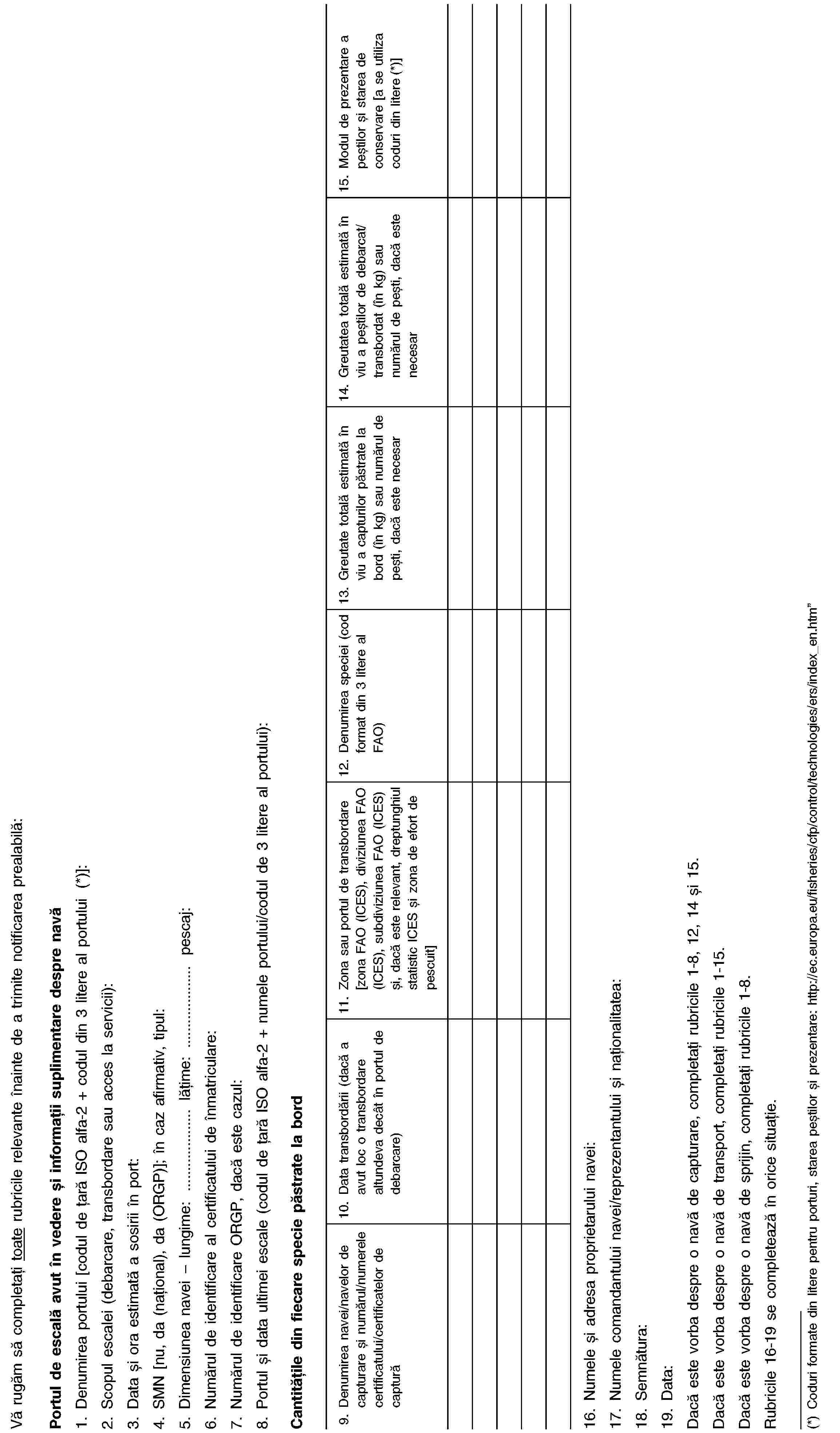 Vă rugăm să completați toate rubricile relevante înainte de a trimite notificarea prealabilă:Portul de escală avut în vedere și informații suplimentare despre navă1. Denumirea portului [codul de țară ISO alfa-2 + codul din 3 litere al portului (*)]:2. Scopul escalei (debarcare, transbordare sau acces la servicii):3. Data și ora estimată a sosirii în port:4. SMN [nu, da (național), da (ORGP)]; în caz afirmativ, tipul:5. Dimensiunea navei lungime: … lățime: … pescaj:6. Numărul de identificare al certificatului de înmatriculare:7. Numărul de identificare ORGP, dacă este cazul:8. Portul și data ultimei escale (codul de țară ISO alfa-2 + numele portului/codul de 3 litere al portului):Cantitățile din fiecare specie păstrate la bord9. Denumirea navei/navelor de capturare și numărul/numerele certificatului/certificatelor de captură10. Data transbordării (dacă a avut loc o transbordare altundeva decât în portul de debarcare)11. Zona sau portul de transbordare [zona FAO (ICES), diviziunea FAO (ICES), subdiviziunea FAO (ICES) și, dacă este relevant, dreptunghiul statistic ICES și zona de efort de pescuit]12. Denumirea speciei (cod format din 3 litere al FAO)13. Greutate totală estimată în viu a capturilor păstrate la bord (în kg) sau numărul de pești, dacă este necesar14. Greutatea totală estimată în viu a peștilor de debarcat/transbordat (în kg) sau numărul de pești, dacă este necesar15. Modul de prezentare a peștilor și starea de conservare [a se utiliza coduri din litere (*)]16. Numele și adresa proprietarului navei:17. Numele comandantului navei/reprezentantului și naționalitatea:18. Semnătura:19. Data:Dacă este vorba despre o navă de capturare, completați rubricile 1-8, 12, 14 și 15.Dacă este vorba despre o navă de transport, completați rubricile 1-15.Dacă este vorba despre o navă de sprijin, completați rubricile 1-8.Rubricile 16-19 se completează în orice situație.(*) Coduri formate din litere pentru porturi, starea peștilor și prezentare: http://ec.europa.eu/fisheries/cfp/control/technologies/ers/index_en.htm