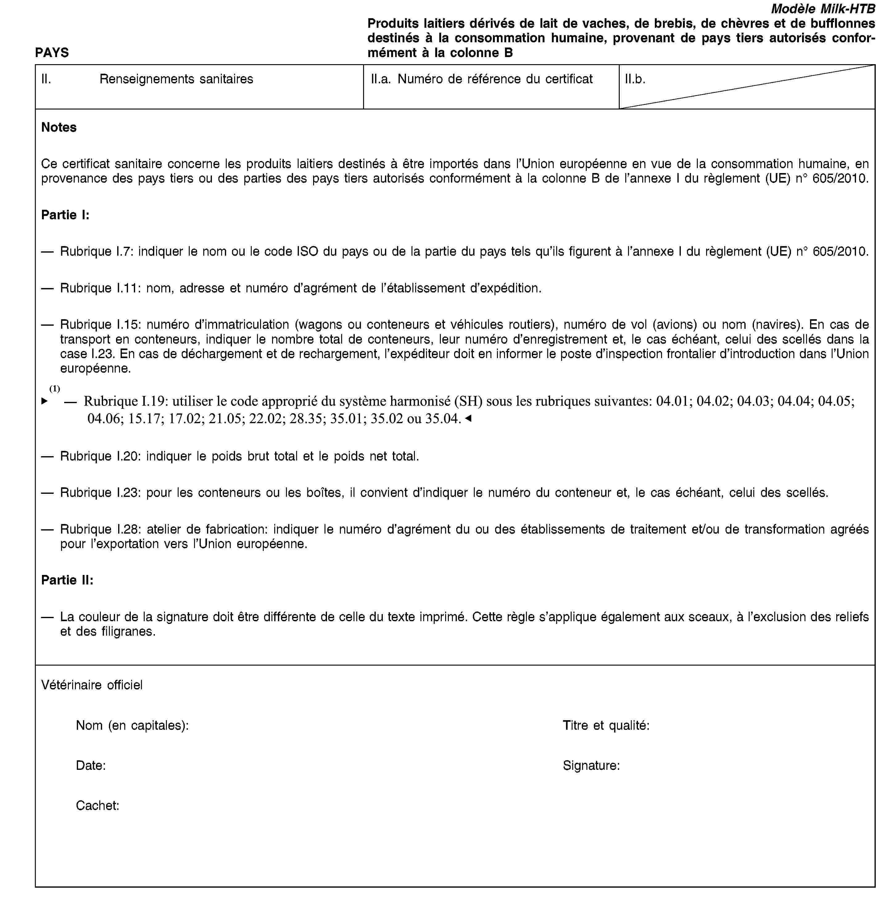 PAYSModèle Milk-HTBProduits laitiers dérivés de lait de vaches, de brebis, de chèvres et de bufflonnes destinés à la consommation humaine, provenant de pays tiers autorisés conformément à la colonne BII. Renseignements sanitairesII.a. Numéro de référence du certificatII.b.NotesCe certificat sanitaire concerne les produits laitiers destinés à être importés dans l’Union européenne en vue de la consommation humaine, en provenance des pays tiers ou des parties des pays tiers autorisés conformément à la colonne B de l’annexe I du règlement (UE) no 605/2010.Partie I:Rubrique I.7: indiquer le nom ou le code ISO du pays ou de la partie du pays tels qu’ils figurent à l’annexe I du règlement (UE) no 605/2010.Rubrique I.11: nom, adresse et numéro d’agrément de l’établissement d’expédition.Rubrique I.15: numéro d’immatriculation (wagons ou conteneurs et véhicules routiers), numéro de vol (avions) ou nom (navires). En cas de transport en conteneurs, indiquer le nombre total de conteneurs, leur numéro d’enregistrement et, le cas échéant, celui des scellés dans la case I.23. En cas de déchargement et de rechargement, l’expéditeur doit en informer le poste d’inspection frontalier d’introduction dans l’Union européenne.Rubrique I.19: utiliser le code approprié du système harmonisé (SH) sous les rubriques suivantes: 04.01; 04.02, 04.03, 04.04, 04.05, 04.06, 17.02, 21.05, 22.02, 35.01, 35.02 ou 35.04.Rubrique I.20: indiquer le poids brut total et le poids net total.Rubrique I.23: pour les conteneurs ou les boîtes, il convient d’indiquer le numéro du conteneur et, le cas échéant, celui des scellés.Rubrique I.28: atelier de fabrication: indiquer le numéro d’agrément du ou des établissements de traitement et/ou de transformation agréés pour l’exportation vers l’Union européenne.Partie II:La couleur de la signature doit être différente de celle du texte imprimé. Cette règle s’applique également aux sceaux, à l’exclusion des reliefs et des filigranes.Vétérinaire officielNom (en capitales):Titre et qualité:Date:Signature:Cachet: