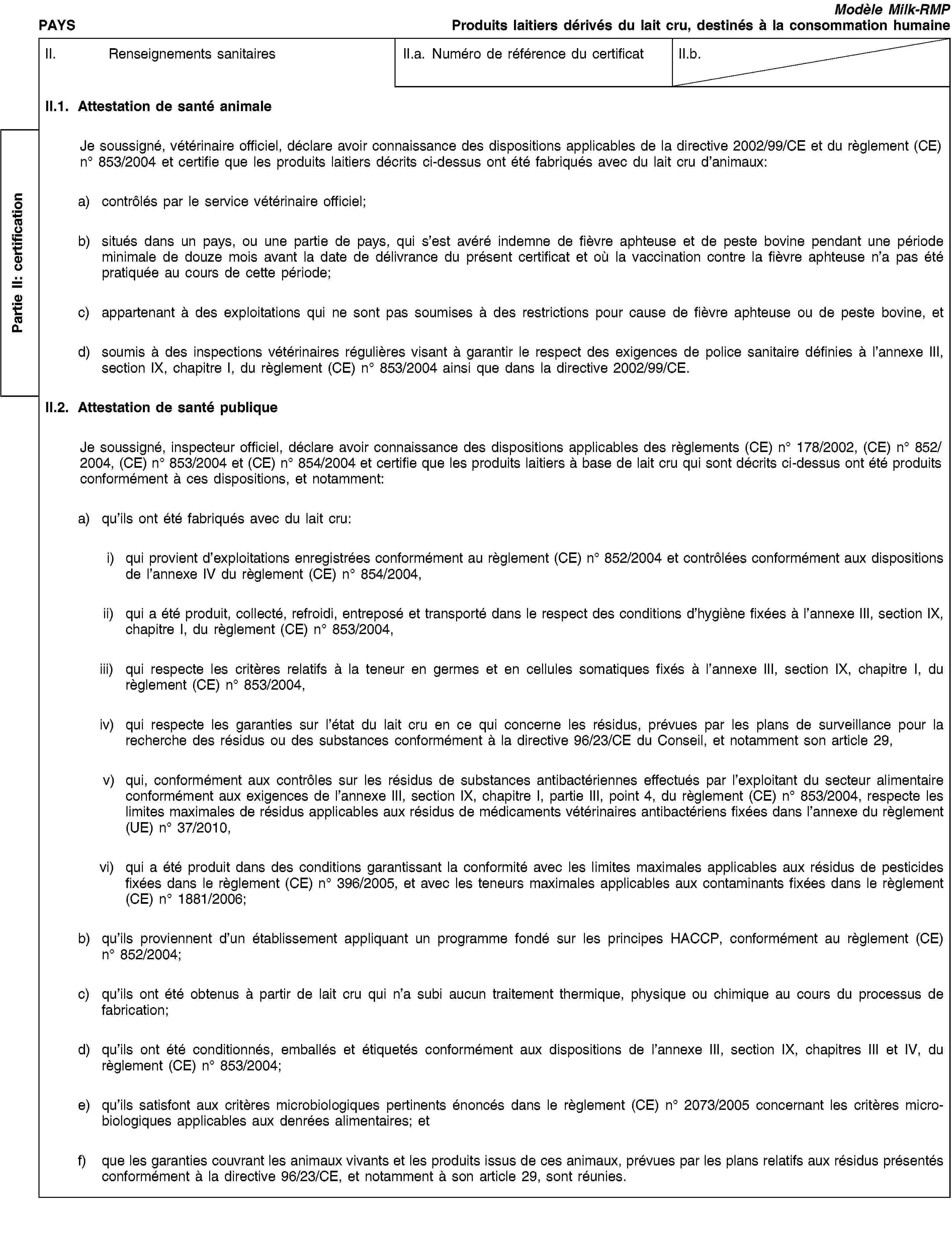 Partie II: certificationPAYSModèle Milk-RMPProduits laitiers dérivés du lait cru, destinés à la consommation humaineII. Renseignements sanitairesII.a. Numéro de référence du certificatII.b.II.1. Attestation de santé animaleJe soussigné, vétérinaire officiel, déclare avoir connaissance des dispositions applicables de la directive 2002/99/CE et du règlement (CE) no 853/2004 et certifie que les produits laitiers décrits ci-dessus ont été fabriqués avec du lait cru d’animaux:a) contrôlés par le service vétérinaire officiel;b) situés dans un pays, ou une partie de pays, qui s’est avéré indemne de fièvre aphteuse et de peste bovine pendant une période minimale de douze mois avant la date de délivrance du présent certificat et où la vaccination contre la fièvre aphteuse n’a pas été pratiquée au cours de cette période;c) appartenant à des exploitations qui ne sont pas soumises à des restrictions pour cause de fièvre aphteuse ou de peste bovine, etd) soumis à des inspections vétérinaires régulières visant à garantir le respect des exigences de police sanitaire définies à l’annexe III, section IX, chapitre I, du règlement (CE) no 853/2004 ainsi que dans la directive 2002/99/CE.II.2. Attestation de santé publiqueJe soussigné, inspecteur officiel, déclare avoir connaissance des dispositions applicables des règlements (CE) no 178/2002, (CE) no 852/2004, (CE) no 853/2004 et (CE) no 854/2004 et certifie que les produits laitiers à base de lait cru qui sont décrits ci-dessus ont été produits conformément à ces dispositions, et notamment:a) qu’ils ont été fabriqués avec du lait cru:i) qui provient d’exploitations enregistrées conformément au règlement (CE) no 852/2004 et contrôlées conformément aux dispositions de l’annexe IV du règlement (CE) no 854/2004,ii) qui a été produit, collecté, refroidi, entreposé et transporté dans le respect des conditions d’hygiène fixées à l’annexe III, section IX, chapitre I, du règlement (CE) no 853/2004,iii) qui respecte les critères relatifs à la teneur en germes et en cellules somatiques fixés à l’annexe III, section IX, chapitre I, du règlement (CE) no 853/2004,iv) qui respecte les garanties sur l’état du lait cru en ce qui concerne les résidus, prévues par les plans de surveillance pour la recherche des résidus ou des substances conformément à la directive 96/23/CE du Conseil, et notamment son article 29,v) qui, conformément aux contrôles sur les résidus de substances antibactériennes effectués par l’exploitant du secteur alimentaire conformément aux exigences de l’annexe III, section IX, chapitre I, partie III, point 4, du règlement (CE) no 853/2004, respecte les limites maximales de résidus applicables aux résidus de médicaments vétérinaires antibactériens fixées dans l’annexe du règlement (UE) no 37/2010,vi) qui a été produit dans des conditions garantissant la conformité avec les limites maximales applicables aux résidus de pesticides fixées dans le règlement (CE) no 396/2005, et avec les teneurs maximales applicables aux contaminants fixées dans le règlement (CE) no 1881/2006;b) qu’ils proviennent d’un établissement appliquant un programme fondé sur les principes HACCP, conformément au règlement (CE) no 852/2004;c) qu’ils ont été obtenus à partir de lait cru qui n’a subi aucun traitement thermique, physique ou chimique au cours du processus de fabrication;d) qu’ils ont été conditionnés, emballés et étiquetés conformément aux dispositions de l’annexe III, section IX, chapitres III et IV, du règlement (CE) no 853/2004;e) qu’ils satisfont aux critères microbiologiques pertinents énoncés dans le règlement (CE) no 2073/2005 concernant les critères microbiologiques applicables aux denrées alimentaires; etf) que les garanties couvrant les animaux vivants et les produits issus de ces animaux, prévues par les plans relatifs aux résidus présentés conformément à la directive 96/23/CE, et notamment à son article 29, sont réunies.