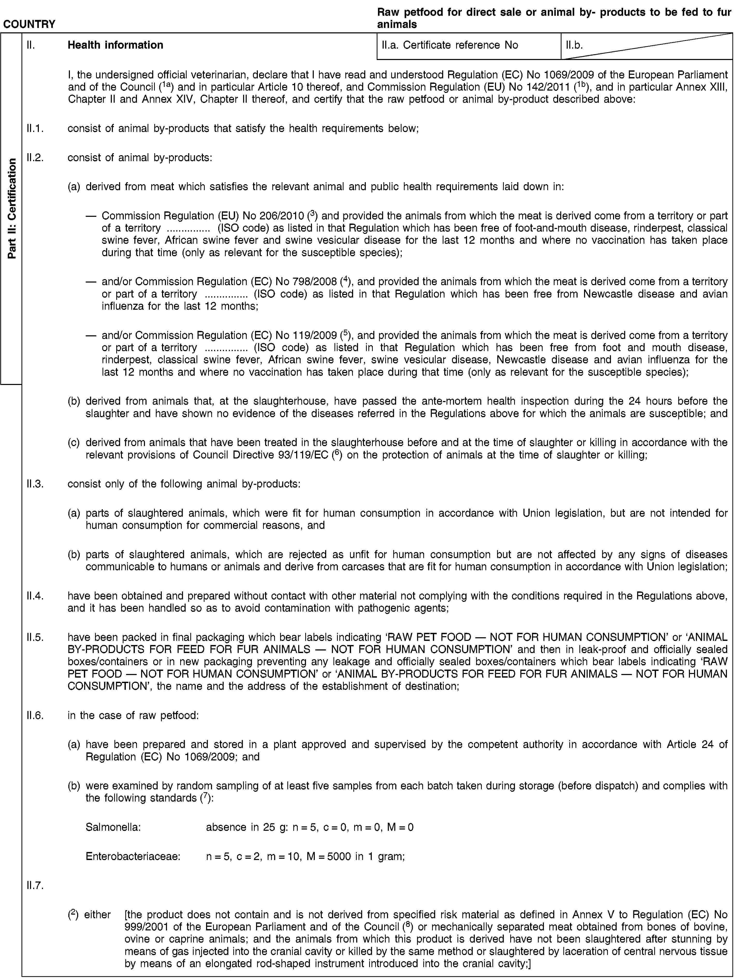 Part II: CertificationCOUNTRYRaw petfood for direct sale or animal by- products to be fed to fur animalsII. Health informationII.a. Certificate reference NoII.b.I, the undersigned official veterinarian, declare that I have read and understood Regulation (EC) No 1069/2009 of the European Parliament and of the Council (1a) and in particular Article 10 thereof, and Commission Regulation (EU) No 142/2011 (1b), and in particular Annex XIII, Chapter II and Annex XIV, Chapter II thereof, and certify that the raw petfood or animal by-product described above:II.1. consist of animal by-products that satisfy the health requirements below;II.2. consist of animal by-products:(a) derived from meat which satisfies the relevant animal and public health requirements laid down in:Commission Regulation (EU) No 206/2010 (3) and provided the animals from which the meat is derived come from a territory or part of a territory … (ISO code) as listed in that Regulation which has been free of foot-and-mouth disease, rinderpest, classical swine fever, African swine fever and swine vesicular disease for the last 12 months and where no vaccination has taken place during that time (only as relevant for the susceptible species);and/or Commission Regulation (EC) No 798/2008 (4), and provided the animals from which the meat is derived come from a territory or part of a territory … (ISO code) as listed in that Regulation which has been free from Newcastle disease and avian influenza for the last 12 months;and/or Commission Regulation (EC) No 119/2009 (5), and provided the animals from which the meat is derived come from a territory or part of a territory … (ISO code) as listed in that Regulation which has been free from foot and mouth disease, rinderpest, classical swine fever, African swine fever, swine vesicular disease, Newcastle disease and avian influenza for the last 12 months and where no vaccination has taken place during that time (only as relevant for the susceptible species);(b) derived from animals that, at the slaughterhouse, have passed the ante-mortem health inspection during the 24 hours before the slaughter and have shown no evidence of the diseases referred in the Regulations above for which the animals are susceptible; and(c) derived from animals that have been treated in the slaughterhouse before and at the time of slaughter or killing in accordance with the relevant provisions of Council Directive 93/119/EC (6) on the protection of animals at the time of slaughter or killing;II.3. consist only of the following animal by-products:(a) parts of slaughtered animals, which were fit for human consumption in accordance with Union legislation, but are not intended for human consumption for commercial reasons, and(b) parts of slaughtered animals, which are rejected as unfit for human consumption but are not affected by any signs of diseases communicable to humans or animals and derive from carcases that are fit for human consumption in accordance with Union legislation;II.4. have been obtained and prepared without contact with other material not complying with the conditions required in the Regulations above, and it has been handled so as to avoid contamination with pathogenic agents;II.5. have been packed in final packaging which bear labels indicating ‘RAW PET FOOD — NOT FOR HUMAN CONSUMPTION’ or ‘ANIMAL BY-PRODUCTS FOR FEED FOR FUR ANIMALS — NOT FOR HUMAN CONSUMPTION’ and then in leak-proof and officially sealed boxes/containers or in new packaging preventing any leakage and officially sealed boxes/containers which bear labels indicating ‘RAW PET FOOD — NOT FOR HUMAN CONSUMPTION’ or ‘ANIMAL BY-PRODUCTS FOR FEED FOR FUR ANIMALS — NOT FOR HUMAN CONSUMPTION’, the name and the address of the establishment of destination;II.6. in the case of raw petfood:(a) have been prepared and stored in a plant approved and supervised by the competent authority in accordance with Article 24 of Regulation (EC) No 1069/2009; and(b) were examined by random sampling of at least five samples from each batch taken during storage (before dispatch) and complies with the following standards (7):Salmonella: absence in 25 g: n = 5, c = 0, m = 0, M = 0Enterobacteriaceae: n = 5, c = 2, m = 10, M = 5000 in 1 gram;II.7.(2) either [the product does not contain and is not derived from specified risk material as defined in Annex V to Regulation (EC) No 999/2001 of the European Parliament and of the Council (8) or mechanically separated meat obtained from bones of bovine, ovine or caprine animals; and the animals from which this product is derived have not been slaughtered after stunning by means of gas injected into the cranial cavity or killed by the same method or slaughtered by laceration of central nervous tissue by means of an elongated rod-shaped instrument introduced into the cranial cavity;]