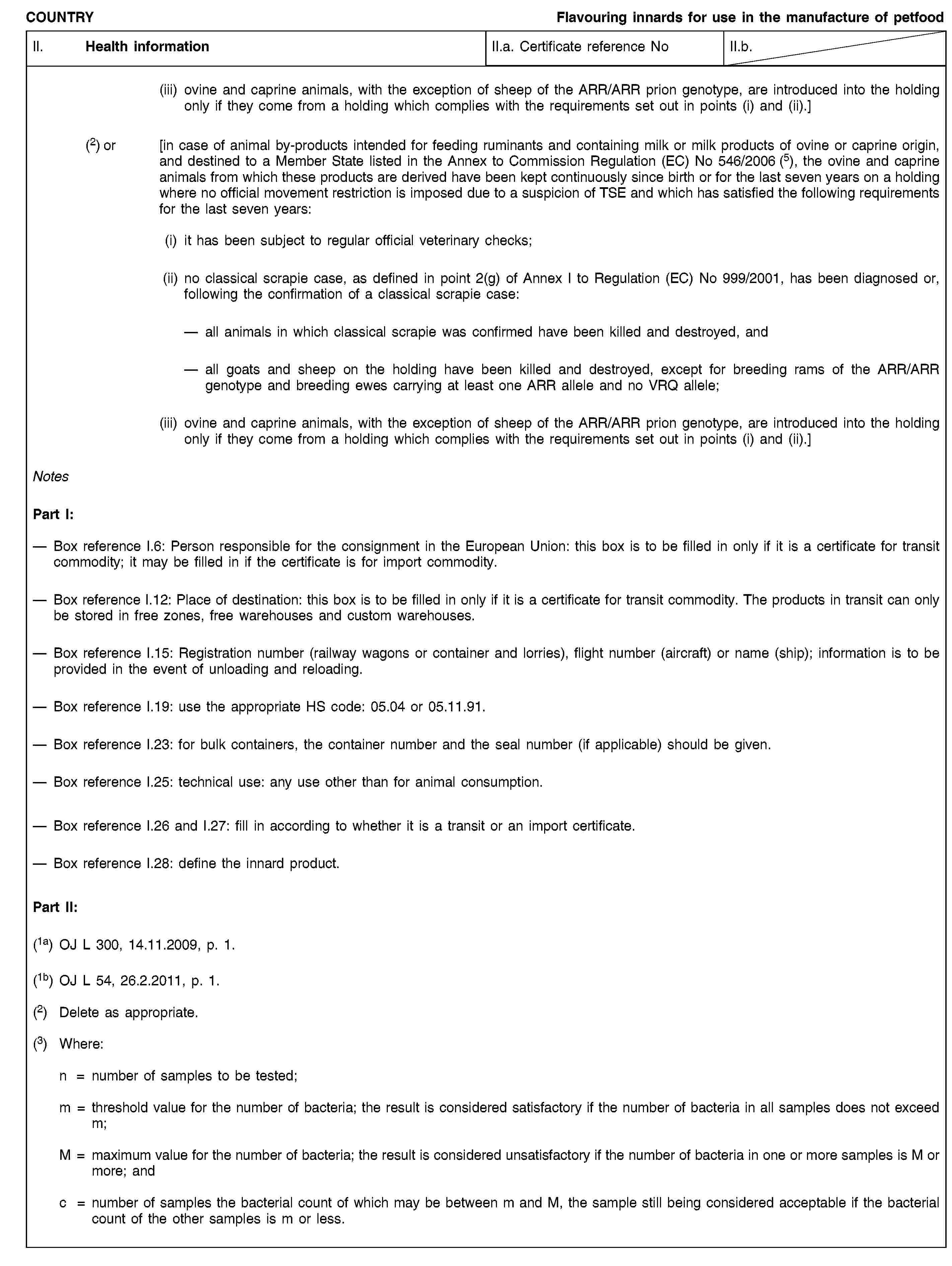 COUNTRYFlavouring innards for use in the manufacture of petfoodII. Health informationII.a. Certificate reference NoII.b.(iii) ovine and caprine animals, with the exception of sheep of the ARR/ARR prion genotype, are introduced into the holding only if they come from a holding which complies with the requirements set out in points (i) and (ii).](2) or [in case of animal by-products intended for feeding ruminants and containing milk or milk products of ovine or caprine origin, and destined to a Member State listed in the Annex to Commission Regulation (EC) No 546/2006 (5), the ovine and caprine animals from which these products are derived have been kept continuously since birth or for the last seven years on a holding where no official movement restriction is imposed due to a suspicion of TSE and which has satisfied the following requirements for the last seven years:(i) it has been subject to regular official veterinary checks;(ii) no classical scrapie case, as defined in point 2(g) of Annex I to Regulation (EC) No 999/2001, has been diagnosed or, following the confirmation of a classical scrapie case:all animals in which classical scrapie was confirmed have been killed and destroyed, andall goats and sheep on the holding have been killed and destroyed, except for breeding rams of the ARR/ARR genotype and breeding ewes carrying at least one ARR allele and no VRQ allele;(iii) ovine and caprine animals, with the exception of sheep of the ARR/ARR prion genotype, are introduced into the holding only if they come from a holding which complies with the requirements set out in points (i) and (ii).]NotesPart I:Box reference I.6: Person responsible for the consignment in the European Union: this box is to be filled in only if it is a certificate for transit commodity; it may be filled in if the certificate is for import commodity.Box reference I.12: Place of destination: this box is to be filled in only if it is a certificate for transit commodity. The products in transit can only be stored in free zones, free warehouses and custom warehouses.Box reference I.15: Registration number (railway wagons or container and lorries), flight number (aircraft) or name (ship); information is to be provided in the event of unloading and reloading.Box reference I.19: use the appropriate HS code: 05.04 or 05.11.91.Box reference I.23: for bulk containers, the container number and the seal number (if applicable) should be given.Box reference I.25: technical use: any use other than for animal consumption.Box reference I.26 and I.27: fill in according to whether it is a transit or an import certificate.Box reference I.28: define the innard product.Part II:(1a) OJ L 300, 14.11.2009, p. 1.(1b) OJ L 54, 26.2.2011, p. 1.(2) Delete as appropriate.(3) Where:n = number of samples to be tested;m = threshold value for the number of bacteria; the result is considered satisfactory if the number of bacteria in all samples does not exceed m;M = maximum value for the number of bacteria; the result is considered unsatisfactory if the number of bacteria in one or more samples is M or more; andc = number of samples the bacterial count of which may be between m and M, the sample still being considered acceptable if the bacterial count of the other samples is m or less.