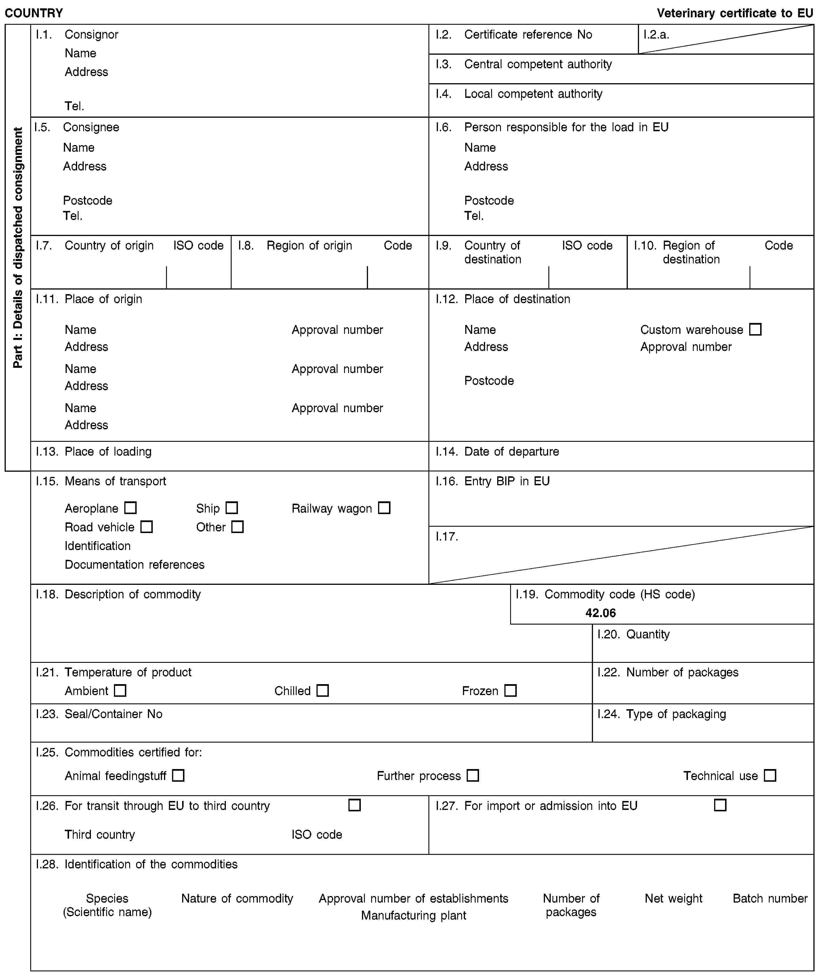 Part I: Details of dispatched consignmentCOUNTRYVeterinary certificate to EUI.1. ConsignorNameAddressTel.I.2. Certificate reference NoI.2.a.I.3. Central competent authorityI.4. Local competent authorityI.5. ConsigneeNameAddressPostcodeTel.I.6. Person responsible for the load in EUNameAddressPostcodeTel.I.7. Country of originISO codeI.8. Region of originCodeI.9. Country of destinationISO codeI.10. Region of destinationCodeI.11. Place of originNameApproval numberAddressNameApproval numberAddressNameApproval numberAddressI.12. Place of destinationNameCustom warehouseAddressApproval numberPostcodeI.13. Place of loadingI.14. Date of departureI.15. Means of transportAeroplaneShipRailway wagonRoad vehicleOtherIdentificationDocumentation referencesI.16. Entry BIP in EUI.17.I.18. Description of commodityI.19. Commodity code (HS code)42.06I.20. QuantityI.21. Temperature of productAmbientChilledFrozenI.22. Number of packagesI.23. Seal/Container NoI.24. Type of packagingI.25. Commodities certified for:Animal feedingstuffFurther processTechnical useI.26. For transit through EU to third countryThird countryISO codeI.27. For import or admission into EUI.28. Identification of the commoditiesSpecies(Scientific name)Nature of commodityApproval number of establishmentsManufacturing plantNumber of packagesNet weightBatch number