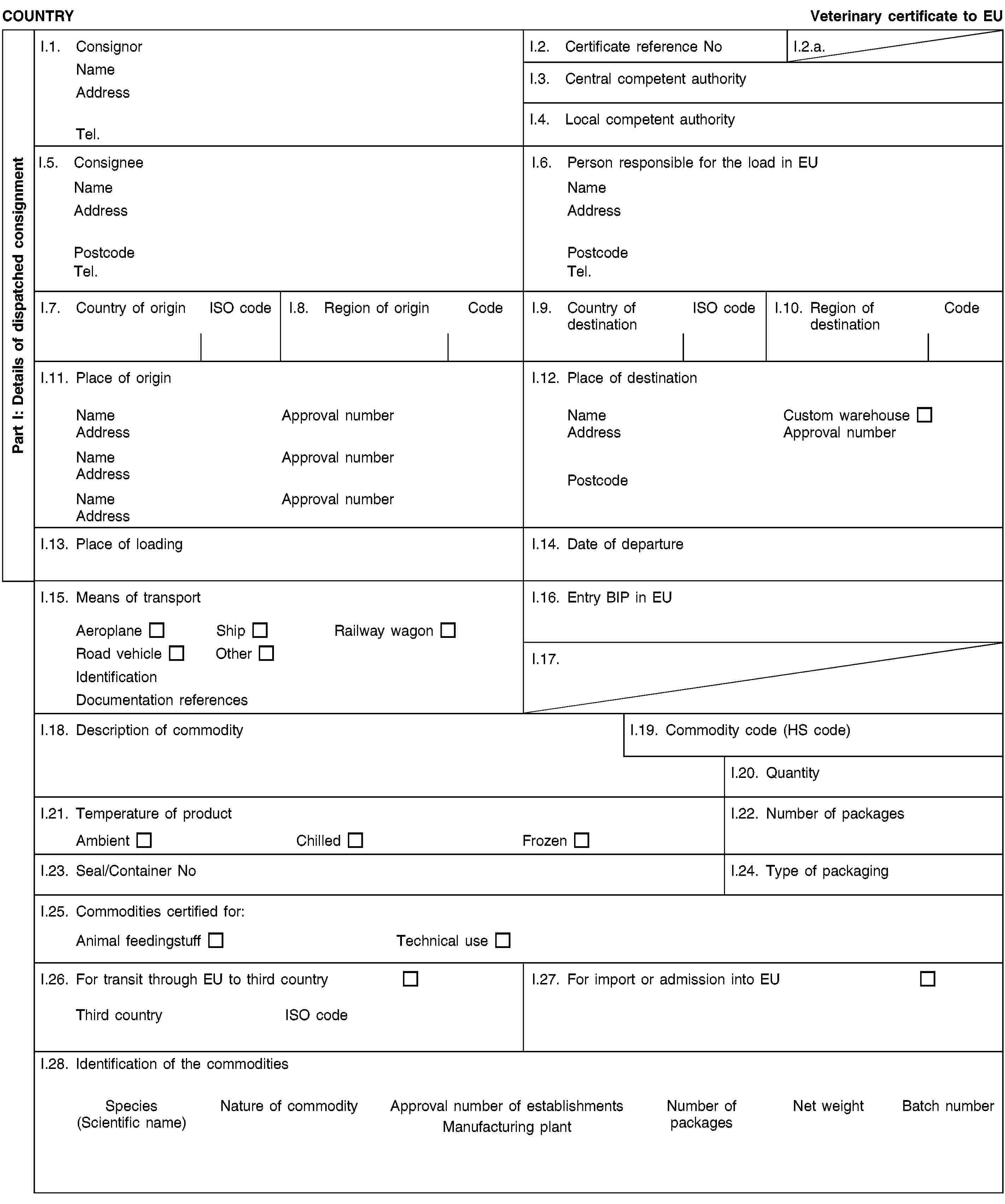 Part I: Details of dispatched consignmentCOUNTRYVeterinary certificate to EUI.1. ConsignorNameAddressTel.I.2. Certificate reference NoI.2.a.I.3. Central competent authorityI.4. Local competent authorityI.5. ConsigneeNameAddressPostcodeTel.I.6. Person responsible for the load in EUNameAddressPostcodeTel.I.7. Country of originISO codeI.8. Region of originCodeI.9. Country of destinationISO codeI.10. Region of destinationCodeI.11. Place of originNameApproval numberAddressNameApproval numberAddressNameApproval numberAddressI.12. Place of destinationNameCustom warehouseAddressApproval numberPostcodeI.13. Place of loadingI.14. Date of departureI.15. Means of transportAeroplaneShipRailway wagonRoad vehicleOtherIdentificationDocumentation referencesI.16. Entry BIP in EUI.17.I.18. Description of commodityI.19. Commodity code (HS code)I.20. QuantityI.21. Temperature of productAmbientChilledFrozenI.22. Number of packagesI.23. Seal/Container NoI.24. Type of packagingI.25. Commodities certified for:Animal feedingstuffTechnical useI.26. For transit through EU to third countryThird countryISO codeI.27. For import or admission into EUI.28. Identification of the commoditiesSpecies(Scientific name)Nature of commodityApproval number of establishmentsManufacturing plantNumber of packagesNet weightBatch number