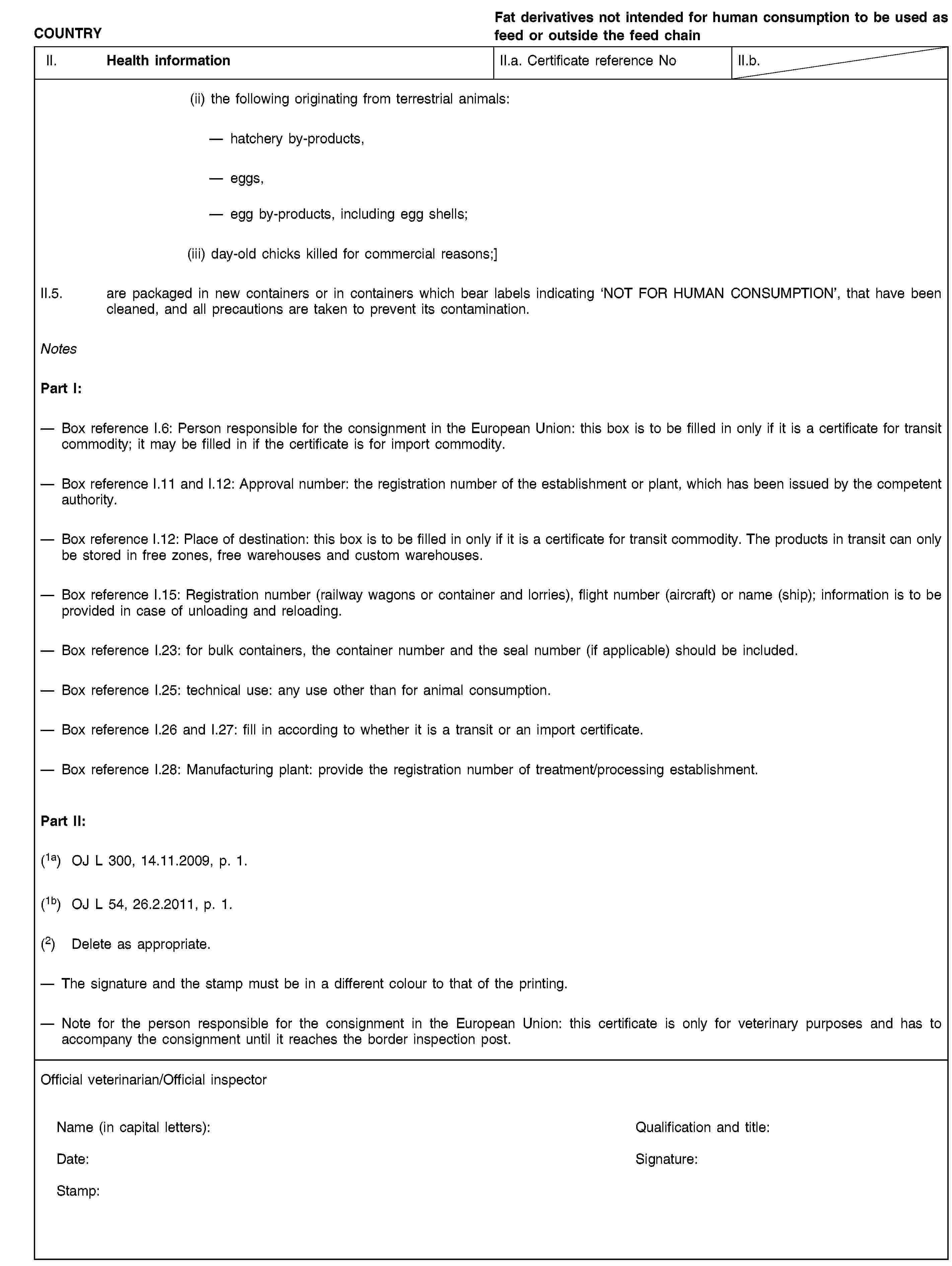 COUNTRYFat derivatives not intended for human consumption to be used as feed or outside the feed chainII. Health informationII.a. Certificate reference NoII.b.(ii) the following originating from terrestrial animals:hatchery by-products,eggs,egg by-products, including egg shells;(iii) day-old chicks killed for commercial reasons;]II.5. are packaged in new containers or in containers which bear labels indicating ‘NOT FOR HUMAN CONSUMPTION’, that have been cleaned, and all precautions are taken to prevent its contamination.NotesPart I:Box reference I.6: Person responsible for the consignment in the European Union: this box is to be filled in only if it is a certificate for transit commodity; it may be filled in if the certificate is for import commodity.Box reference I.11 and I.12: Approval number: the registration number of the establishment or plant, which has been issued by the competent authority.Box reference I.12: Place of destination: this box is to be filled in only if it is a certificate for transit commodity. The products in transit can only be stored in free zones, free warehouses and custom warehouses.Box reference I.15: Registration number (railway wagons or container and lorries), flight number (aircraft) or name (ship); information is to be provided in case of unloading and reloading.Box reference I.23: for bulk containers, the container number and the seal number (if applicable) should be included.Box reference I.25: technical use: any use other than for animal consumption.Box reference I.26 and I.27: fill in according to whether it is a transit or an import certificate.Box reference I.28: Manufacturing plant: provide the registration number of treatment/processing establishment.Part II:(1a) OJ L 300, 14.11.2009, p. 1.(1b) OJ L 54, 26.2.2011, p. 1.(2) Delete as appropriate.The signature and the stamp must be in a different colour to that of the printing.Note for the person responsible for the consignment in the European Union: this certificate is only for veterinary purposes and has to accompany the consignment until it reaches the border inspection post.Official veterinarian/Official inspectorName (in capital letters):Qualification and title:Date:Signature:Stamp: