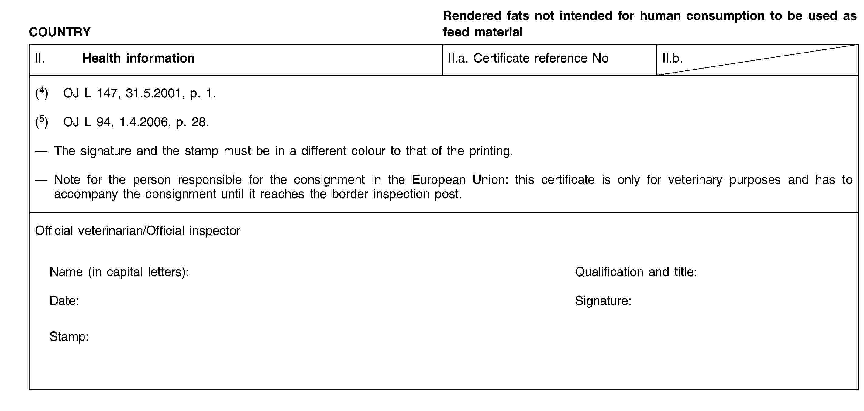 COUNTRYRendered fats not intended for human consumption to be used as feed materialII. Health informationII.a. Certificate reference NoII.b.(4) OJ L 147, 31.5.2001, p. 1.(5) OJ L 94, 1.4.2006, p. 28.The signature and the stamp must be in a different colour to that of the printing.Note for the person responsible for the consignment in the European Union: this certificate is only for veterinary purposes and has to accompany the consignment until it reaches the border inspection post.Official veterinarian/Official inspectorName (in capital letters):Qualification and title:Date:Signature:Stamp: