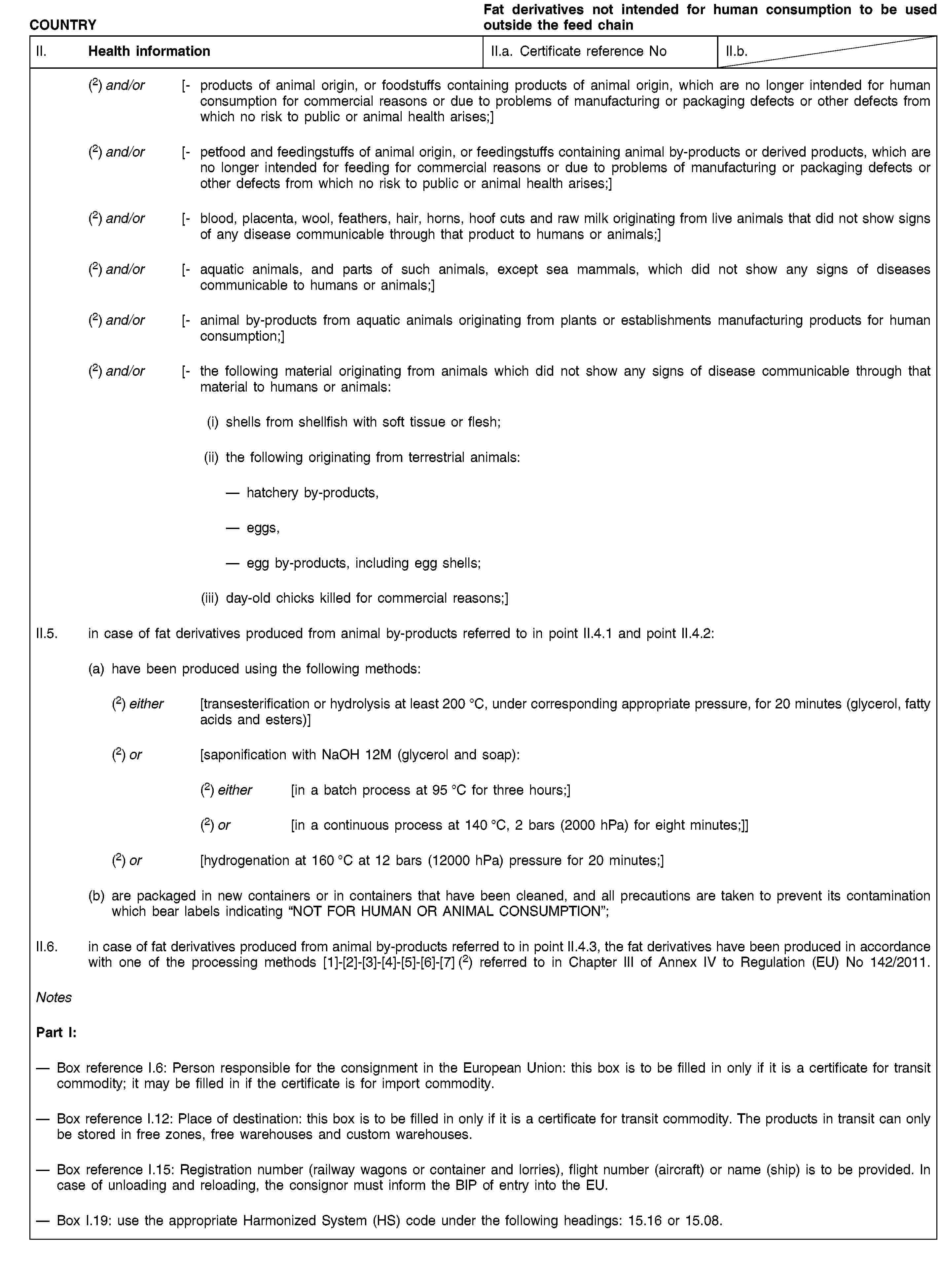 COUNTRYFat derivatives not intended for human consumption to be used outside the feed chainII. Health informationII.a. Certificate reference NoII.b.(2) and/or [- products of animal origin, or foodstuffs containing products of animal origin, which are no longer intended for human consumption for commercial reasons or due to problems of manufacturing or packaging defects or other defects from which no risk to public or animal health arises;](2) and/or [- petfood and feedingstuffs of animal origin, or feedingstuffs containing animal by-products or derived products, which are no longer intended for feeding for commercial reasons or due to problems of manufacturing or packaging defects or other defects from which no risk to public or animal health arises;](2) and/or [- blood, placenta, wool, feathers, hair, horns, hoof cuts and raw milk originating from live animals that did not show signs of any disease communicable through that product to humans or animals;](2) and/or [- aquatic animals, and parts of such animals, except sea mammals, which did not show any signs of diseases communicable to humans or animals;](2) and/or [- animal by-products from aquatic animals originating from plants or establishments manufacturing products for human consumption;](2) and/or [- the following material originating from animals which did not show any signs of disease communicable through that material to humans or animals:(i) shells from shellfish with soft tissue or flesh;(ii)the following originating from terrestrial animals:hatchery by-products,eggs,egg by-products, including egg shells;(iii)day-old chicks killed for commercial reasons;]II.5. in case of fat derivatives produced from animal by-products referred to in point II.4.1 and point II.4.2:(a) have been produced using the following methods:(2) either [transesterification or hydrolysis at least 200 °C, under corresponding appropriate pressure, for 20 minutes (glycerol, fatty acids and esters)](2) or [saponification with NaOH 12M (glycerol and soap):(2) either [in a batch process at 95 °C for three hours;](2) or [in a continuous process at 140 °C, 2 bars (2000 hPa) for eight minutes;]](2) or [hydrogenation at 160 °C at 12 bars (12000 hPa) pressure for 20 minutes;](b) are packaged in new containers or in containers that have been cleaned, and all precautions are taken to prevent its contamination which bear labels indicating “NOT FOR HUMAN OR ANIMAL CONSUMPTION”;II.6. in case of fat derivatives produced from animal by-products referred to in point II.4.3, the fat derivatives have been produced in accordance with one of the processing methods [1]-[2]-[3]-[4]-[5]-[6]-[7] (2) referred to in Chapter III of Annex IV to Regulation (EU) No 142/2011.NotesPart I:Box reference I.6: Person responsible for the consignment in the European Union: this box is to be filled in only if it is a certificate for transit commodity; it may be filled in if the certificate is for import commodity.Box reference I.12: Place of destination: this box is to be filled in only if it is a certificate for transit commodity. The products in transit can only be stored in free zones, free warehouses and custom warehouses.Box reference I.15: Registration number (railway wagons or container and lorries), flight number (aircraft) or name (ship) is to be provided. In case of unloading and reloading, the consignor must inform the BIP of entry into the EU.Box I.19: use the appropriate Harmonized System (HS) code under the following headings: 15.16 or 15.08.