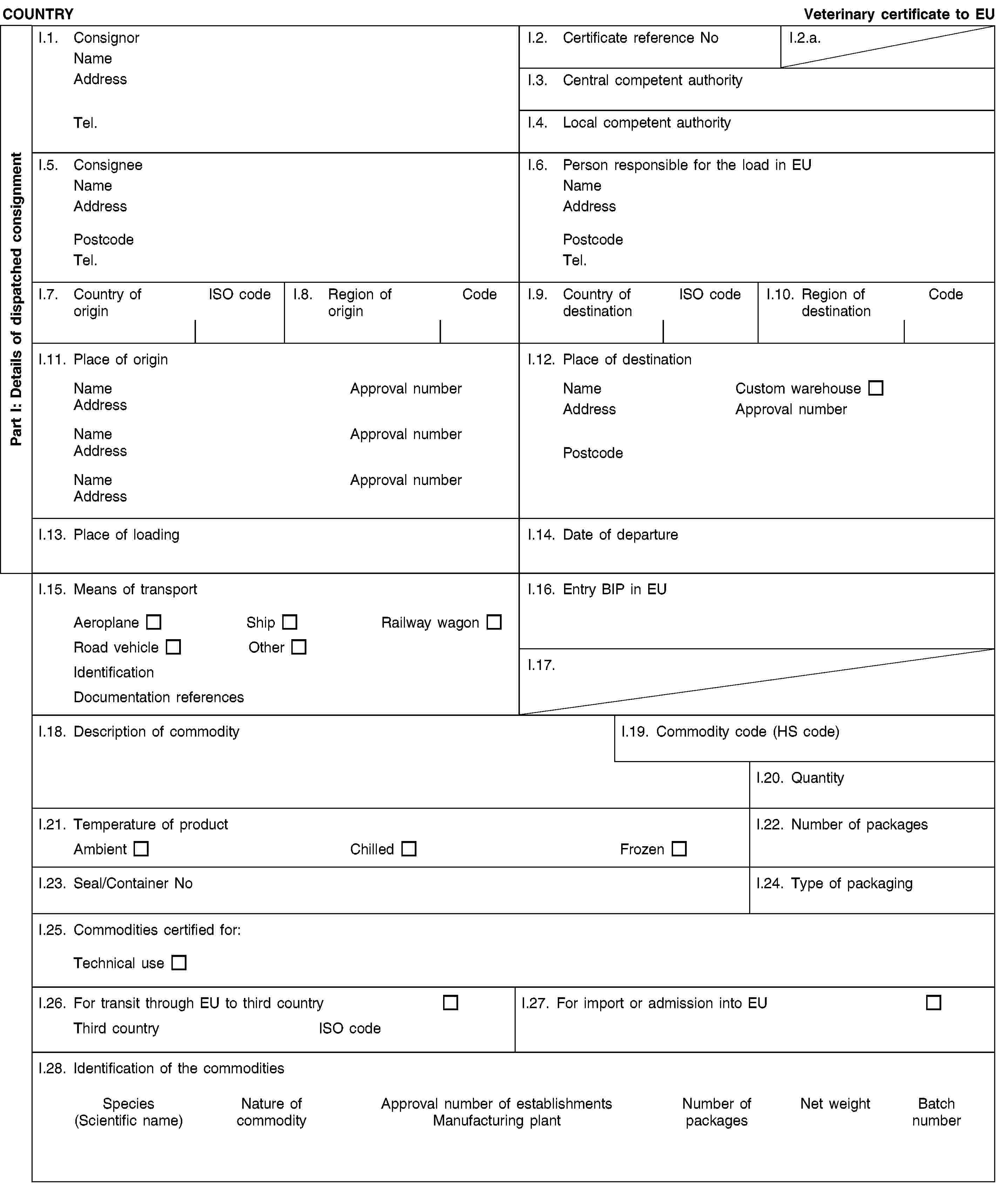 Part I: Details of dispatched consignmentCOUNTRYVeterinary certificate to EUI.1. ConsignorNameAddressTel.I.2. Certificate reference NoI.2.a.I.3. Central competent authorityI.4. Local competent authorityI.5. ConsigneeNameAddressPostcodeTel.I.6. Person responsible for the load in EUNameAddressPostcodeTel.I.7. Country of originISO codeI.8. Region of originCodeI.9. Country of destinationISO codeI.10. Region of destinationCodeI.11. Place of originNameApproval numberAddressNameApproval numberAddressNameApproval numberAddressI.12. Place of destinationNameCustom warehouseAddressApproval numberPostcodeI.13. Place of loadingI.14. Date of departureI.15. Means of transportAeroplaneShipRailway wagonRoad vehicleOtherIdentificationDocumentation referencesI.16. Entry BIP in EUI.17.I.18. Description of commodityI.19. Commodity code (HS code)I.20. QuantityI.21. Temperature of productAmbientChilledFrozenI.22. Number of packagesI.23. Seal/Container NoI.24. Type of packagingI.25. Commodities certified for:Technical useI.26. For transit through EU to third countryThird countryISO codeI.27. For import or admission into EUI.28. Identification of the commoditiesSpecies(Scientific name)Nature of commodityApproval number of establishmentsManufacturing plantNumber of packagesNet weightBatch number