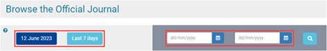 screen shot showing the date buttons and fields at the top of the 'browse the Official Journal' page
