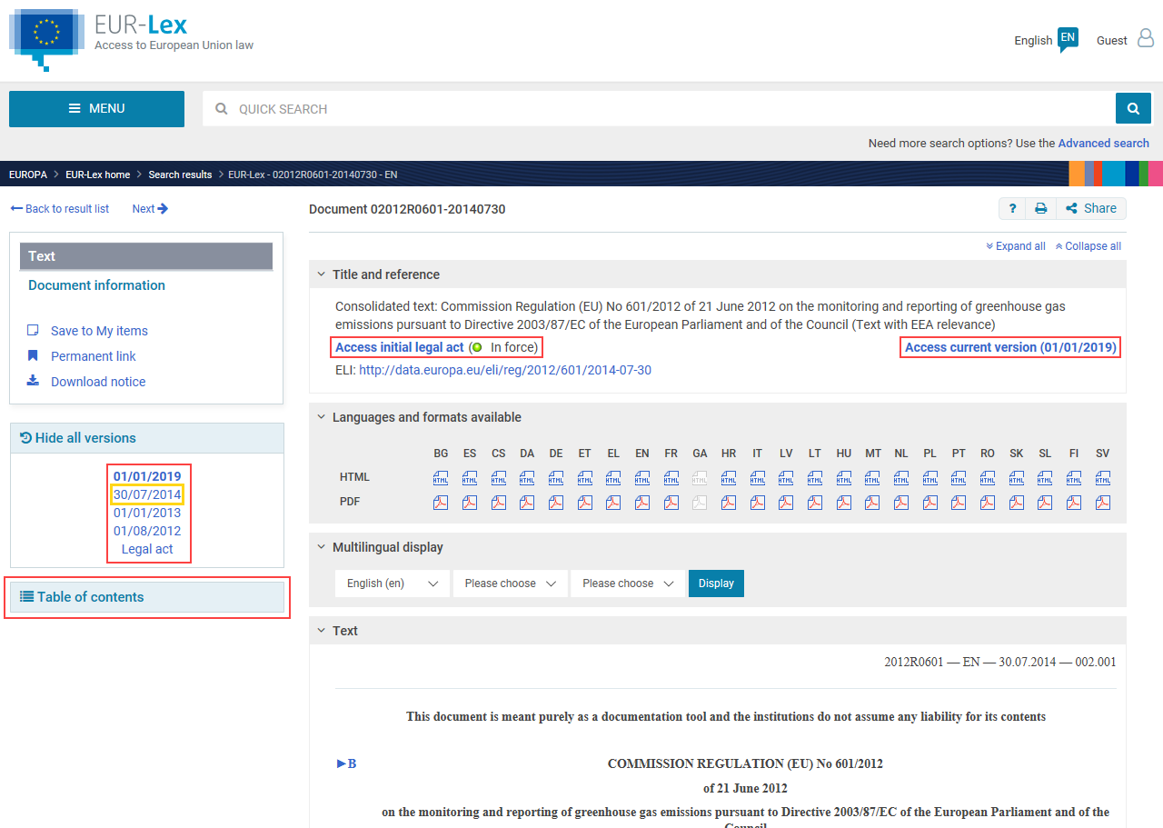 Screen-shot of EUR-Lex document page of a consolidated text with new features highlighted