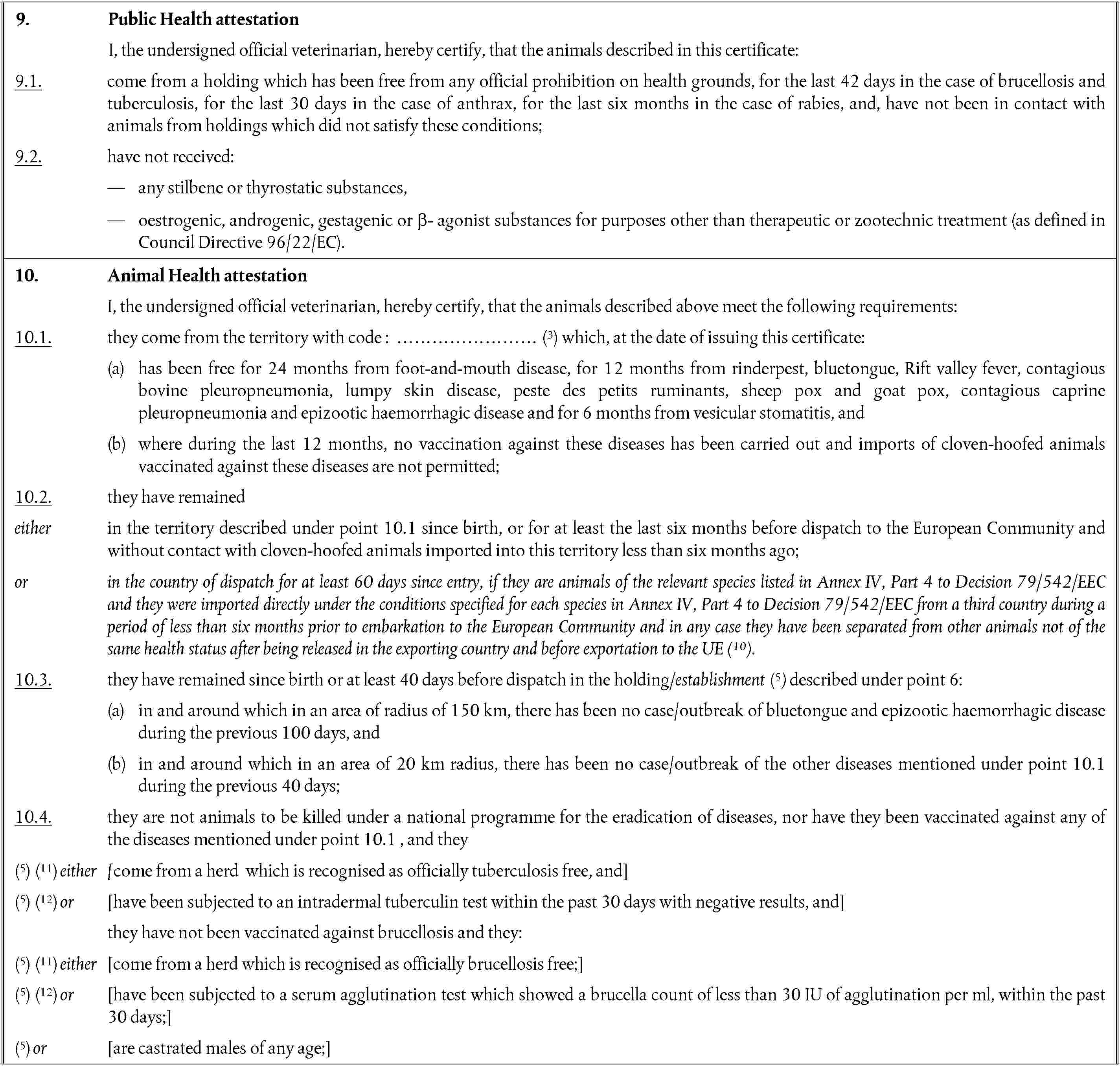 9. Public Health attestationI, the undersigned official veterinarian, hereby certify, that the animals described in this certificate:9.1. come from a holding which has been free from any official prohibition on health grounds, for the last 42 days in the case of brucellosis and tuberculosis, for the last 30 days in the case of anthrax, for the last six months in the case of rabies, and, have not been in contact with animals from holdings which did not satisfy these conditions;9.2. have not received:any stilbene or thyrostatic substances,oestrogenic, androgenic, gestagenic or β- agonist substances for purposes other than therapeutic or zootechnic treatment (as defined in Council Directive 96/22/EC).10. Animal Health attestationI, the undersigned official veterinarian, hereby certify, that the animals described above meet the following requirements:10.1. they come from the territory with code : …………………… (3) which, at the date of issuing this certificate:(a) has been free for 24 months from foot-and-mouth disease, for 12 months from rinderpest, bluetongue, Rift valley fever, contagious bovine pleuropneumonia, lumpy skin disease, peste des petits ruminants, sheep pox and goat pox, contagious caprine pleuropneumonia and epizootic haemorrhagic disease and for 6 months from vesicular stomatitis, and(b) where during the last 12 months, no vaccination against these diseases has been carried out and imports of cloven-hoofed animals vaccinated against these diseases are not permitted;10.2. they have remainedeither in the territory described under point 10.1 since birth, or for at least the last six months before dispatch to the European Community and without contact with cloven-hoofed animals imported into this territory less than six months ago;or in the country of dispatch for at least 60 days since entry, if they are animals of the relevant species listed in Annex IV, Part 4 to Decision 79/542/EEC and they were imported directly under the conditions specified for each species in Annex IV, Part 4 to Decision 79/542/EEC from a third country during a period of less than six months prior to embarkation to the European Community and in any case they have been separated from other animals not of the same health status after being released in the exporting country and before exportation to the UE (10).10.3. they have remained since birth or at least 40 days before dispatch in the holding/establishment (5) described under point 6:(a) in and around which in an area of radius of 150 km, there has been no case/outbreak of bluetongue and epizootic haemorrhagic disease during the previous 100 days, and(b) in and around which in an area of 20 km radius, there has been no case/outbreak of the other diseases mentioned under point 10.1 during the previous 40 days;10.4. they are not animals to be killed under a national programme for the eradication of diseases, nor have they been vaccinated against any of the diseases mentioned under point 10.1, and they(5) (11) either [come from a herd which is recognised as officially tuberculosis free, and](5) (12) or [have been subjected to an intradermal tuberculin test within the past 30 days with negative results, and]they have not been vaccinated against brucellosis and they:(5) (11) either [come from a herd which is recognised as officially brucellosis free;](5) (12) or [have been subjected to a serum agglutination test which showed a brucella count of less than 30 IU of agglutination per ml, within the past 30 days;](5) or [are castrated males of any age;]