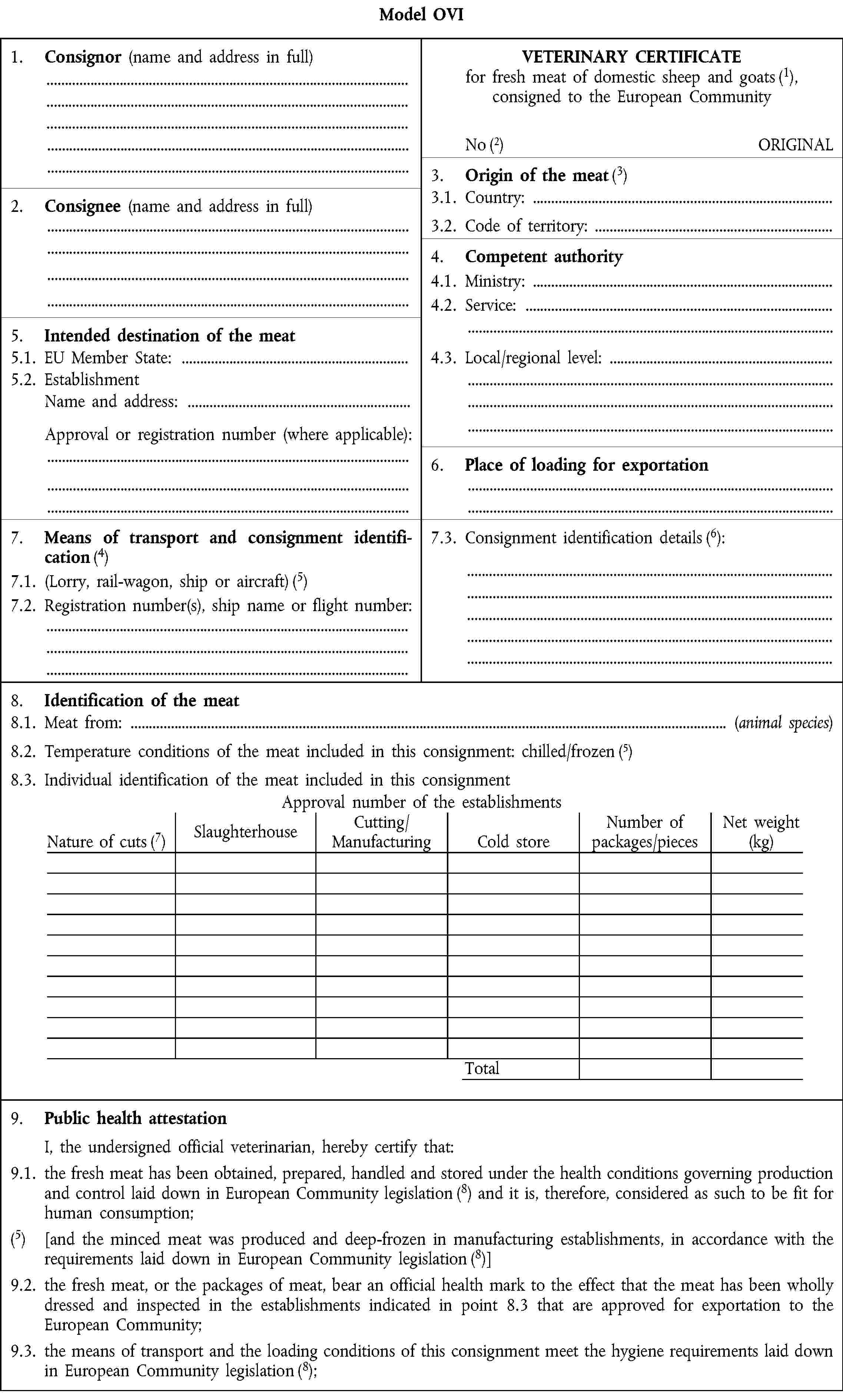 Model OVI1.2. Consignor (name and address in full)VETERINARY CERTIFICATE for fresh meat of domestic sheep and goats (1), consigned to the European CommunityNoORIGINAL3.2. Origin of the meat (3)2.2. Consignee (name and address in full)3.1. Country:3.2. Code of territory:4.2. Competent authority 4.1. Ministry: 4.2. Service:5.2. Intended destination of the meat5.1. EU Member State:4.3. Local/regional level:5.2. EstablishmentName and address:Approval or registration number (where applicable):6.2. Place of loading for exportation7.2. Means of transport and consignment identification (4) 7.1. (Lorry, rail-wagon, ship or aircraft) (5) 7.2. Registration number(s), ship name or flight number:7.3. Consignment identification details (6):8.2. Identification of the meat8.1. Meat from: (animal species) 8.2. Temperature conditions of the meat included in this consignment: chilled/frozen 8.3. Individual identification of the meat included in this consignmentApproval number of the establishmentsNature of cuts (7)SlaughterhouseCutting/ ManufacturingCold storeNumber of packages/piecesNet weight (kg)Total9.3. Public health attestation I, the undersigned official veterinarian, hereby certify that:9.1. the fresh meat has been obtained, prepared, handled and stored under the health conditions governing production and control laid down in European Community legislation (8) and it is, therefore, considered as such to be fit for human consumption;(5) [and the minced meat was produced and deep-frozen in manufacturing establishments, in accordance with the requirements laid down in European Community legislation (8)]9.2. the fresh meat, or the packages of meat, bear an official health mark to the effect that the meat has been wholly dressed and inspected in the establishments indicated in point 8.3 that are approved for exportation to the European Community;9.3. the means of transport and the loading conditions of this consignment meet the hygiene requirements laid down in European Community legislation (8);