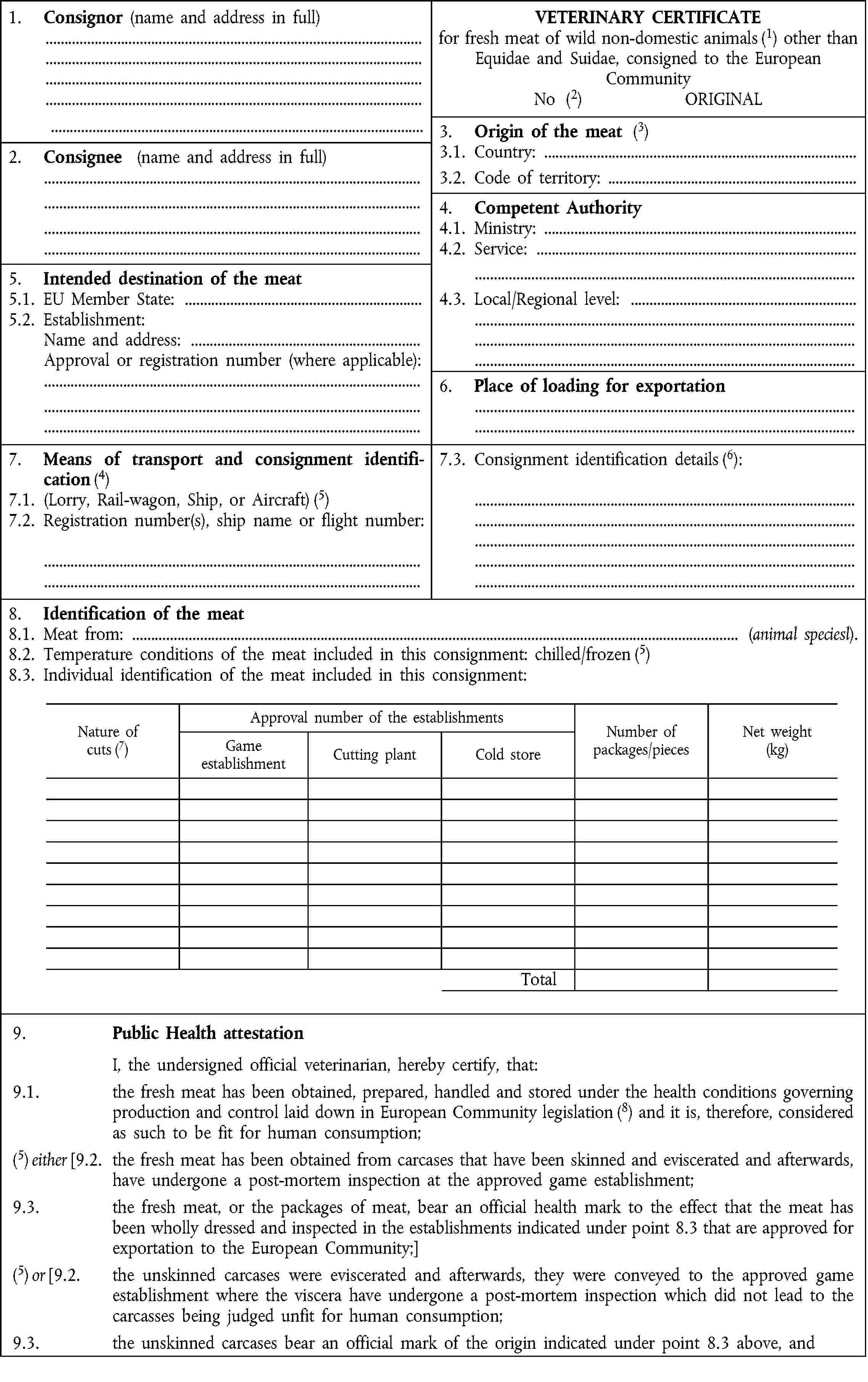 1. Consignor (name and address in full)VETERINARY CERTIFICATEfor fresh meat of wild non-domestic animals (1) other than Equidae and Suidae, consigned to the European CommunityNo (2) ORIGINAL3. Origin of the meat (3)2. Consignee (name and address in full)3.1. Country:3.2. Code of territory:4. Competent Authority4.1. Ministry:4.2. Service:5. Intended destination of the meat5.1. EU Member State:4.3. Local/Regional level:5.2. Establishment:Name and address:Approval or registration number (where applicable):6. Place of loading for exportation7. Means of transport and consignment identification (4)7.3. Consignment identification details (6):7.1. (Lorry, Rail-wagon, Ship, or Aircraft) (5)7.2. Registration number(s), ship name or flight number:8. Identification of the meat8.1. Meat from: (animal speciesl).8.2. Temperature conditions of the meat included in this consignment: chilled/frozen (5)8.3. Individual identification of the meat included in this consignment:Nature ofcuts (7)Approval number of the establishmentsNumber of packages/piecesNet weight(kg)GameestablishmentCutting plantCold storeTotal9. Public Health attestationI, the undersigned official veterinarian, hereby certify, that:9.1. the fresh meat has been obtained, prepared, handled and stored under the health conditions governing production and control laid down in European Community legislation (8) and it is, therefore, considered as such to be fit for human consumption;(5) either [9.2. the fresh meat has been obtained from carcases that have been skinned and eviscerated and afterwards, have undergone a post-mortem inspection at the approved game establishment;9.3. the fresh meat, or the packages of meat, bear an official health mark to the effect that the meat has been wholly dressed and inspected in the establishments indicated under point 8.3 that are approved for exportation to the European Community;](5) or [9.2. the unskinned carcases were eviscerated and afterwards, they were conveyed to the approved game establishment where the viscera have undergone a post-mortem inspection which did not lead to the carcasses being judged unfit for human consumption;9.3. the unskinned carcases bear an official mark of the origin indicated under point 8.3 above, and