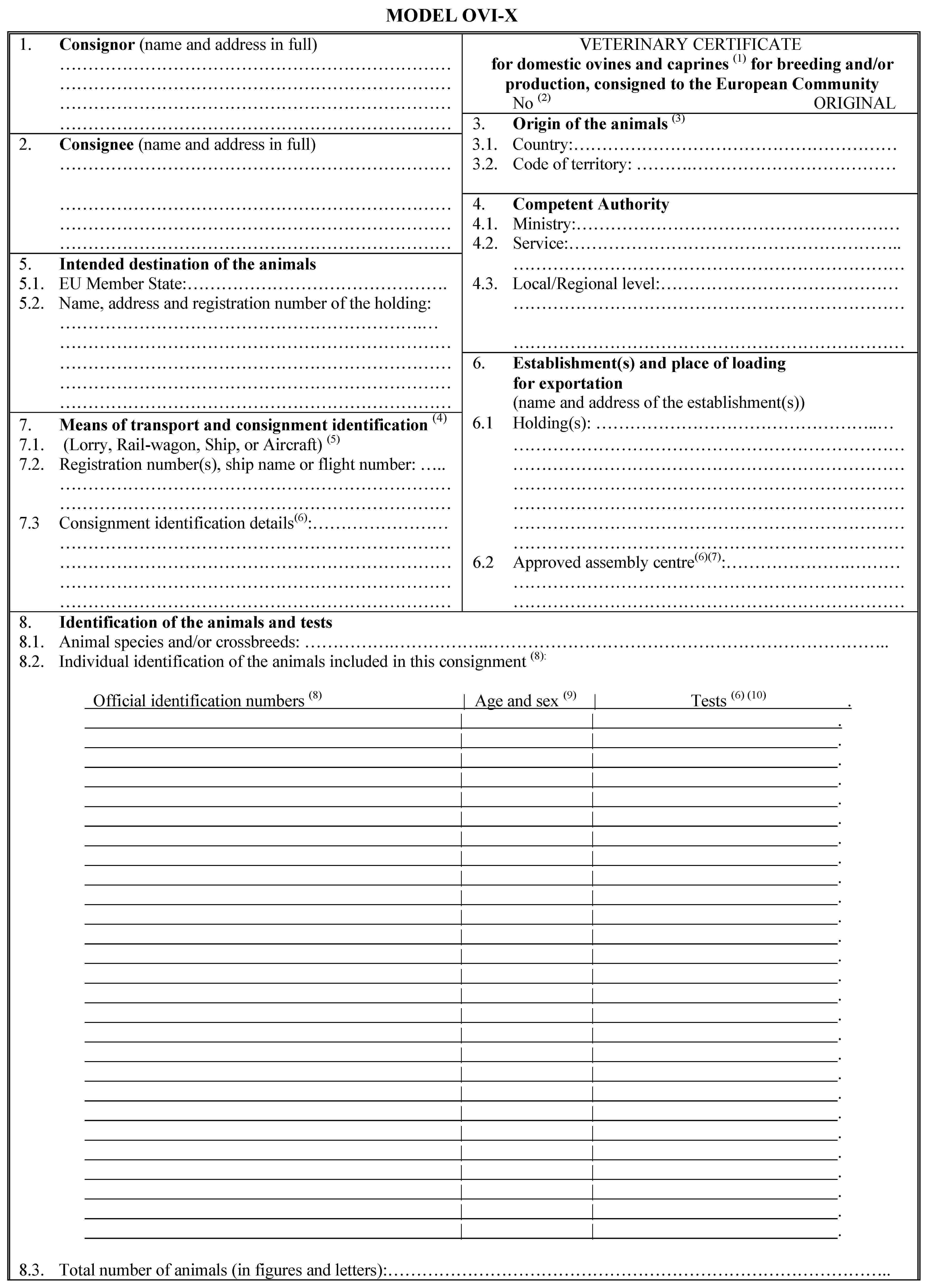 MODEL OVI-X1. Consignor (name and address in full)VETERINARY CERTIFICATEfor domestic ovines and caprines (1) for breeding and/or production, consigned to the European CommunityNo (2) ORIGINAL3. Origin of the animals (3)2. Consignee (name and address in full)3.1. Country:…3.2. Code of territory: …4. Competent Authority4.1. Ministry:…4.2. Service:…5. Intended destination of the animals5.1. EU Member State:…4.3. Local/Regional level:…5.2. Name, address and registration number of the holding: …6. Establishment(s) and place of loadingfor exportation(name and address of the establishment(s))7. Means of transport and consignment identification (4)6.1 Holding(s): …7.1. (Lorry, Rail-wagon, Ship, or Aircraft) (5)7.2. Registration number(s), ship name or flight number: …7.3 Consignment identification details(6):…6.2 Approved assembly centre(6)(7):…8. Identification of the animals and tests8.1. Animal species and/or crossbreeds: …8.2. Individual identification of the animals included in this consignment (8):Official identification numbers (8)Age and sex (9)Tests (6) (10) .8.3. Total number of animals (in figures and letters):…