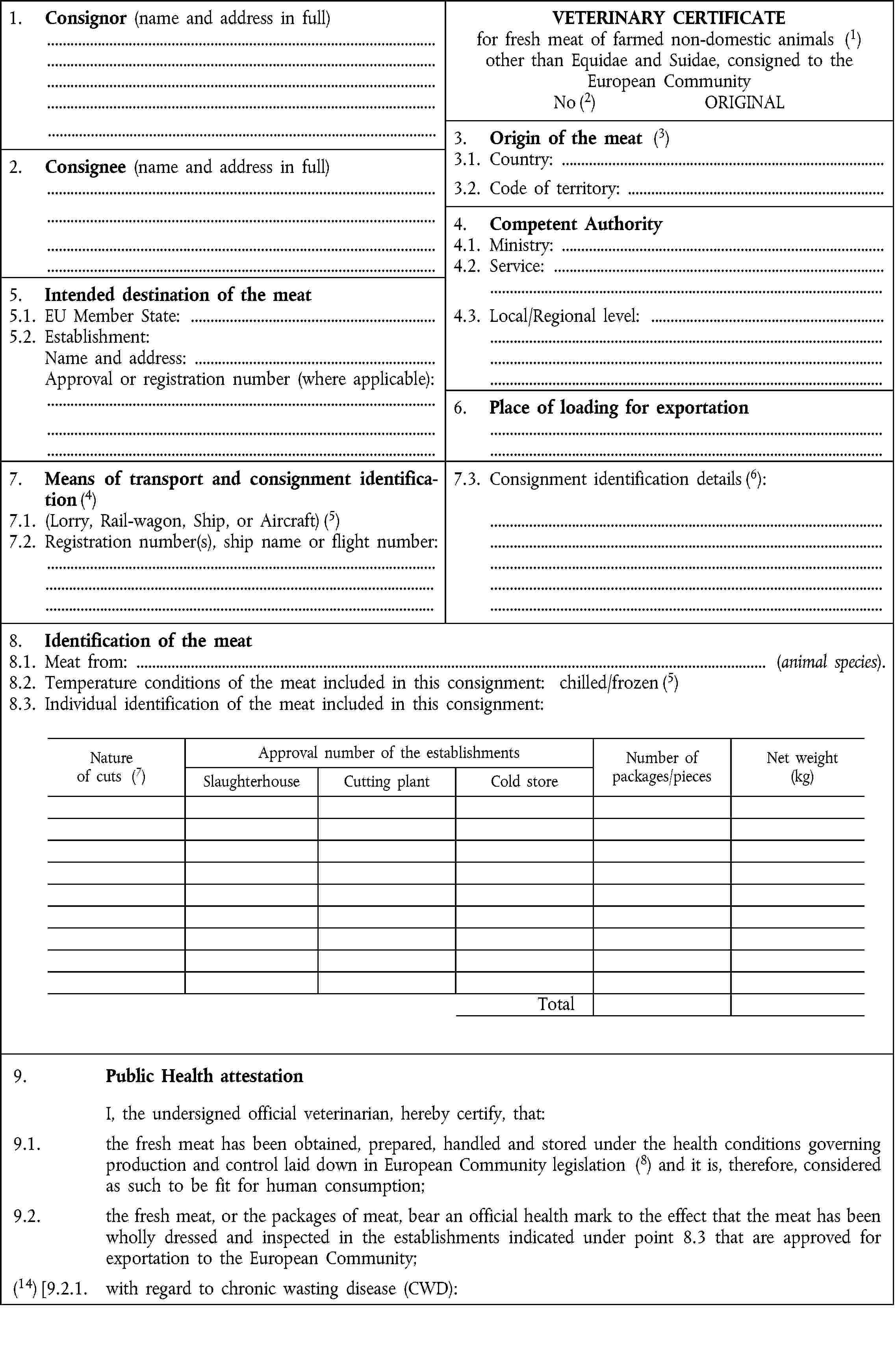 1. Consignor (name and address in full)VETERINARY CERTIFICATEfor fresh meat of farmed non-domestic animals (1)other than Equidae and Suidae, consigned to theEuropean CommunityNo (2) ORIGINAL3. Origin of the meat (3)2. Consignee (name and address in full)3.1. Country:3.2. Code of territory:4. Competent Authority4.1. Ministry:4.2. Service:5. Intended destination of the meat5.1. EU Member State:4.3. Local/Regional level:5.2. Establishment:Name and address:Approval or registration number (where applicable):6. Place of loading for exportation7. Means of transport and consignment identification (4)7.3. Consignment identification details (6):7.1. (Lorry, Rail-wagon, Ship, or Aircraft) (5)7.2. Registration number(s), ship name or flight number:8. Identification of the meat8.1. Meat from: (animal species).8.2. Temperature conditions of the meat included in this consignment: chilled/frozen (5)8.3. Individual identification of the meat included in this consignment:Natureof cuts (7)Approval number of the establishmentsNumber ofpackages/piecesNet weight(kg)SlaughterhouseCutting plantCold storeTotal9. Public Health attestationI, the undersigned official veterinarian, hereby certify, that:9.1. the fresh meat has been obtained, prepared, handled and stored under the health conditions governing production and control laid down in European Community legislation (8) and it is, therefore, considered as such to be fit for human consumption;9.2. the fresh meat, or the packages of meat, bear an official health mark to the effect that the meat has been wholly dressed and inspected in the establishments indicated under point 8.3 that are approved for exportation to the European Community;(14) [9.2.1. with regard to chronic wasting disease (CWD):