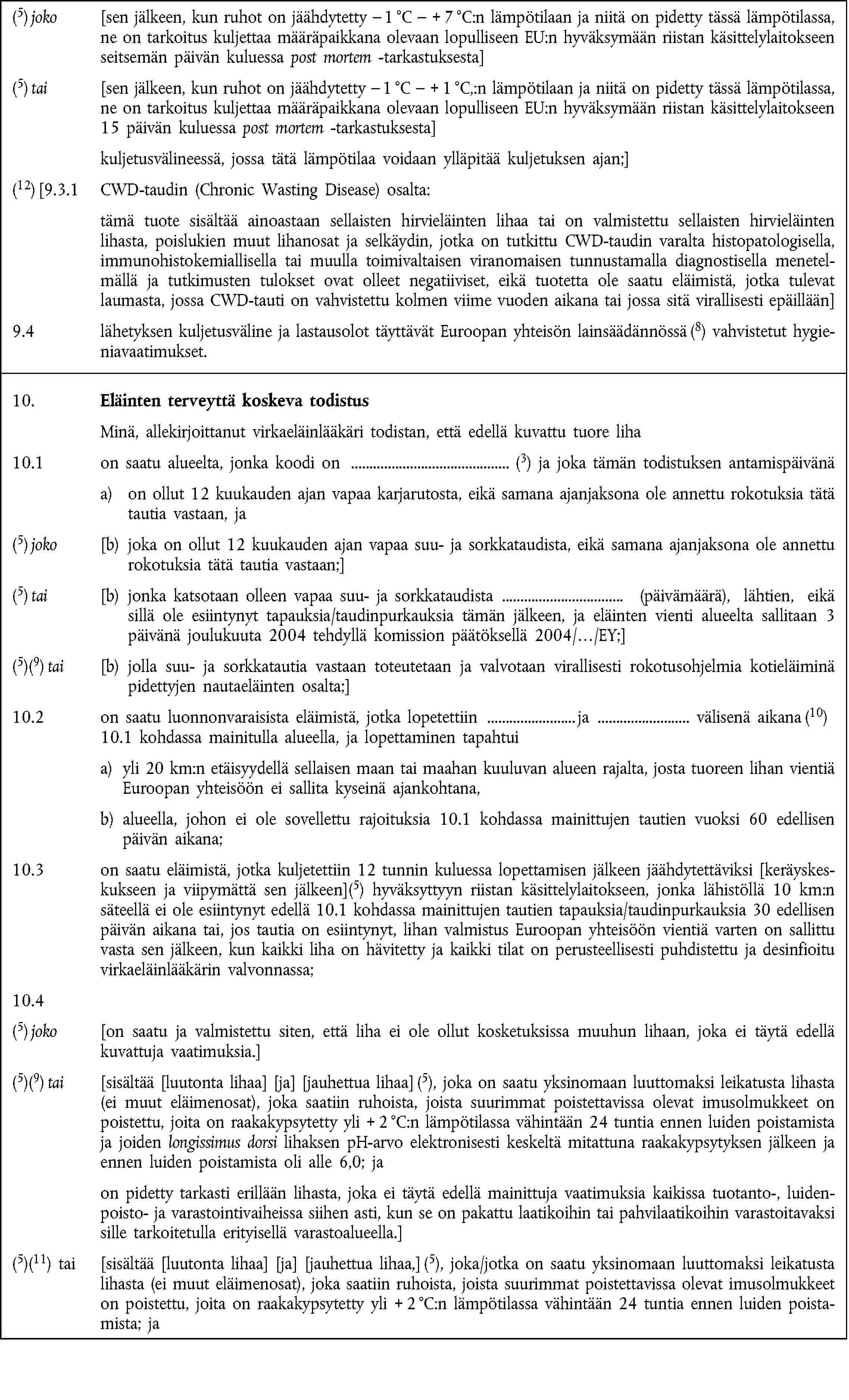 (5) joko [sen jälkeen, kun ruhot on jäähdytetty – 1 °C – + 7 °C:n lämpötilaan ja niitä on pidetty tässä lämpötilassa, ne on tarkoitus kuljettaa määräpaikkana olevaan lopulliseen EU:n hyväksymään riistan käsittelylaitokseen seitsemän päivän kuluessa post mortem -tarkastuksesta](5) tai [sen jälkeen, kun ruhot on jäähdytetty – 1 °C – + 1 °C,:n lämpötilaan ja niitä on pidetty tässä lämpötilassa, ne on tarkoitus kuljettaa määräpaikkana olevaan lopulliseen EU:n hyväksymään riistan käsittelylaitokseen 15 päivän kuluessa post mortem -tarkastuksesta]kuljetusvälineessä, jossa tätä lämpötilaa voidaan ylläpitää kuljetuksen ajan;](12) [9.3.1 CWD-taudin (Chronic Wasting Disease) osalta:tämä tuote sisältää ainoastaan sellaisten hirvieläinten lihaa tai on valmistettu sellaisten hirvieläinten lihasta, poislukien muut lihanosat ja selkäydin, jotka on tutkittu CWD-taudin varalta histopatologisella, immunohistokemiallisella tai muulla toimivaltaisen viranomaisen tunnustamalla diagnostisella menetelmällä ja tutkimusten tulokset ovat olleet negatiiviset, eikä tuotetta ole saatu eläimistä, jotka tulevat laumasta, jossa CWD-tauti on vahvistettu kolmen viime vuoden aikana tai jossa sitä virallisesti epäillään]9.4 lähetyksen kuljetusväline ja lastausolot täyttävät Euroopan yhteisön lainsäädännössä (8) vahvistetut hygieniavaatimukset.10. Eläinten terveyttä koskeva todistusMinä, allekirjoittanut virkaeläinlääkäri todistan, että edellä kuvattu tuore liha10.1 on saatu alueelta, jonka koodi on (3) ja joka tämän todistuksen antamispäivänäa) on ollut 12 kuukauden ajan vapaa karjarutosta, eikä samana ajanjaksona ole annettu rokotuksia tätä tautia vastaan, ja(5) joko [b) joka on ollut 12 kuukauden ajan vapaa suu- ja sorkkataudista, eikä samana ajanjaksona ole annettu rokotuksia tätä tautia vastaan;](5) tai [b) jonka katsotaan olleen vapaa suu- ja sorkkataudista (päivämäärä), lähtien, eikäsillä ole esiintynyt tapauksia/taudinpurkauksia tämän jälkeen, ja eläinten vienti alueelta sallitaan 3 päivänä joulukuuta 2004 tehdyllä komission päätöksellä 2004/…/EY;](5)(9) tai [b) jolla suu- ja sorkkatautia vastaan toteutetaan ja valvotaan virallisesti rokotusohjelmia kotieläiminä pidettyjen nautaeläinten osalta;]10.2 on saatu luonnonvaraisista eläimistä, jotka lopetettiin ja välisenä aikana (10)10.1 kohdassa mainitulla alueella, ja lopettaminen tapahtuia) yli 20 km:n etäisyydellä sellaisen maan tai maahan kuuluvan alueen rajalta, josta tuoreen lihan vientiä Euroopan yhteisöön ei sallita kyseinä ajankohtana,b) alueella, johon ei ole sovellettu rajoituksia 10.1 kohdassa mainittujen tautien vuoksi 60 edellisen päivän aikana;10.3 on saatu eläimistä, jotka kuljetettiin 12 tunnin kuluessa lopettamisen jälkeen jäähdytettäviksi [keräyskeskukseen ja viipymättä sen jälkeen](5) hyväksyttyyn riistan käsittelylaitokseen, jonka lähistöllä 10 km:n säteellä ei ole esiintynyt edellä 10.1 kohdassa mainittujen tautien tapauksia/taudinpurkauksia 30 edellisen päivän aikana tai, jos tautia on esiintynyt, lihan valmistus Euroopan yhteisöön vientiä varten on sallittu vasta sen jälkeen, kun kaikki liha on hävitetty ja kaikki tilat on perusteellisesti puhdistettu ja desinfioitu virkaeläinlääkärin valvonnassa;10.4(5) joko [on saatu ja valmistettu siten, että liha ei ole ollut kosketuksissa muuhun lihaan, joka ei täytä edellä kuvattuja vaatimuksia.](5)(9) tai [sisältää [luutonta lihaa] [ja] [jauhettua lihaa] (5), joka on saatu yksinomaan luuttomaksi leikatusta lihasta (ei muut eläimenosat), joka saatiin ruhoista, joista suurimmat poistettavissa olevat imusolmukkeet on poistettu, joita on raakakypsytetty yli + 2 °C:n lämpötilassa vähintään 24 tuntia ennen luiden poistamista ja joiden longissimus dorsi lihaksen pH-arvo elektronisesti keskeltä mitattuna raakakypsytyksen jälkeen ja ennen luiden poistamista oli alle 6,0; jaon pidetty tarkasti erillään lihasta, joka ei täytä edellä mainittuja vaatimuksia kaikissa tuotanto-, luidenpoisto- ja varastointivaiheissa siihen asti, kun se on pakattu laatikoihin tai pahvilaatikoihin varastoitavaksi sille tarkoitetulla erityisellä varastoalueella.](5)(11) tai [sisältää [luutonta lihaa] [ja] [jauhettua lihaa,] (5), joka/jotka on saatu yksinomaan luuttomaksi leikatusta lihasta (ei muut eläimenosat), joka saatiin ruhoista, joista suurimmat poistettavissa olevat imusolmukkeet on poistettu, joita on raakakypsytetty yli + 2 °C:n lämpötilassa vähintään 24 tuntia ennen luiden poistamista; ja