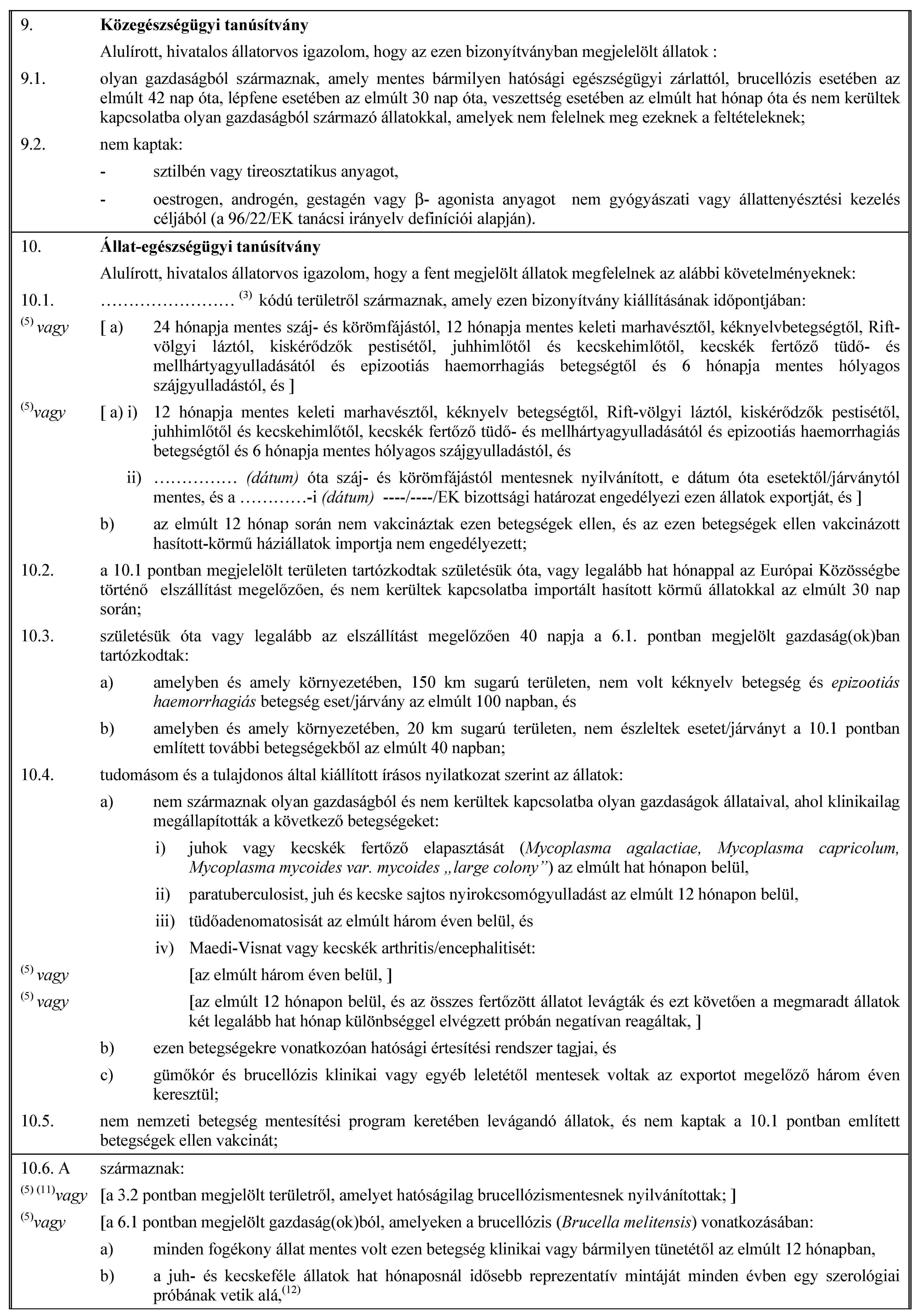 9. Közegészségügyi tanúsítványAlulírott, hivatalos állatorvos igazolom, hogy az ezen bizonyítványban megjelelölt állatok :9.1. olyan gazdaságból származnak, amely mentes bármilyen hatósági egészségügyi zárlattól, brucellózis esetében az elmúlt 42 nap óta, lépfene esetében az elmúlt 30 nap óta, veszettség esetében az elmúlt hat hónap óta és nem kerültek kapcsolatba olyan gazdaságból származó állatokkal, amelyek nem felelnek meg ezeknek a feltételeknek;9.2. nem kaptak:- sztilbén vagy tireosztatikus anyagot,- oestrogen, androgén, gestagén vagy -- agonista anyagot nem gyógyászati vagy állattenyésztési kezelés céljából (a 96/22/EK tanácsi irányelv definíciói alapján).10. Állat-egészségügyi tanúsítványAlulírott, hivatalos állatorvos igazolom, hogy a fent megjelölt állatok megfelelnek az alábbi követelményeknek:10.1. … (3) kódú területről származnak, amely ezen bizonyítvány kiállításának időpontjában:(5) vagy [ a) 24 hónapja mentes száj- és körömfájástól, 12 hónapja mentes keleti marhavésztől, kéknyelvbetegségtől, Rift-völgyi láztól, kiskérődzők pestisétől, juhhimlőtől és kecskehimlőtől, kecskék fertőző tüdő- és mellhártyagyulladásától és epizootiás haemorrhagiás betegségtől és 6 hónapja mentes hólyagos szájgyulladástól, és ](5)vagy [ a) i) 12 hónapja mentes keleti marhavésztől, kéknyelv betegségtől, Rift-völgyi láztól, kiskérődzők pestisétől, juhhimlőtől és kecskehimlőtől, kecskék fertőző tüdő- és mellhártyagyulladásától és epizootiás haemorrhagiás betegségtől és 6 hónapja mentes hólyagos szájgyulladástól, ésii) … (dátum) óta száj- és körömfájástól mentesnek nyilvánított, e dátum óta esetektől/járványtól mentes, és a …-i (dátum) ----/----/EK bizottsági határozat engedélyezi ezen állatok exportját, és ]b) az elmúlt 12 hónap során nem vakcináztak ezen betegségek ellen, és az ezen betegségek ellen vakcinázott hasított-körmű háziállatok importja nem engedélyezett;10.2. a 10.1 pontban megjelelölt területen tartózkodtak születésük óta, vagy legalább hat hónappal az Európai Közösségbe történő elszállítást megelőzően, és nem kerültek kapcsolatba importált hasított körmű állatokkal az elmúlt 30 nap során;10.3. születésük óta vagy legalább az elszállítást megelőzően 40 napja a 6.1. pontban megjelölt gazdaság(ok)ban tartózkodtak:a) amelyben és amely környezetében, 150 km sugarú területen, nem volt kéknyelv betegség és epizootiás haemorrhagiás betegség eset/járvány az elmúlt 100 napban, ésb) amelyben és amely környezetében, 20 km sugarú területen, nem észleltek esetet/járványt a 10.1 pontban említett további betegségekből az elmúlt 40 napban;10.4. tudomásom és a tulajdonos által kiállított írásos nyilatkozat szerint az állatok:a) nem származnak olyan gazdaságból és nem kerültek kapcsolatba olyan gazdaságok állataival, ahol klinikailag megállapították a következő betegségeket:i) juhok vagy kecskék fertőző elapasztását (Mycoplasma agalactiae, Mycoplasma capricolum, Mycoplasma mycoides var. mycoides „large colony”) az elmúlt hat hónapon belül,ii) paratuberculosist, juh és kecske sajtos nyirokcsomógyulladást az elmúlt 12 hónapon belül,iii) tüdőadenomatosisát az elmúlt három éven belül, ésiv) Maedi-Visnat vagy kecskék arthritis/encephalitisét:(5) vagy [az elmúlt három éven belül, ](5) vagy [az elmúlt 12 hónapon belül, és az összes fertőzött állatot levágták és ezt követően a megmaradt állatok két legalább hat hónap különbséggel elvégzett próbán negatívan reagáltak, ]b) ezen betegségekre vonatkozóan hatósági értesítési rendszer tagjai, ésc) gümőkór és brucellózis klinikai vagy egyéb leletétől mentesek voltak az exportot megelőző három éven keresztül;10.5. nem nemzeti betegség mentesítési program keretében levágandó állatok, és nem kaptak a 10.1 pontban említett betegségek ellen vakcinát;10.6. A származnak:(5) (11)vagy [a 3.2 pontban megjelölt területről, amelyet hatóságilag brucellózismentesnek nyilvánítottak; ](5)vagy [a 6.1 pontban megjelölt gazdaság(ok)ból, amelyeken a brucellózis (Brucella melitensis) vonatkozásában:a) minden fogékony állat mentes volt ezen betegség klinikai vagy bármilyen tünetétől az elmúlt 12 hónapban,b) a juh- és kecskeféle állatok hat hónaposnál idősebb reprezentatív mintáját minden évben egy szerológiai próbának vetik alá,(12)