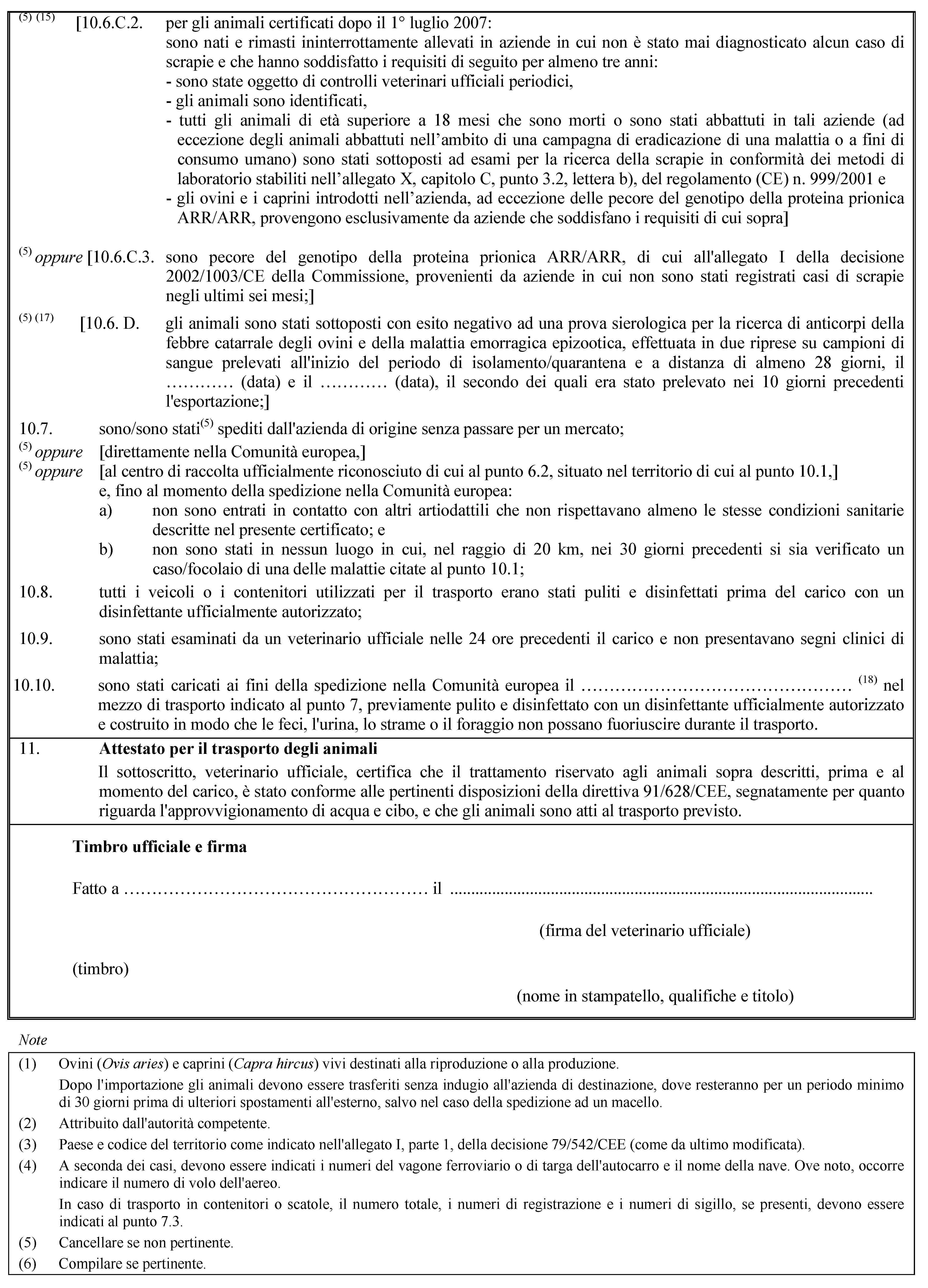 (5) (15) [10.6.C.2. per gli animali certificati dopo il 1° luglio 2007:sono nati e rimasti ininterrottamente allevati in aziende in cui non è stato mai diagnosticato alcun caso di scrapie e che hanno soddisfatto i requisiti di seguito per almeno tre anni:- sono state oggetto di controlli veterinari ufficiali periodici,- gli animali sono identificati,- tutti gli animali di età superiore a 18 mesi che sono morti o sono stati abbattuti in tali aziende (ad eccezione degli animali abbattuti nell’ambito di una campagna di eradicazione di una malattia o a fini di consumo umano) sono stati sottoposti ad esami per la ricerca della scrapie in conformità dei metodi di laboratorio stabiliti nell’allegato X, capitolo C, punto 3.2, lettera b), del regolamento (CE) n. 999/2001 e- gli ovini e i caprini introdotti nell’azienda, ad eccezione delle pecore del genotipo della proteina prionica ARR/ARR, provengono esclusivamente da aziende che soddisfano i requisiti di cui sopra](5) oppure [10.6.C.3. sono pecore del genotipo della proteina prionica ARR/ARR, di cui all'allegato I della decisione 2002/1003/CE della Commissione, provenienti da aziende in cui non sono stati registrati casi di scrapie negli ultimi sei mesi;](5) (17) [10.6. D. gli animali sono stati sottoposti con esito negativo ad una prova sierologica per la ricerca di anticorpi della febbre catarrale degli ovini e della malattia emorragica epizootica, effettuata in due riprese su campioni di sangue prelevati all'inizio del periodo di isolamento/quarantena e a distanza di almeno 28 giorni, il … (data) e il … (data), il secondo dei quali era stato prelevato nei 10 giorni precedenti l'esportazione;]10.7. sono/sono stati(5) spediti dall'azienda di origine senza passare per un mercato;(5) oppure [direttamente nella Comunità europea,](5) oppure [al centro di raccolta ufficialmente riconosciuto di cui al punto 6.2, situato nel territorio di cui al punto 10.1,]e, fino al momento della spedizione nella Comunità europea:a) non sono entrati in contatto con altri artiodattili che non rispettavano almeno le stesse condizioni sanitarie descritte nel presente certificato; eb) non sono stati in nessun luogo in cui, nel raggio di 20 km, nei 30 giorni precedenti si sia verificato un caso/focolaio di una delle malattie citate al punto 10.1;10.8. tutti i veicoli o i contenitori utilizzati per il trasporto erano stati puliti e disinfettati prima del carico con un disinfettante ufficialmente autorizzato;10.9. sono stati esaminati da un veterinario ufficiale nelle 24 ore precedenti il carico e non presentavano segni clinici di malattia;10.10. sono stati caricati ai fini della spedizione nella Comunità europea il … (18) nel mezzo di trasporto indicato al punto 7, previamente pulito e disinfettato con un disinfettante ufficialmente autorizzato e costruito in modo che le feci, l'urina, lo strame o il foraggio non possano fuoriuscire durante il trasporto.11. Attestato per il trasporto degli animaliIl sottoscritto, veterinario ufficiale, certifica che il trattamento riservato agli animali sopra descritti, prima e al momento del carico, è stato conforme alle pertinenti disposizioni della direttiva 91/628/CEE, segnatamente per quanto riguarda l'approvvigionamento di acqua e cibo, e che gli animali sono atti al trasporto previsto.Timbro ufficiale e firmaFatto a … il(firma del veterinario ufficiale)(timbro)(nome in stampatello, qualifiche e titolo)Note(1) Ovini (Ovis aries) e caprini (Capra hircus) vivi destinati alla riproduzione o alla produzione.Dopo l'importazione gli animali devono essere trasferiti senza indugio all'azienda di destinazione, dove resteranno per un periodo minimo di 30 giorni prima di ulteriori spostamenti all'esterno, salvo nel caso della spedizione ad un macello.(2) Attribuito dall'autorità competente.(3) Paese e codice del territorio come indicato nell'allegato I, parte 1, della decisione 79/542/CEE (come da ultimo modificata).(4) A seconda dei casi, devono essere indicati i numeri del vagone ferroviario o di targa dell'autocarro e il nome della nave. Ove noto, occorre indicare il numero di volo dell'aereo.In caso di trasporto in contenitori o scatole, il numero totale, i numeri di registrazione e i numeri di sigillo, se presenti, devono essere indicati al punto 7.3.(5) Cancellare se non pertinente.(6) Compilare se pertinente.