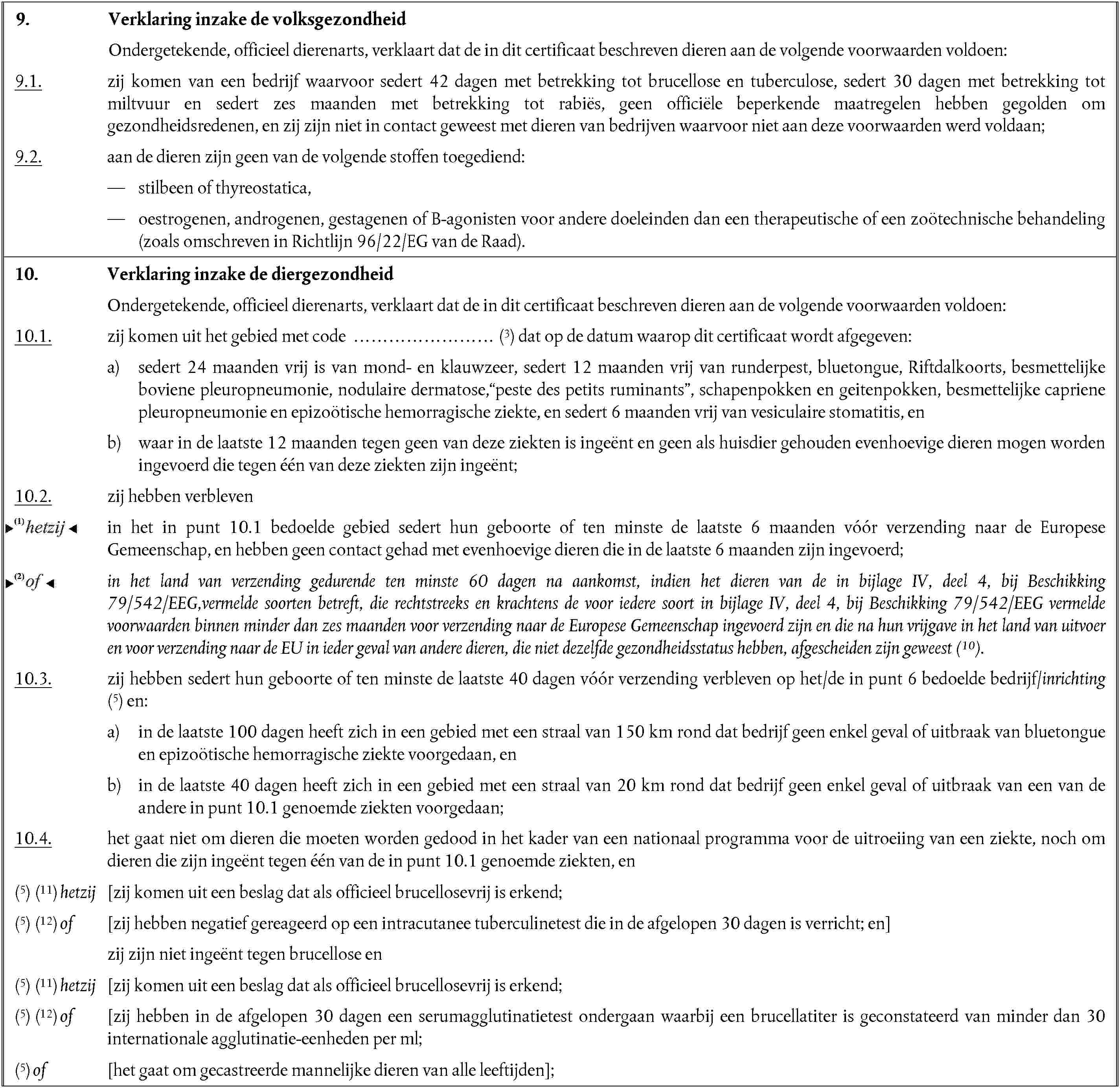 9. Verklaring inzake de volksgezondheidOndergetekende, officieel dierenarts, verklaart dat de in dit certificaat beschreven dieren aan de volgende voorwaarden voldoen:9.1. zij komen van een bedrijf waarvoor sedert 42 dagen met betrekking tot brucellose en tuberculose, sedert 30 dagen met betrekking tot miltvuur en sedert zes maanden met betrekking tot rabiës, geen officiële beperkende maatregelen hebben gegolden om gezondheidsredenen, en zij zijn niet in contact geweest met dieren van bedrijven waarvoor niet aan deze voorwaarden werd voldaan;9.2. aan de dieren zijn geen van de volgende stoffen toegediend:stilbeen of thyreostatica,oestrogenen, androgenen, gestagenen of B-agonisten voor andere doeleinden dan een therapeutische of een zoötechnische behandeling (zoals omschreven in Richtlijn 96/22/EG van de Raad).10. Verklaring inzake de diergezondheidOndergetekende, officieel dierenarts, verklaart dat de in dit certificaat beschreven dieren aan de volgende voorwaarden voldoen:10.1. zij komen uit het gebied met code …………………… (3) dat op de datum waarop dit certificaat wordt afgegeven:a) sedert 24 maanden vrij is van mond- en klauwzeer, sedert 12 maanden vrij van runderpest, bluetongue, Riftdalkoorts, besmettelijke boviene pleuropneumonie, nodulaire dermatose,peste des petits ruminants, schapenpokken en geitenpokken, besmettelijke capriene pleuropneumonie en epizoötische hemorragische ziekte, en sedert 6 maanden vrij van vesiculaire stomatitis, enb) waar in de laatste 12 maanden tegen geen van deze ziekten is ingeënt en geen als huisdier gehouden evenhoevige dieren mogen worden ingevoerd die tegen één van deze ziekten zijn ingeënt;10.2. zij hebben verblevensoit in het in punt 10.1 bedoelde gebied sedert hun geboorte of ten minste de laatste 6 maanden vóór verzending naar de Europese Gemeenschap, en hebben geen contact gehad met evenhoevige dieren die in de laatste 6 maanden zijn ingevoerd;ou in het land van verzending gedurende ten minste 60 dagen na aankomst, indien het dieren van de in bijlage IV, deel 4, bij Beschikking 79/542/EEG,vermelde soorten betreft, die rechtstreeks en krachtens de voor iedere soort in bijlage IV, deel 4, bij Beschikking 79/542/EEG vermelde voorwaarden binnen minder dan zes maanden voor verzending naar de Europese Gemeenschap ingevoerd zijn en die na hun vrijgave in het land van uitvoer en voor verzending naar de EU in ieder geval van andere dieren, die niet dezelfde gezondheidsstatus hebben, afgescheiden zijn geweest (10).10.3. zij hebben sedert hun geboorte of ten minste de laatste 40 dagen vóór verzending verbleven op het/de in punt 6 bedoelde bedrijf/inrichting (5) en:a) in de laatste 100 dagen heeft zich in een gebied met een straal van 150 km rond dat bedrijf geen enkel geval of uitbraak van bluetongue en epizoötische hemorragische ziekte voorgedaan, enb) in de laatste 40 dagen heeft zich in een gebied met een straal van 20 km rond dat bedrijf geen enkel geval of uitbraak van een van de andere in punt 10.1 genoemde ziekten voorgedaan;10.4. het gaat niet om dieren die moeten worden gedood in het kader van een nationaal programma voor de uitroeiing van een ziekte, noch om dieren die zijn ingeënt tegen één van de in punt 10.1 genoemde ziekten, en(5) (11) hetzij [zij komen uit een beslag dat als officieel brucellosevrij is erkend;(5) (12) of [zij hebben negatief gereageerd op een intracutanee tuberculinetest die in de afgelopen 30 dagen is verricht; en]zij zijn niet ingeënt tegen brucellose en(5) (11) hetzij [zij komen uit een beslag dat als officieel brucellosevrij is erkend;(5) (12) of [zij hebben in de afgelopen 30 dagen een serumagglutinatietest ondergaan waarbij een brucellatiter is geconstateerd van minder dan 30 internationale agglutinatie-eenheden per ml;(5) of [het gaat om gecastreerde mannelijke dieren van alle leeftijden];