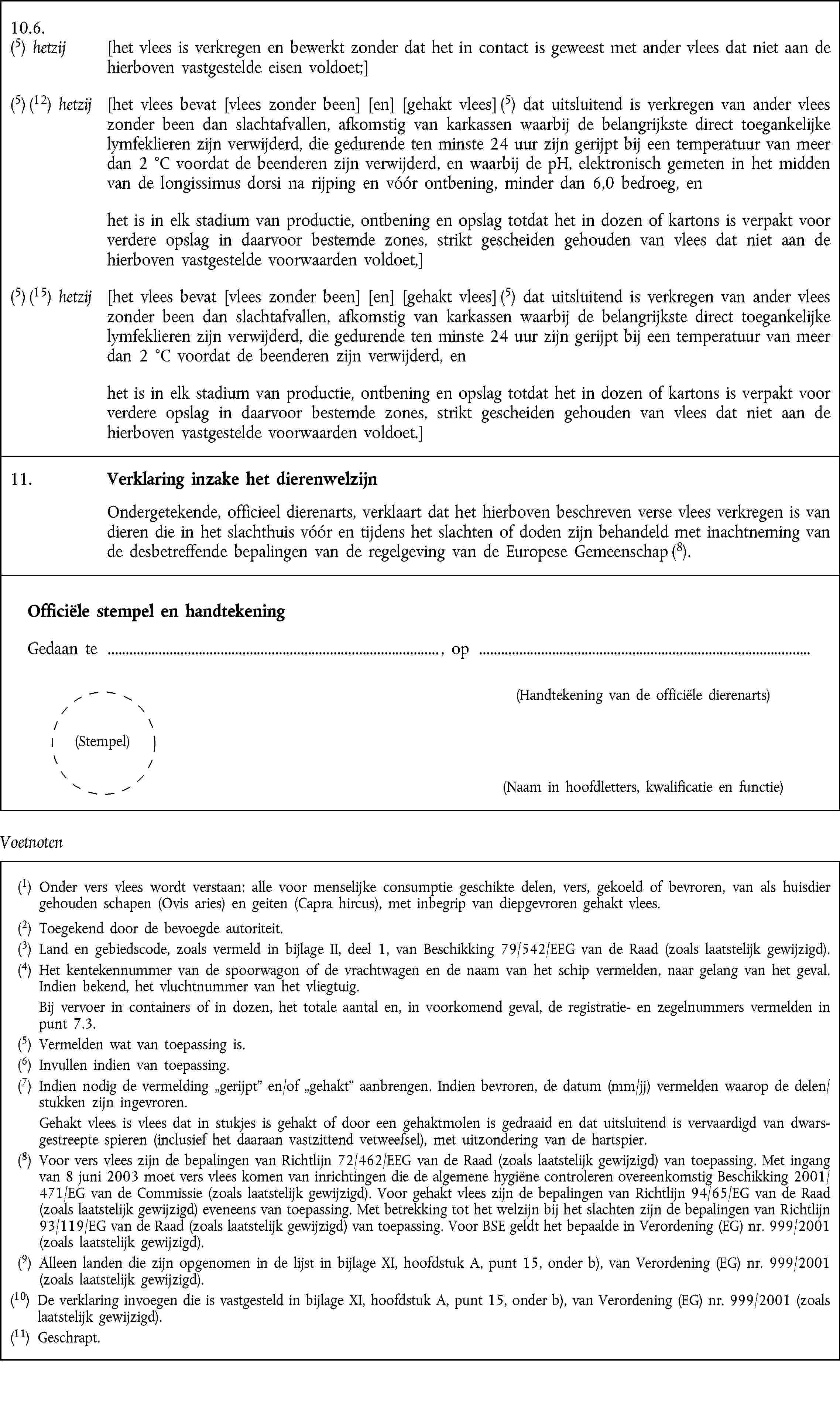 10.6.(5) hetzij [het vlees is verkregen en bewerkt zonder dat het in contact is geweest met ander vlees dat niet aan de hierboven vastgestelde eisen voldoet;](5) (12) hetzij [het vlees bevat [vlees zonder been] [en] [gehakt vlees] (5) dat uitsluitend is verkregen van ander vlees zonder been dan slachtafvallen, afkomstig van karkassen waarbij de belangrijkste direct toegankelijke lymfeklieren zijn verwijderd, die gedurende ten minste 24 uur zijn gerijpt bij een temperatuur van meer dan 2 °C voordat de beenderen zijn verwijderd, en waarbij de pH, elektronisch gemeten in het midden van de longissimus dorsi na rijping en vóór ontbening, minder dan 6,0 bedroeg, enhet is in elk stadium van productie, ontbening en opslag totdat het in dozen of kartons is verpakt voor verdere opslag in daarvoor bestemde zones, strikt gescheiden gehouden van vlees dat niet aan de hierboven vastgestelde voorwaarden voldoet,](5) (15) hetzij [het vlees bevat [vlees zonder been] [en] [gehakt vlees] (5) dat uitsluitend is verkregen van ander vlees zonder been dan slachtafvallen, afkomstig van karkassen waarbij de belangrijkste direct toegankelijke lymfeklieren zijn verwijderd, die gedurende ten minste 24 uur zijn gerijpt bij een temperatuur van meer dan 2 °C voordat de beenderen zijn verwijderd, enhet is in elk stadium van productie, ontbening en opslag totdat het in dozen of kartons is verpakt voor verdere opslag in daarvoor bestemde zones, strikt gescheiden gehouden van vlees dat niet aan de hierboven vastgestelde voorwaarden voldoet.]11. Verklaring inzake het dierenwelzijn Ondergetekende, officieel dierenarts, verklaart dat het hierboven beschreven verse vlees verkregen is van dieren die in het slachthuis vóór en tijdens het slachten of doden zijn behandeld met inachtneming van de desbetreffende bepalingen van de regelgeving van de Europese Gemeenschap (8).Officiële stempel en handtekening Gedaan te , op (Handtekening van de officiële dierenarts) (Stempel) (Naam in hoofdletters, kwalificatie en functie)Voetnoten(1) Onder vers vlees wordt verstaan: alle voor menselijke consumptie geschikte delen, vers, gekoeld of bevroren, van als huisdier gehouden schapen (Ovis aries) en geiten (Capra hircus), met inbegrip van diepgevroren gehakt vlees.(2) Toegekend door de bevoegde autoriteit.(3) Land en gebiedscode, zoals vermeld in bijlage II, deel 1, van Beschikking 79/542/EEG van de Raad (zoals laatstelijk gewijzigd).(4) Het kentekennummer van de spoorwagon of de vrachtwagen en de naam van het schip vermelden, naar gelang van het geval. Indien bekend, het vluchtnummer van het vliegtuig. Bij vervoer in containers of in dozen, het totale aantal en, in voorkomend geval, de registratie- en zegelnummers vermelden in punt 7.3.(5) Vermelden wat van toepassing is.(6) Invullen indien van toepassing.(7) Indien nodig de vermelding gerijpt en/of gehakt aanbrengen. Indien bevroren, de datum (mm/jj) vermelden waarop de delen/stukken zijn ingevroren. Gehakt vlees is vlees dat in stukjes is gehakt of door een gehaktmolen is gedraaid en dat uitsluitend is vervaardigd van dwarsgestreepte spieren (inclusief het daaraan vastzittend vetweefsel), met uitzondering van de hartspier.(8) Voor vers vlees zijn de bepalingen van Richtlijn 72/462/EEG van de Raad (zoals laatstelijk gewijzigd) van toepassing. Met ingang van 8 juni 2003 moet vers vlees komen van inrichtingen die de algemene hygiëne controleren overeenkomstig Beschikking 2001/471/EG van de Commissie (zoals laatstelijk gewijzigd). Voor gehakt vlees zijn de bepalingen van Richtlijn 94/65/EG van de Raad (zoals laatstelijk gewijzigd) eveneens van toepassing. Met betrekking tot het welzijn bij het slachten zijn de bepalingen van Richtlijn 93/119/EG van de Raad (zoals laatstelijk gewijzigd) van toepassing. Voor BSE geldt het bepaalde in Verordening (EG) nr. 999/2001 (zoals laatstelijk gewijzigd).(9) Alleen landen die zijn opgenomen in de lijst in bijlage XI, hoofdstuk A, punt 15, onder b), van Verordening (EG) nr. 999/2001 (zoals laatstelijk gewijzigd).(10) De verklaring invoegen die is vastgesteld in bijlage XI, hoofdstuk A, punt 15, onder b), van Verordening (EG) nr. 999/2001 (zoals laatstelijk gewijzigd).(11) Geschrapt.