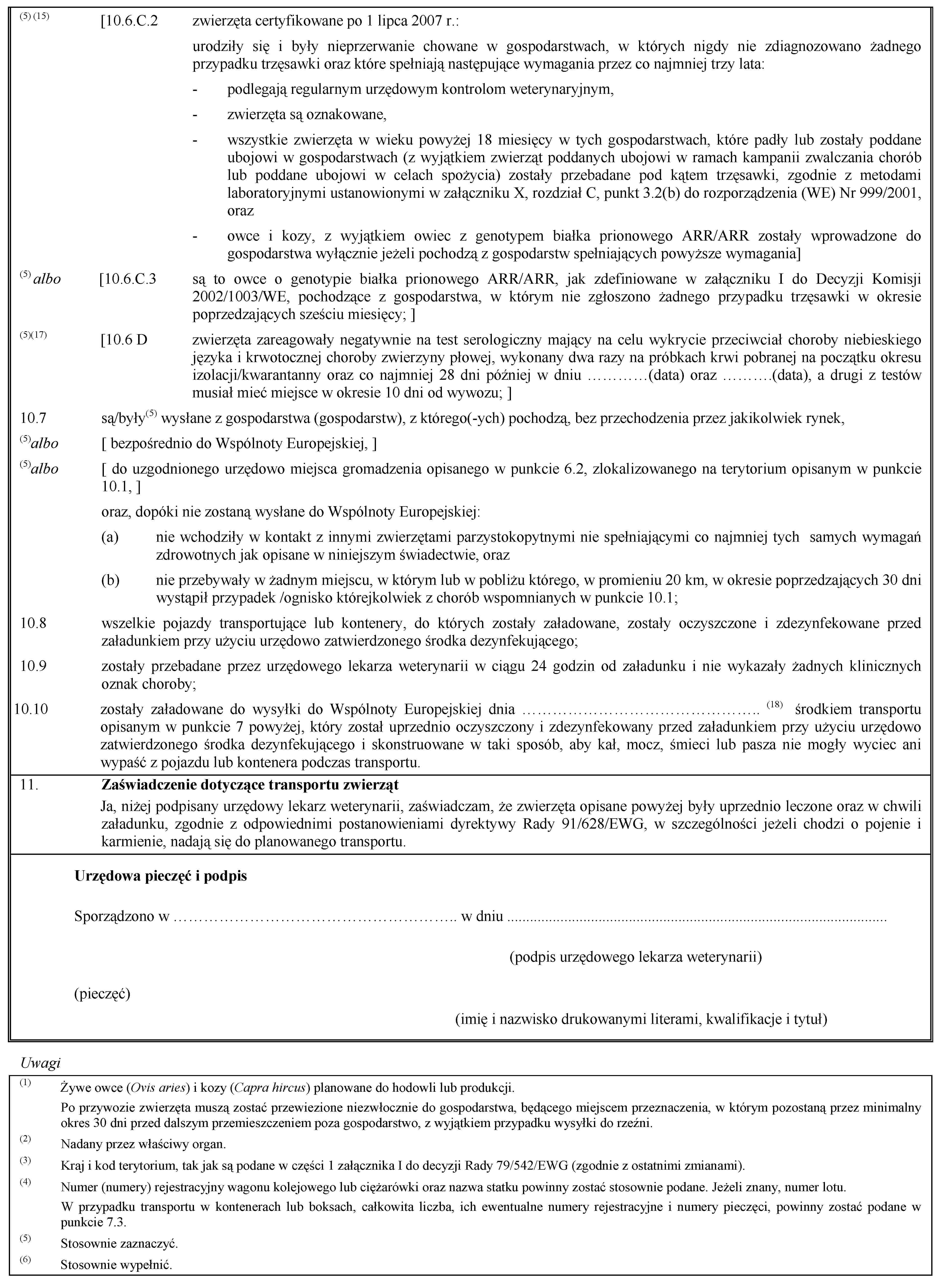 (5) (15) [10.6.C.2 zwierzęta certyfikowane po 1 lipca 2007 r.:urodziły się i były nieprzerwanie chowane w gospodarstwach, w których nigdy nie zdiagnozowano żadnego przypadku trzęsawki oraz które spełniają następujące wymagania przez co najmniej trzy lata:- podlegają regularnym urzędowym kontrolom weterynaryjnym,- zwierzęta są oznakowane,- wszystkie zwierzęta w wieku powyżej 18 miesięcy w tych gospodarstwach, które padły lub zostały poddane ubojowi w gospodarstwach (z wyjątkiem zwierząt poddanych ubojowi w ramach kampanii zwalczania chorób lub poddane ubojowi w celach spożycia) zostały przebadane pod kątem trzęsawki, zgodnie z metodami laboratoryjnymi ustanowionymi w załączniku X, rozdział C, punkt 3.2(b) do rozporządzenia (WE) Nr 999/2001, oraz- owce i kozy, z wyjątkiem owiec z genotypem białka prionowego ARR/ARR zostały wprowadzone do gospodarstwa wyłącznie jeżeli pochodzą z gospodarstw spełniających powyższe wymagania](5) albo [10.6.C.3 są to owce o genotypie białka prionowego ARR/ARR, jak zdefiniowane w załączniku I do Decyzji Komisji 2002/1003/WE, pochodzące z gospodarstwa, w którym nie zgłoszono żadnego przypadku trzęsawki w okresie poprzedzających sześciu miesięcy; ](5)(17) [10.6 D zwierzęta zareagowały negatywnie na test serologiczny mający na celu wykrycie przeciwciał choroby niebieskiego języka i krwotocznej choroby zwierzyny płowej, wykonany dwa razy na próbkach krwi pobranej na początku okresu izolacji/kwarantanny oraz co najmniej 28 dni później w dniu …(data) oraz …(data), a drugi z testów musiał mieć miejsce w okresie 10 dni od wywozu; ]10.7 są/były(5) wysłane z gospodarstwa (gospodarstw), z którego(-ych) pochodzą, bez przechodzenia przez jakikolwiek rynek,(5)albo [ bezpośrednio do Wspólnoty Europejskiej, ](5)albo [ do uzgodnionego urzędowo miejsca gromadzenia opisanego w punkcie 6.2, zlokalizowanego na terytorium opisanym w punkcie 10.1, ]oraz, dopóki nie zostaną wysłane do Wspólnoty Europejskiej:(a) nie wchodziły w kontakt z innymi zwierzętami parzystokopytnymi nie spełniającymi co najmniej tych samych wymagań zdrowotnych jak opisane w niniejszym świadectwie, oraz(b) nie przebywały w żadnym miejscu, w którym lub w pobliżu którego, w promieniu 20 km, w okresie poprzedzających 30 dni wystąpił przypadek /ognisko którejkolwiek z chorób wspomnianych w punkcie 10.1;10.8 wszelkie pojazdy transportujące lub kontenery, do których zostały załadowane, zostały oczyszczone i zdezynfekowane przed załadunkiem przy użyciu urzędowo zatwierdzonego środka dezynfekującego;10.9 zostały przebadane przez urzędowego lekarza weterynarii w ciągu 24 godzin od załadunku i nie wykazały żadnych klinicznych oznak choroby;10.10 zostały załadowane do wysyłki do Wspólnoty Europejskiej dnia … (18) środkiem transportu opisanym w punkcie 7 powyżej, który został uprzednio oczyszczony i zdezynfekowany przed załadunkiem przy użyciu urzędowo zatwierdzonego środka dezynfekującego i skonstruowane w taki sposób, aby kał, mocz, śmieci lub pasza nie mogły wyciec ani wypaść z pojazdu lub kontenera podczas transportu.11. Zaświadczenie dotyczące transportu zwierzątJa, niżej podpisany urzędowy lekarz weterynarii, zaświadczam, że zwierzęta opisane powyżej były uprzednio leczone oraz w chwili załadunku, zgodnie z odpowiednimi postanowieniami dyrektywy Rady 91/628/EWG, w szczególności jeżeli chodzi o pojenie i karmienie, nadają się do planowanego transportu.Urzędowa pieczęć i podpisSporządzono w … w dniu(podpis urzędowego lekarza weterynarii)(pieczęć)(imię i nazwisko drukowanymi literami, kwalifikacje i tytuł)Uwagi(1) Żywe owce (Ovis aries) i kozy (Capra hircus) planowane do hodowli lub produkcji.Po przywozie zwierzęta muszą zostać przewiezione niezwłocznie do gospodarstwa, będącego miejscem przeznaczenia, w którym pozostaną przez minimalny okres 30 dni przed dalszym przemieszczeniem poza gospodarstwo, z wyjątkiem przypadku wysyłki do rzeźni.(2) Nadany przez właściwy organ.(3) Kraj i kod terytorium, tak jak są podane w części 1 załącznika I do decyzji Rady 79/542/EWG (zgodnie z ostatnimi zmianami).(4) Numer (numery) rejestracyjny wagonu kolejowego lub ciężarówki oraz nazwa statku powinny zostać stosownie podane. Jeżeli znany, numer lotu.W przypadku transportu w kontenerach lub boksach, całkowita liczba, ich ewentualne numery rejestracyjne i numery pieczęci, powinny zostać podane w punkcie 7.3.(5) Stosownie zaznaczyć.(6) Stosownie wypełnić.