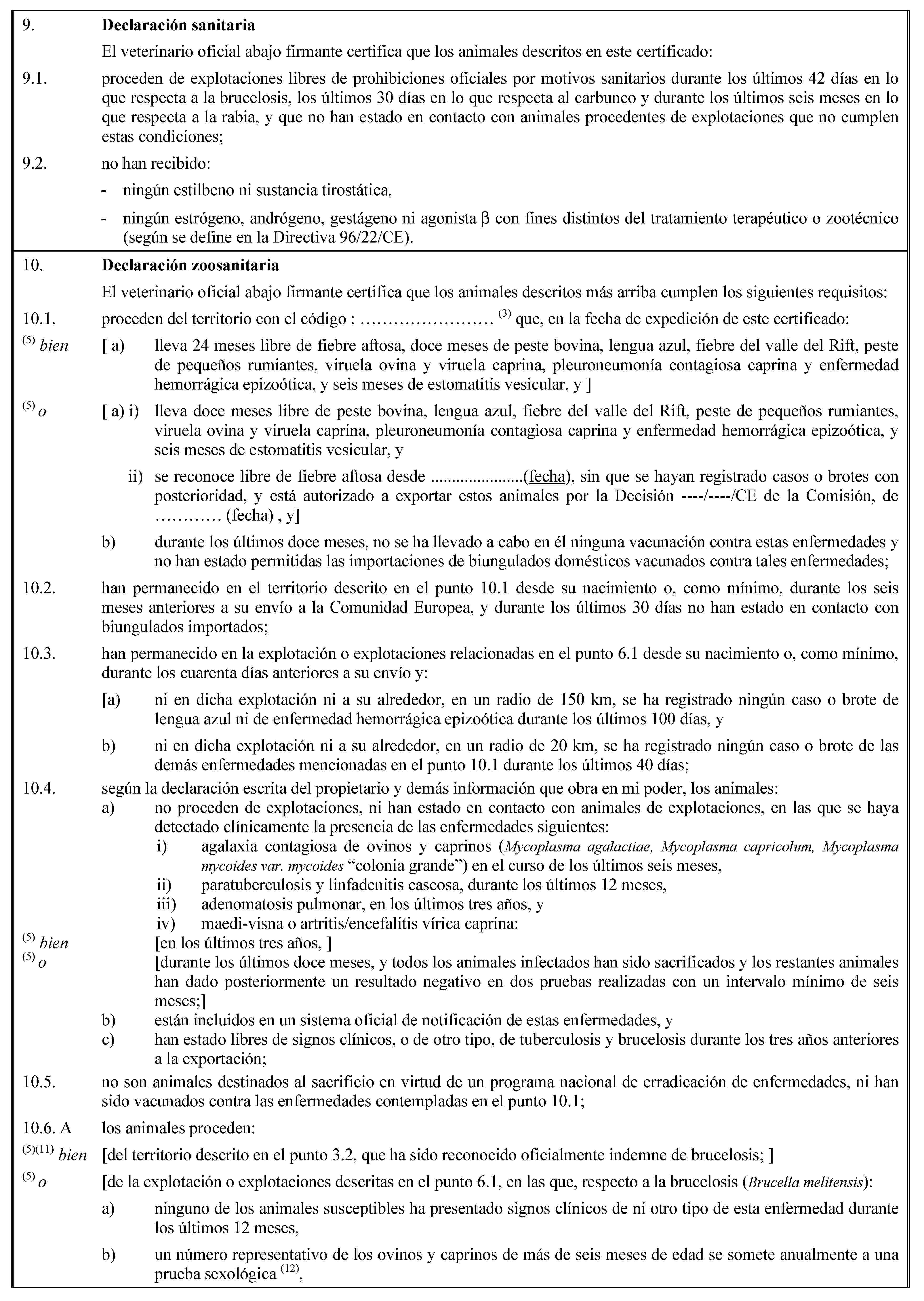 9. Declaración sanitariaEl veterinario oficial abajo firmante certifica que los animales descritos en este certificado:9.1. proceden de explotaciones libres de prohibiciones oficiales por motivos sanitarios durante los últimos 42 días en lo que respecta a la brucelosis, los últimos 30 días en lo que respecta al carbunco y durante los últimos seis meses en lo que respecta a la rabia, y que no han estado en contacto con animales procedentes de explotaciones que no cumplen estas condiciones;9.2. no han recibido:- ningún estilbeno ni sustancia tirostática,- ningún estrógeno, andrógeno, gestágeno ni agonista - con fines distintos del tratamiento terapéutico o zootécnico (según se define en la Directiva 96/22/CE).10. Declaración zoosanitariaEl veterinario oficial abajo firmante certifica que los animales descritos más arriba cumplen los siguientes requisitos:10.1. proceden del territorio con el código : … (3) que, en la fecha de expedición de este certificado:(5) bien [ a) lleva 24 meses libre de fiebre aftosa, doce meses de peste bovina, lengua azul, fiebre del valle del Rift, peste de pequeños rumiantes, viruela ovina y viruela caprina, pleuroneumonía contagiosa caprina y enfermedad hemorrágica epizoótica, y seis meses de estomatitis vesicular, y ](5) o [ a) i) lleva doce meses libre de peste bovina, lengua azul, fiebre del valle del Rift, peste de pequeños rumiantes, viruela ovina y viruela caprina, pleuroneumonía contagiosa caprina y enfermedad hemorrágica epizoótica, y seis meses de estomatitis vesicular, yii) se reconoce libre de fiebre aftosa desde …(fecha), sin que se hayan registrado casos o brotes con posterioridad, y está autorizado a exportar estos animales por la Decisión ----/----/CE de la Comisión, de … (fecha) , y]b) durante los últimos doce meses, no se ha llevado a cabo en él ninguna vacunación contra estas enfermedades y no han estado permitidas las importaciones de biungulados domésticos vacunados contra tales enfermedades;10.2. han permanecido en el territorio descrito en el punto 10.1 desde su nacimiento o, como mínimo, durante los seis meses anteriores a su envío a la Comunidad Europea, y durante los últimos 30 días no han estado en contacto con biungulados importados;10.3. han permanecido en la explotación o explotaciones relacionadas en el punto 6.1 desde su nacimiento o, como mínimo, durante los cuarenta días anteriores a su envío y:[a) ni en dicha explotación ni a su alrededor, en un radio de 150 km, se ha registrado ningún caso o brote de lengua azul ni de enfermedad hemorrágica epizoótica durante los últimos 100 días, yb) ni en dicha explotación ni a su alrededor, en un radio de 20 km, se ha registrado ningún caso o brote de las demás enfermedades mencionadas en el punto 10.1 durante los últimos 40 días;10.4. según la declaración escrita del propietario y demás información que obra en mi poder, los animales:a) no proceden de explotaciones, ni han estado en contacto con animales de explotaciones, en las que se haya detectado clínicamente la presencia de las enfermedades siguientes:i) agalaxia contagiosa de ovinos y caprinos (Mycoplasma agalactiae, Mycoplasma capricolum, Mycoplasma mycoides var. mycoides “colonia grande”) en el curso de los últimos seis meses,ii) paratuberculosis y linfadenitis caseosa, durante los últimos 12 meses,iii) adenomatosis pulmonar, en los últimos tres años, yiv) maedi-visna o artritis/encefalitis vírica caprina:(5) bien [en los últimos tres años, ](5) o [durante los últimos doce meses, y todos los animales infectados han sido sacrificados y los restantes animales han dado posteriormente un resultado negativo en dos pruebas realizadas con un intervalo mínimo de seis meses;]b) están incluidos en un sistema oficial de notificación de estas enfermedades, yc) han estado libres de signos clínicos, o de otro tipo, de tuberculosis y brucelosis durante los tres años anteriores a la exportación;10.5. no son animales destinados al sacrificio en virtud de un programa nacional de erradicación de enfermedades, ni han sido vacunados contra las enfermedades contempladas en el punto 10.1;10.6. A los animales proceden:(5)(11) bien [del territorio descrito en el punto 3.2, que ha sido reconocido oficialmente indemne de brucelosis; ](5) o [de la explotación o explotaciones descritas en el punto 6.1, en las que, respecto a la brucelosis (Brucella melitensis):a) ninguno de los animales susceptibles ha presentado signos clínicos de ni otro tipo de esta enfermedad durante los últimos 12 meses,b) un número representativo de los ovinos y caprinos de más de seis meses de edad se somete anualmente a una prueba sexológica (12),