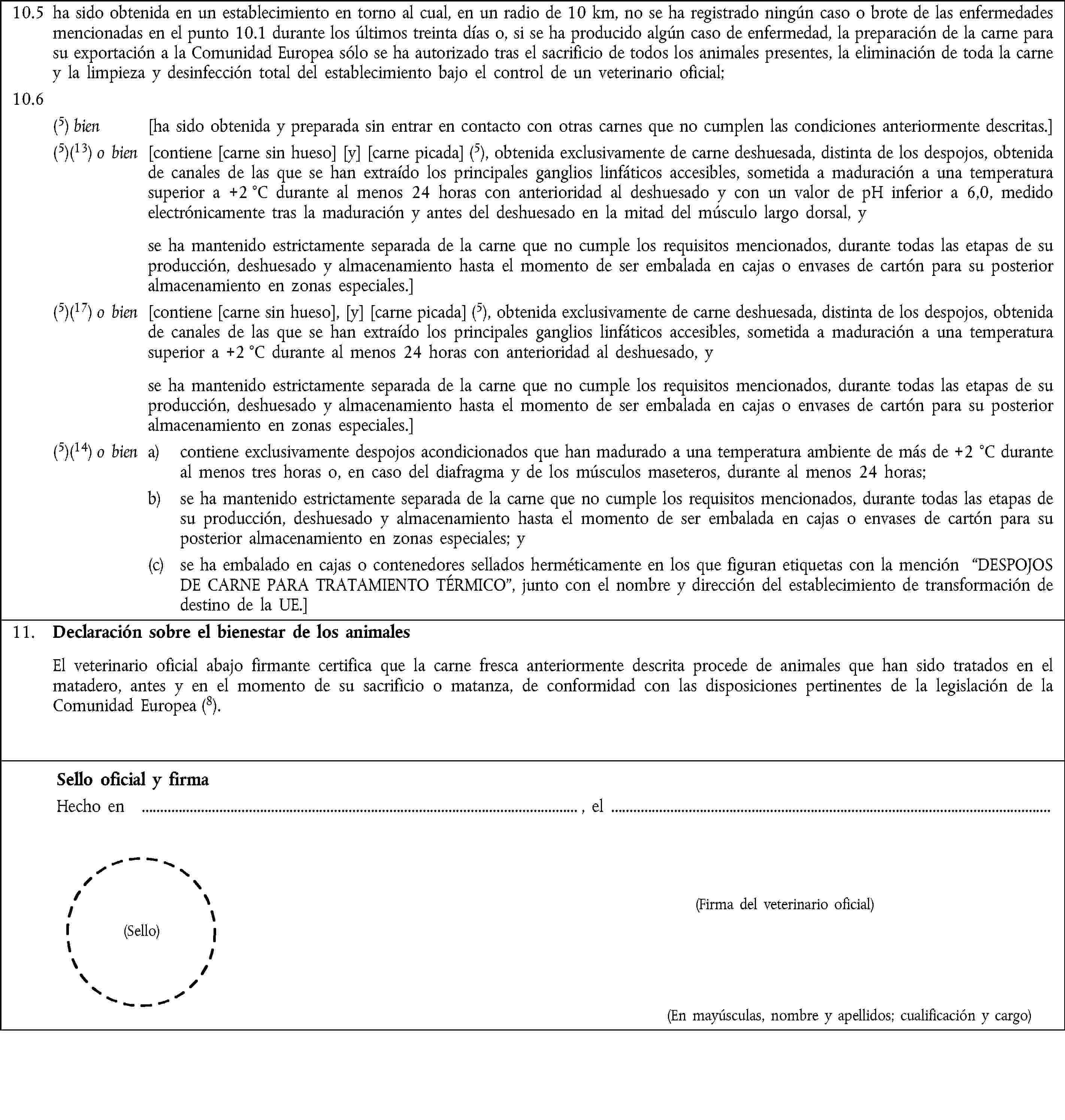 10.5 ha sido obtenida en un establecimiento en torno al cual, en un radio de 10 km, no se ha registrado ningún caso o brote de las enfermedades mencionadas en el punto 10.1 durante los últimos treinta días o, si se ha producido algún caso de enfermedad, la preparación de la carne para su exportación a la Comunidad Europea sólo se ha autorizado tras el sacrificio de todos los animales presentes, la eliminación de toda la carne y la limpieza y desinfección total del establecimiento bajo el control de un veterinario oficial;10.6(5) bien [ha sido obtenida y preparada sin entrar en contacto con otras carnes que no cumplen las condiciones anteriormente descritas.](5)(13) o bien [contiene [carne sin hueso] [y] [carne picada] (5), obtenida exclusivamente de carne deshuesada, distinta de los despojos, obtenida de canales de las que se han extraído los principales ganglios linfáticos accesibles, sometida a maduración a una temperatura superior a +2 °C durante al menos 24 horas con anterioridad al deshuesado y con un valor de pH inferior a 6,0, medido electrónicamente tras la maduración y antes del deshuesado en la mitad del músculo largo dorsal, y se ha mantenido estrictamente separada de la carne que no cumple los requisitos mencionados, durante todas las etapas de su producción, deshuesado y almacenamiento hasta el momento de ser embalada en cajas o envases de cartón para su posterior almacenamiento en zonas especiales.](5)(17) o bien [contiene [carne sin hueso], [y] [carne picada] (5), obtenida exclusivamente de carne deshuesada, distinta de los despojos, obtenida de canales de las que se han extraído los principales ganglios linfáticos accesibles, sometida a maduración a una temperatura superior a +2 °C durante al menos 24 horas con anterioridad al deshuesado, y se ha mantenido estrictamente separada de la carne que no cumple los requisitos mencionados, durante todas las etapas de su producción, deshuesado y almacenamiento hasta el momento de ser embalada en cajas o envases de cartón para su posterior almacenamiento en zonas especiales.](5)(14) o bien a) contiene exclusivamente despojos acondicionados que han madurado a una temperatura ambiente de más de +2 °C durante al menos tres horas o, en caso del diafragma y de los músculos maseteros, durante al menos 24 horas;b) se ha mantenido estrictamente separada de la carne que no cumple los requisitos mencionados, durante todas las etapas de su producción, deshuesado y almacenamiento hasta el momento de ser embalada en cajas o envases de cartón para su posterior almacenamiento en zonas especiales; y(c) se ha embalado en cajas o contenedores sellados herméticamente en los que figuran etiquetas con la mención “DESPOJOS DE CARNE PARA TRATAMIENTO TÉRMICO”, junto con el nombre y dirección del establecimiento de transformación de destino de la UE.]11. Declaración sobre el bienestar de los animalesEl veterinario oficial abajo firmante certifica que la carne fresca anteriormente descrita procede de animales que han sido tratados en el matadero, antes y en el momento de su sacrificio o matanza, de conformidad con las disposiciones pertinentes de la legislación de la Comunidad Europea (8).Sello oficial y firmaHecho en , el(Firma del veterinario oficial)(Sello)(En mayúsculas, nombre y apellidos; cualificación y cargo)