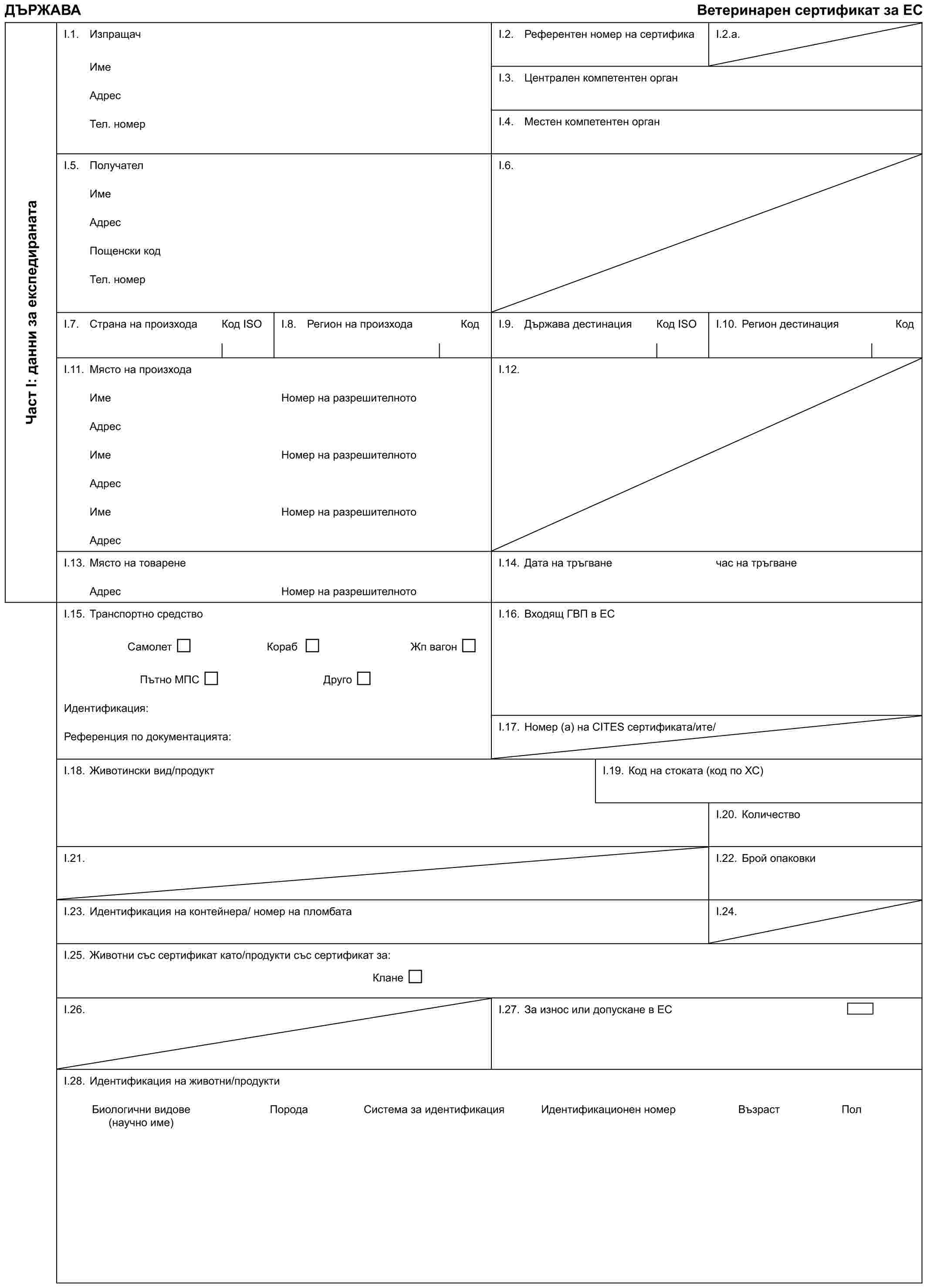 ДЪРЖАВАВетеринарен сертификат за ЕСЧаст I: данни за експедиранатаI.1. ИзпращачИмеАдресТел. номерI.2. Референтен номер на сертификаI.2.a.I.3. Централен компетентен органI.4. Местен компетентен органI.5. ПолучателИмеАдресПощенски кодТел. номерI.6.I.7. Страна на произхода Код IЅОI.8. Регион на произхода КодI.9. Държава дестинация Код IЅОI.10. Регион дестинация КодI.11. Място на произходаИмеАдресИмеАдресИмеАдресНомер на разрешителнотоНомер на разрешителнотоНомер на разрешителнотоI.12.I.13. Място на товаренеАдресНомер на разрешителнотоI.14. Дата на тръгванечас на тръгванеI.15. Транспортно средствоСамолетКорабЖп вагонПътно МПСДругоИдентификация:Референция по документацията:I.16. Входящ ГВП в ЕСI.17. Номер (а) на CITES сертификата/итe/I.18. Животински вид/продуктI.19. Код на стоката (код по ХС)I.20. КоличествоI.21.I.22. Брой опаковкиI.23. Идентификация на контейнера/ номер на пломбатаI.24.I.25. Животни със сертификат като/продукти със сертификат за:КланеI.26.I.27. За износ или допускане в ЕСI.28. Идентификация на животни/продуктиБиологични видовеПородаСистема за идентификацияИдентификационен номерВъзрастПол(научно име)