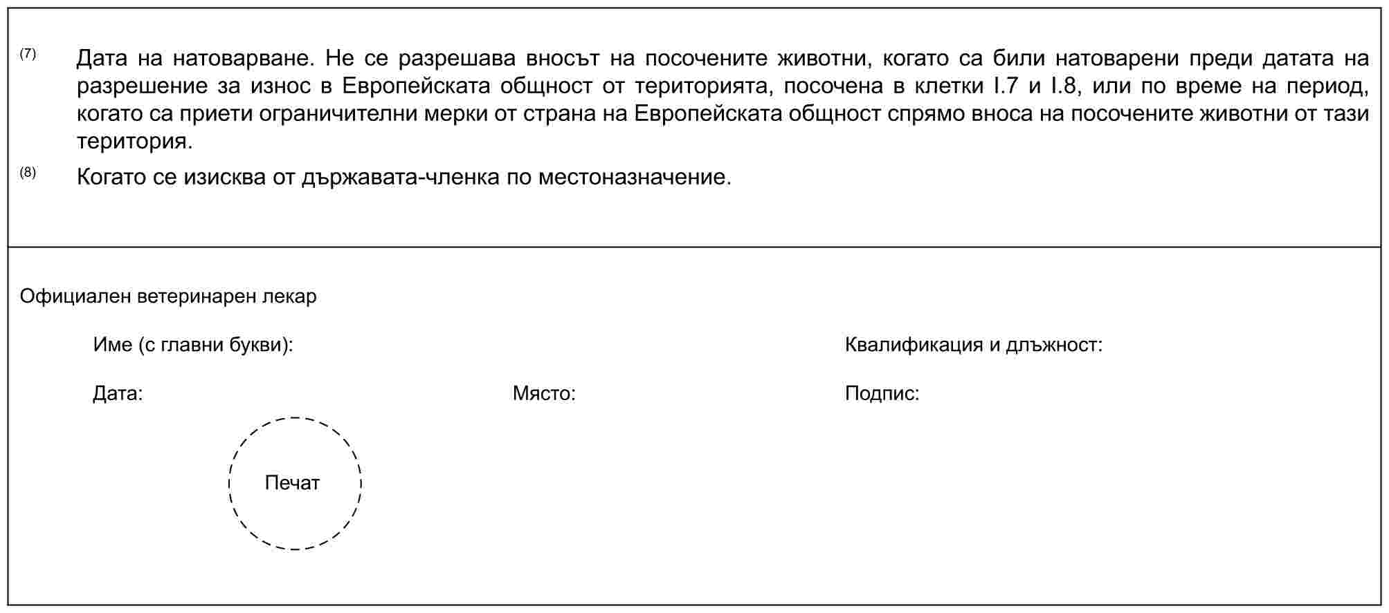 (7) Дата на натоварване. Не се разрешава вносът на посочените животни, когато са били натоварени преди датата на разрешение за износ в Европейската общност от територията, посочена в клетки I.7 и I.8, или по време на период, когато са приети ограничителни мерки от страна на Европейската общност спрямо вноса на посочените животни от тази територия.(8) Когато се изисква от държавата-членка по местоназначение.Официален ветеринарен лекарИме (с главни букви): Квалификация и длъжност:Дата: Място: Подпис:Печат